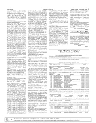 Minas Gerais 	Diário do Executivo	 sexta-feira, 01 de Julho de 2022 – 27
Licenças concedidas, no interior e na sede, nos termos da Lei
Complementar 138, de 28/04/2016, combinado com o art. 2º, §2º do
Decreto 47.000, de 18/05/2016, observado o disposto na Lei 869, de
05/07/1952 e no Decreto 46.061, de 10/10/2012.
Órgão SRE Masp Nome Cargo Adm Localidade Período Artigo
Secretaria de Estado de Educacao 26ª SRE - Paracatu, 10677375
Sandra Mara da Silva – PEB – 1 - Joao Pinheiro - 60 - 15/02/2022
A 15/04/2022 - , 10677375 Sandra Mara da Silva – PEB – 1 - Joao
Pinheiro - 60 - 15/06/2022 A 13/08/2022 - , 10677375 Sandra Mara
da Silva – PEB – 1 - Joao Pinheiro - 60 - 16/04/2022 A 14/06/2022
- , 10677375 Sandra Mara da Silva – PEB – 1 - Joao Pinheiro - 60
- 17/12/2021 A 14/02/2022 - , 10827061 Ivone Aparecida Gomes da
Silva – PEB – 1 - Joao Pinheiro - 60 - 07/10/2020 A 05/12/2020 -
COMUNICAÇÃO : 1306/2022
REGIONAL : Uberlandia
Licenças concedidas, no interior e na sede nos termos da Lei 869/52,
combinado com o Decreto 46.061 de 10/10/2012.
Órgão SRE Masp Nome Cargo Adm Localidade Período Artigo
Secretaria de Estado de Educacao 40ª SRE - Uberlandia, 06119754
Joselma Emidio Lima – PEB – 1 - Araguari - 5 - 07/12/2021 A
11/12/2021 - 158.I, 06119754 Joselma Emidio Lima – PEB – 4 -
Araguari - 5 - 07/12/2021 A 11/12/2021 - 158.I, 06119754 Joselma
Emidio Lima – PEB – 1 - Araguari - 5 - 13/12/2021 A 17/12/2021
- 158.I, 06119754 Joselma Emidio Lima – PEB – 4 - Araguari - 5 -
13/12/2021 A 17/12/2021 - 158.I, 06119754 Joselma Emidio Lima –
PEB – 1 - Araguari - 60 - 27/04/2022 A 25/06/2022 - 158.I, 06119754
Joselma Emidio Lima – PEB – 4 - Araguari - 60 - 27/04/2022 A
25/06/2022 - 158.I, 10652535 Renata de Souza Barbosa – PEB – 1 -
Uberlandia - 3 - 02/06/2022 A 04/06/2022 - 158.I, 10652535 Renata de
Souza Barbosa – PEB – 1 - Uberlandia - 5 - 16/02/2022 A 20/02/2022 -
158.I, 10652535 Renata de Souza Barbosa – PEB – 1 - Uberlandia - 1 -
26/05/2022A26/05/2022 - 158.I, 10652535 Renata de Souza Barbosa –
PEB – 1 - Uberlandia - 3 - 30/05/2022 A 01/06/2022 - 158.I, 11075124
Jussara Caetano Almeida Moreira – PEB – 1 - Prata - 30 - 22/09/2021
A 21/10/2021 - 158.I, 11075124 Jussara Caetano Almeida Moreira
– PEB – 1 - Prata - 8 - 24/06/2022 A 01/07/2022 - 158.I, 11075124
Jussara Caetano Almeida Moreira – PEB – 1 - Prata - 30 - 24/11/2021
A 23/12/2021 - 158.I, 11075124 Jussara Caetano Almeida Moreira –
PEB – 1 - Prata - 30 - 25/05/2022 A 23/06/2022 - 158.I, 11075124
Jussara Caetano Almeida Moreira – PEB – 1 - Prata - 30 - 25/10/2021
A 23/11/2021 - 158.I, 11075124 Jussara Caetano Almeida Moreira –
PEB – 1 - Prata - 30 - 26/02/2022 A 27/03/2022 - 158.I, 11075124
Jussara Caetano Almeida Moreira – PEB – 1 - Prata - 28 - 27/04/2022
A 24/05/2022 - 158.I, 11075124 Jussara Caetano Almeida Moreira –
PEB – 1 - Prata - 30 - 28/03/2022 A 26/04/2022 - 158.I, 12446399
Patricia Afonso Ferreira – PEB – 3 - Uberlandia - 6 - 04/06/2022 A
09/06/2022 - 158.I, 12446399 Patricia Afonso Ferreira – PEB – 4 -
Uberlandia - 6 - 04/06/2022 A 09/06/2022 - 158.I, 12446399 Patricia
Afonso Ferreira – PEB – 3 - Uberlandia - 3 - 26/05/2022 A 28/05/2022
- 158.I, 12446399 Patricia Afonso Ferreira – PEB – 4 - Uberlandia - 3
- 26/05/2022 A 28/05/2022 - 158.I, 12749081 Eliana de Sousa Andrade
Ladeira – PEB – 2 - Uberlandia - 14 - 13/04/2022 A 26/04/2022 - 158.I,
12749081 Eliana de Sousa Andrade Ladeira – PEB – 2 - Uberlandia - 2
- 24/03/2022 A 25/03/2022 - 158.I, 12749081 Eliana de Sousa Andrade
Ladeira – PEB – 2 - Uberlandia - 1 - 30/05/2022 A 30/05/2022 - 158.I
Secretaria de Estado de Defesa Social, 11349719 Rubia de Fatima
Souza – ASP – 3 - Uberlandia - 9 - 26/05/2022 A 03/06/2022 -
158.I, 12134573 Jaqueline Bernal Campos Baggio – ANEDS – 1 -
Uberlandia - 2 - 04/05/2022 A 05/05/2022 - 158.I, 12134573 Jaqueline
Bernal Campos Baggio – ANEDS – 1 - Uberlandia - 6 - 24/11/2021
A 29/11/2021 - 158.I, 12134573 Jaqueline Bernal Campos Baggio
– ANEDS – 1 - Uberlandia - 30 - 26/06/2022 A 25/07/2022 - 158.I,
12134573 Jaqueline Bernal Campos Baggio – ANEDS – 1 - Uberlandia
- 30 - 27/05/2022 A 25/06/2022 - 158.I
Licenças concedidas, no interior e na sede nos termos da Lei nº 869/52,
combinado com o Decreto nº 46.061 de 10/10/2012, e/ou afastamentos
do trabalho por motivo de Saúde nos termos da resolução SEPLAG
nº 119/2013.
Órgão SRE Masp Nome Cargo Adm Localidade Período Artigo
Secretaria de Estado de Educacao 40ª SRE - Uberlandia, 08785826
Abadia Terezinha Rocha – PEB – 1 - Uberlandia - 2 - 10/05/2022
A 11/05/2022 - , 08785826 Abadia Terezinha Rocha – PEB – 2 -
Uberlandia - 2 - 10/05/2022 A 11/05/2022 - , 11566072 Priscila Lemos
de Sousa Costa – PEB – 1 - Uberlandia - 1 - 19/03/2022 A 19/03/2022
- , 11566072 Priscila Lemos de Sousa Costa – EEB – 2 - Uberlandia - 1
- 19/03/2022 A 19/03/2022 - , 11566072 Priscila Lemos de Sousa Costa
– PEB – 1 - Uberlandia - 1 - 27/05/2022 A 27/05/2022 - , 11566072
Priscila Lemos de Sousa Costa – EEB – 2 - Uberlandia - 1 - 27/05/2022
A 27/05/2022 - , 11763463 Amilda Terezinha Vieira – ASB – 1 -
Uberlandia - 15 - 25/05/2022 A 08/06/2022 - , 13036454 Alexsandra
Barcelos Correa Carvalho – PEB – 1 - Uberlandia - 4 - 29/05/2022
A 01/06/2022 -
Licenças concedidas, no interior e na sede, nos termos da Lei
Complementar 138, de 28/04/2016, combinado com o art. 2º, §2º do
Decreto 47.000, de 18/05/2016, observado o disposto na Lei 869, de
05/07/1952 e no Decreto 46.061, de 10/10/2012.
Órgão SRE Masp Nome Cargo Adm Localidade Período Artigo
Secretaria de Estado de Educacao 22ª SRE - Montes Claros, 08217598
Regina Soares dos Reis Rodrigues – ASB – 1 - Montes Claros - 10
- 20/03/2022 A 29/03/2022 - , 08217598 Regina Soares dos Reis
Rodrigues – ASB – 1 - Montes Claros - 120 - 30/03/2022 A 27/07/2022
-
COMUNICAÇÃO : 1307/2022
REGIONAL : Montes Claros
Licenças concedidas, no interior e na sede nos termos da Lei 869/52,
combinado com o Decreto 46.061 de 10/10/2012.
Órgão SRE Masp Nome Cargo Adm Localidade Período Artigo
Secretaria de Estado de Fazenda, 06698419 Adriana de Moraes
Marques Martins – TFAZ – 1 - Uberlandia - 30 - 22/11/2021 A
21/12/2021 - 158.I
Secretaria de Estado de Educacao 17ª SRE - Januaria, 05890470
Mirailce Socorro Soares Oliveira – PEB – 2 - Ubai - 122 - 02/04/2022
A 01/08/2022 - 158.I, 05962709 Marilene Rodrigues Ferreira – SEV –
3 - Pedras de Maria da Cruz - 30 - 02/06/2022 A 01/07/2022 - 158.I,
05992441 Jose Agostinho de Oliveira – PEB – 1 - Pintopolis - 119 -
04/04/2022 A 31/07/2022 - 158.I, 13632674 Ludmila Goncalves de
Almeida – PEB – 3 - Sao Francisco - 30 - 01/06/2022 A 30/06/2022
- 158.I, 13632674 Ludmila Goncalves de Almeida – PEB – 4 - Sao
Francisco - 30 - 01/06/2022 A 30/06/2022 - 158.I
22ª SRE - Montes Claros, 03810231 Dyene Mercia Lima Eleuterio
– ATB – 1 - Montes Claros - 8 - 01/04/2022 A 08/04/2022 - 158.I,
03810231 Dyene Mercia Lima Eleuterio – ATB – 1 - Montes Claros
- 2 - 03/03/2022 A 04/03/2022 - 158.I, 03810231 Dyene Mercia Lima
Eleuterio – ATB – 1 - Montes Claros - 3 - 06/06/2022 A 08/06/2022 -
158.I, 03810231 Dyene Mercia Lima Eleuterio – ATB – 1 - Montes
Claros - 1 - 10/03/2022 A 10/03/2022 - 158.I, 03810231 Dyene
Mercia Lima Eleuterio – ATB – 1 - Montes Claros - 4 - 11/05/2022 A
14/05/2022 - 158.I, 03810231 Dyene Mercia Lima Eleuterio – ATB – 1
- Montes Claros - 2 - 21/06/2022A22/06/2022 - 158.I, 03810231 Dyene
Mercia Lima Eleuterio – ATB – 1 - Montes Claros - 3 - 26/03/2022 A
28/03/2022 - 158.I, 03810231 Dyene Mercia Lima Eleuterio – ATB – 1
- Montes Claros - 4 - 27/05/2022A30/05/2022 - 158.I, 03810231 Dyene
Mercia Lima Eleuterio – ATB – 1 - Montes Claros - 4 - 29/04/2022
A 02/05/2022 - 158.I, 04539136 Shirley Cristina Coelho Fernandes
– PEB – 1 - Francisco Sa - 28 - 02/06/2022 A 29/06/2022 - 158.I,
04539136 Shirley Cristina Coelho Fernandes – PEB – 3 - Francisco Sa
- 28 - 02/06/2022 A 29/06/2022 - 158.I, 04544805 Jean Cicero Lopes
Pereira – PEB – 1 - Montes Claros - 3 - 16/11/2021 A 18/11/2021 -
158.I, 04544805 Jean Cicero Lopes Pereira – PEB – 2 - Montes Claros
- 3 - 16/11/2021 A 18/11/2021 - 158.I, 04544805 Jean Cicero Lopes
Pereira – PEB – 1 - Montes Claros - 2 - 25/04/2022 A 26/04/2022 -
158.I, 04544805 Jean Cicero Lopes Pereira – PEB – 2 - Montes Claros
- 2 - 25/04/2022 A 26/04/2022 - 158.I, 04544805 Jean Cicero Lopes
Pereira – PEB – 1 - Montes Claros - 1 - 25/06/2022 A 25/06/2022 -
158.I, 04544805 Jean Cicero Lopes Pereira – PEB – 2 - Montes Claros
- 1 - 25/06/2022 A 25/06/2022 - 158.I, 04544805 Jean Cicero Lopes
Pereira – PEB – 1 - Montes Claros - 1 - 27/06/2022 A 27/06/2022 -
158.I, 04544805 Jean Cicero Lopes Pereira – PEB – 2 - Montes Claros
- 1 - 27/06/2022 A 27/06/2022 - 158.I, 04544805 Jean Cicero Lopes
Pereira – PEB – 1 - Montes Claros - 4 - 30/05/2022 A 02/06/2022 -
158.I, 04544805 Jean Cicero Lopes Pereira – PEB – 2 - Montes Claros -
4 - 30/05/2022 A 02/06/2022 - 158.I, 05880950 Ricardo Lopes Mendes
– ANE – 1 - Montes Claros - 122 - 02/04/2022 A 01/08/2022 - 158.I,
05906821AriadneAntunes Nascimento Visu Neves – PEB – 1 - Montes
Claros - 5 - 31/05/2022A04/06/2022 - 158.I, 05957329 Marluce Santos
Costa Guimaraes Dias – PEB – 4 - Josenopolis - 60 - 22/05/2022 A
20/07/2022 - 158.I, 08390817 Cynthia Conceicao Neves dos Santos –
PEB – 1 - Brasilia de Minas - 61 - 01/06/2022 A 31/07/2022 - 158.I,
08390817 Cynthia Conceicao Neves dos Santos – PEB – 2 - Brasilia de
Minas - 61 - 01/06/2022 A 31/07/2022 - 158.I, 08763799 Jane Maria
Silva Santos – PEB – 1 - Francisco Sa - 150 - 03/03/2022 A 30/07/2022
- 158.I, 10344588 Guilherme de Oliveira Felix – PEB – 1 - Montes
Claros - 120 - 02/04/2022 A 30/07/2022 - 158.I, 10344588 Guilherme
de Oliveira Felix – PEB – 3 - Montes Claros - 120 - 02/04/2022 A
30/07/2022 - 158.I, 10670768 Marcia SantAna Lima Barreto – PEB – 1
- Sao Joao do Paraiso - 60 - 19/10/2021 A 17/12/2021 - 158.I, 10670768
Marcia Sant Ana Lima Barreto – PEB – 4 - Sao Joao do Paraiso - 60
- 19/10/2021 A 17/12/2021 - 158.I, 13255278 Iara Lopes Duarte
Figueiredo – PEB – 2 - Montes Claros - 6 - 03/02/2022 A 08/02/2022
- 158.I, 13255278 Iara Lopes Duarte Figueiredo – PEB – 3 - Montes
Claros - 6 - 03/02/2022 A 08/02/2022 - 158.I, 13255278 Iara Lopes
Duarte Figueiredo – PEB – 2 - Montes Claros - 15 - 16/10/2021 A
30/10/2021 - 158.I, 13255278 Iara Lopes Duarte Figueiredo – PEB – 3
- Montes Claros - 15 - 16/10/2021 A 30/10/2021 - 158.I, 13255278 Iara
Lopes Duarte Figueiredo – PEB – 2 - Montes Claros - 60 - 21/06/2022
A 19/08/2022 - 158.I, 13255278 Iara Lopes Duarte Figueiredo – PEB
– 3 - Montes Claros - 60 - 21/06/2022 A 19/08/2022 - 158.I, 13512942
Wesley Nogueira Rocha – PEB – 2 - Montes Claros - 15 - 07/03/2022
A 21/03/2022 - 158.I, 13512942 Wesley Nogueira Rocha – PEB – 2
- Montes Claros - 15 - 18/02/2022 A 04/03/2022 - 158.I, 13512942
Wesley Nogueira Rocha – PEB – 2 - Montes Claros - 99 - 28/03/2022
A 04/07/2022 - 158.I, 13842877 Angela Antunes Moreira – PEB – 2 -
Montes Claros - 3 - 01/06/2022 A 03/06/2022 - 158.I
36ª SRE - Sete Lagoas, 08744930 Silvia Marisa Tesser Lopes – PEB –
2 - Sete Lagoas - 7 - 30/01/2022 A 05/02/2022 - 158.I
Metropolitana B, 10527778 Elizabeth Noman Mota Ferreira – EEB – 1
- Contagem - 5 - 05/10/2021 A 09/10/2021 - 158.I
43ª SRE - Aracuai, 12133823 Isabel Cristina Dias Romualdo – PEB – 2
- Rubelita - 98 - 10/04/2022 A 16/07/2022 - 158.I
Janauba, 03842085 Sebastiao Neu Viana – PEB – 4 - Rio Pardo de
Minas - 10 - 29/11/2021 A 08/12/2021 - 158.I, 05961172 Ivaldo
Goncalves Dias – PEB – 2 - Monte Azul - 28 - 02/06/2022 A
29/06/2022 - 158.I, 08990194 Adelcida Ferreira Goncalves – PEB
– 3 - Mato Verde - 45 - 01/06/2022 A 15/07/2022 - 158.I, 08990194
Adelcida Ferreira Goncalves – PEB – 3 - Mato Verde - 90 - 19/10/2021
A 16/01/2022 - 158.I, 12662037 Vanessa Mendes Aguiar – PEB – 3
- Serranopolis de Minas - 60 - 04/06/2022 A 02/08/2022 - 158.I,
12662037 Vanessa Mendes Aguiar – PEB – 4 - Riacho dos Machados -
60 - 04/06/2022 A 02/08/2022 - 158.I, 13101498 Vanilza Alves Martins
– EEB – 3 - Rio Pardo de Minas - 92 - 02/06/2022 A 01/09/2022 - 172,
13101498 Vanilza Alves Martins – EEB – 3 - Rio Pardo de Minas - 87
- 07/03/2022 A 01/06/2022 - 172, 13101498 Vanilza Alves Martins –
PEB – 4 - Rio Pardo de Minas - 87 - 07/03/2022 A 01/06/2022 - 172,
13101498 Vanilza Alves Martins – EEB – 3 - Rio Pardo de Minas - 91
- 13/09/2021 A 12/12/2021 - 172, 13101498 Vanilza Alves Martins –
PEB – 4 - Rio Pardo de Minas - 91 - 13/09/2021 A 12/12/2021 - 172
Secretaria de Estado de Defesa Social, 12389433 Daniel Araujo da
Silva – AGSE – 2 - Montes Claros - 2 - 07/04/2022 A 08/04/2022 -
158.I, 12389433 Daniel Araujo da Silva – AGSE – 2 - Montes Claros -
1 - 18/06/2022 A 18/06/2022 - 158.I, 12389433 Daniel Araujo da Silva
– AGSE – 2 - Montes Claros - 1 - 29/05/2022 A 29/05/2022 - 158.I,
12626651 Marluce Leite de Oliveira – ASP – 2 - Montes Claros - 30 -
03/06/2022 A 02/07/2022 - 158.I
IPSEMG-Instituto de Previdencia Servidores do Estado de Minas
Gerais, 10740132 Renata Caram Monteiro –ANSS – 1 - Belo Horizonte
- 8 - 28/01/2022 A 04/02/2022 - 158.I
Exames de Pré-admissional APTO, dos candidatos abaixo:
Órgão SRE CPF Nome Localidade Data
, 02643259904 - Moises Dias de Oliveira – - 23/06/2022
Licenças concedidas, no interior e na sede nos termos da Lei nº 869/52,
combinado com o Decreto nº 46.061 de 10/10/2012, e/ou afastamentos
do trabalho por motivo de Saúde nos termos da resolução SEPLAG
nº 119/2013.
Órgão SRE Masp Nome Cargo Adm Localidade Período Artigo
Gabinete Militar do Governador do Estado, 03447273 Luiz Orione de
Carvalho – EX24 – 1 - Belo Horizonte - 7 - 22/03/2022 A 28/03/2022
-
Secretaria de Estado de Educacao 12ª SRE - Divinopolis, 14214431
Franciele de Cassia Silva – PEB – 2 - Nova Serrana - 2 - 13/12/2021
A 14/12/2021 -
17ª SRE - Januaria, 14353841 Claudimeire Antunes de Souza – PEB –
1 - Ibiracatu - 15 - 31/05/2022 A 14/06/2022 - , 14353841 Claudimeire
Antunes de Souza – PEB – 2 - Ibiracatu - 15 - 31/05/2022 A 14/06/2022
-
22ª SRE - Montes Claros, 10051035 Erilane Goncalves Almeida Lopes
– PEB – 1 - Brasilia de Minas - 10 - 30/05/2022 A 08/06/2022 - ,
10051035 Erilane Goncalves Almeida Lopes – PEB – 2 - Brasilia de
Minas - 10 - 30/05/2022 A 08/06/2022 - , 11491933 Tatiane Antunes
Goncalves Santos – PEB – 2 - Lontra - 15 - 18/04/2022 A 02/05/2022
- , 11491933 Tatiane Antunes Goncalves Santos – PEB – 3 - Japonvar
- 15 - 18/04/2022 A 02/05/2022 - , 11946209 Erica Beatriz Prudencio
– PEB – 1 - Montes Claros - 4 - 01/06/2022 A 04/06/2022 - , 13364252
Carla Paiva de Queiroz – PEB – 1 - Montes Claros - 2 - 02/06/2022
A 03/06/2022 - , 13364252 Carla Paiva de Queiroz – PEB – 2 -
Glaucilandia - 2 - 02/06/2022 A 03/06/2022 - , 13364252 Carla Paiva
de Queiroz – PEB – 1 - Montes Claros - 5 - 07/12/2021 A 11/12/2021
- , 13364252 Carla Paiva de Queiroz – PEB – 2 - Glaucilandia - 5 -
07/12/2021 A 11/12/2021 - , 14850994 Arlene da Gloria Bastos Mota
– PEB – 1 - Montes Claros - 3 - 02/06/2022 A 04/06/2022 -
25ª SRE - Ouro Preto, 13055314 Rosemere Gomes – PEB – 1 - Mariana
- 5 - 05/05/2022 A 09/05/2022 - , 13055314 Rosemere Gomes – PEB
– 2 - Ouro Preto - 5 - 05/05/2022 A 09/05/2022 -
28ª SRE - Patos de Minas, 13859822 Fernanda Paula Marques – PEB
– 1 - Varjao de Minas - 1 - 23/11/2021 A 23/11/2021 - , 14478051
Janaina Otoni de Freitas – EEB – 1 - Rio Paranaiba - 2 - 18/11/2021
A 19/11/2021 -
29ª SRE - Patrocinio, 06996904 Aparecida Eva Coelho – PEB – 2 -
Patrocinio - 12 - 23/11/2021 A 04/12/2021 -
Janauba, 09486259 Denilson Jose do Nascimento – PEB – 3 - Riacho
dos Machados - 3 - 13/09/2021 A 15/09/2021 -
Metropolitana C, 08387326 Adriana Aparecida Faustina – PEB – 3 -
Ribeirao das Neves - 3 - 18/08/2021 A 20/08/2021 -
Belo Horizonte - Sede, 15019326 Raphael Sousa Pecanha – – 1 - - 6
- 25/01/2022 A 30/01/2022 -
UNIMONTES-Universidade Estadual de Montes Claros, 14610794
Fabio Vinicius Pimenta – – 1 - - 2 - 25/06/2022 A 26/06/2022 -
Licenças concedidas, no interior e na sede, nos termos da Lei
Complementar 138, de 28/04/2016, combinado com o art. 2º, §2º do
Decreto 47.000, de 18/05/2016, observado o disposto na Lei 869, de
05/07/1952 e no Decreto 46.061, de 10/10/2012.
Órgão SRE Masp Nome Cargo Adm Localidade Período Artigo
Secretaria de Estado de Educacao 22ª SRE - Montes Claros, 04583506
Neuza Maria Martins de Oliveira e Souza – PEB – 1 - Montes Claros
- 120 - 03/04/2022 A 31/07/2022 - , 04583506 Neuza Maria Martins
de Oliveira e Souza – PEB – 2 - Montes Claros - 120 - 03/04/2022
A 31/07/2022 - , 10105815 Elisa Valdiney Silva – EEB – 1 - Montes
Claros - 60 - 03/05/2022 A 01/07/2022 -
Janauba, 05609680 Eldinir Silva de Oliveira – PEB – 1 - Janauba - 120
- 03/04/2022 A 31/07/2022 - , 11196482 Andrea Dias Rodrigues – PEB
– 1 - Porteirinha - 119 - 02/04/2022 A 29/07/2022 -
UNIMONTES-Universidade Estadual de Montes Claros, 05938345
Antonio Maurilio Alencar Feitosa – PES – 2 - Montes Claros - 62 -
29/11/2021 A 29/01/2022 - , 05938345 Antonio Maurilio Alencar
Feitosa – PES – 2 - Montes Claros - 61 - 31/05/2022 A 30/07/2022 -
COMUNICAÇÃO : 1308/2022
REGIONAL : Itabira
Licenças concedidas, no interior e na sede nos termos da Lei 869/52,
combinado com o Decreto 46.061 de 10/10/2012.
Órgão SRE Masp Nome Cargo Adm Localidade Período Artigo
Secretaria de Estado de Educacao 02ª SRE - Almenara, 12242707
Diana Ferreira dos Santos – PEB – 3 - Pedra Azul - 45 - 10/11/2021
A 24/12/2021 - 158.I
24ª SRE - Nova Era, 13252903 Eliane Lourdes de Lana Castro Madeira
– PEB – 2 - Itabira - 14 - 20/04/2022 A 03/05/2022 - 158.I
Licença negada de acordo com o Decreto 46.061 de 10/10/2012, ao(s)
servidor(es) abaixo relacionado(s):
Órgão SRE Masp Nome Cargo Adm Localidade Data do Laudo
Secretaria de Estado de Educacao 23ª SRE - Muriae, 03643772
Francisco Jose Pereira de Souza – PEB – 1 - Muriae - 27/06/2022 -
Licenças concedidas, no interior e na sede nos termos da Lei nº 869/52,
combinado com o Decreto nº 46.061 de 10/10/2012, e/ou afastamentos
do trabalho por motivo de Saúde nos termos da resolução SEPLAG
nº 119/2013.
Órgão SRE Masp Nome Cargo Adm Localidade Período Artigo
Secretaria de Estado de Educacao Metropolitana A, 14117659 Rejane
do Carmo Belisario de Oliveira – ATB – 1 - Belo Horizonte - 8 -
11/02/2022 A 18/02/2022 -
39ª SRE - Uberaba, 13364674 Regina Rodrigues Rosa – ASB – 1 -
Araxa - 5 - 26/01/2022 A 30/01/2022 -
43ª SRE - Aracuai, 06334445 Antonieta Rejane Soares Coutinho – PEB
– 1 - Coronel Murta - 6 - 07/12/2021 A 12/12/2021 - , 12607214 Maria
Geovania Nunes dos Santos – PEB – 1 - Aracuai - 3 - 29/11/2021 A
01/12/2021 -
COMUNICAÇÃO : 1311/2022
REGIONAL : Varginha
Licenças concedidas, no interior e na sede nos termos da Lei 869/52,
combinado com o Decreto 46.061 de 10/10/2012.
Órgão SRE Masp Nome Cargo Adm Localidade Período Artigo
Secretaria de Estado de Educacao 07ª SRE - Caxambu, 13286562
Sofia Ribeiro Furtunato – PEB – 3 - Conceicao do Rio Verde - 59 -
01/02/2022 A 31/03/2022 - 172, 13286562 Sofia Ribeiro Furtunato –
PEB – 3 - Conceicao do Rio Verde - 55 - 01/12/2021 A 24/01/2022
- 172, 13286562 Sofia Ribeiro Furtunato – PEB – 3 - Conceicao
do Rio Verde - 60 - 02/10/2021 A 30/11/2021 - 172, 13286562
Sofia Ribeiro Furtunato – PEB – 3 - Conceicao do Rio Verde - 17 -
15/09/2021 A 01/10/2021 - 172, 13286562 Sofia Ribeiro Furtunato
– PEB – 3 - Conceicao do Rio Verde - 7 - 25/01/2022 A 31/01/2022
- 172, 13286562 Sofia Ribeiro Furtunato – PEB – 3 - Conceicao do
Rio Verde - 90 - 30/05/2022 A 27/08/2022 - 172, 13354410 Clelia
Conceicao Guadalupe Guimaraes Pereira – ATB – 3 - Sao Lourenco -
45 - 30/05/2022 A 13/07/2022 - 158.I
15ª SRE - Itajuba, 09636705 Roberta Castro de Souza – PEB – 3 -
Carmo de Minas - 9 - 21/02/2022 A 01/03/2022 - 158.I, 09636705
Roberta Castro de Souza – PEB – 3 - Carmo de Minas - 10 - 28/10/2021
A 06/11/2021 - 158.I, 09636705 Roberta Castro de Souza – PEB – 3 -
Carmo de Minas - 60 - 31/05/2022 A 29/07/2022 - 158.I
41ª SRE - Varginha, 06023659 Magda Rosana Moura Gomes – PEB –
1 - Varginha - 60 - 24/05/2022 A 22/07/2022 - 158.I, 12370128 Vanuzia
de Fatima Pereira Reis – ATB – 2 - Boa Esperanca - 3 - 04/08/2021 A
06/08/2021 - 158.I, 12370128 Vanuzia de Fatima Pereira Reis – ATB
– 2 - Boa Esperanca - 5 - 17/05/2022 A 21/05/2022 - 158.I, 12370128
Vanuzia de Fatima Pereira Reis – ATB – 2 - Boa Esperanca - 15 -
30/05/2022 A 13/06/2022 - 158.I
IPSEMG-Instituto de Previdencia Servidores do Estado de Minas
Gerais, 13767603 Paloma Mello Bandeira – ANSS – 1 - Varginha - 7 -
21/06/2022 A 27/06/2022 - 158.I, 13767603 Paloma Mello Bandeira –
ANSS – 1 - Varginha - 25 - 27/05/2022 A 20/06/2022 - 158.I
Licenças concedidas, no interior e na sede nos termos da Lei nº 869/52,
combinado com o Decreto nº 46.061 de 10/10/2012, e/ou afastamentos
do trabalho por motivo de Saúde nos termos da resolução SEPLAG
nº 119/2013.
Órgão SRE Masp Nome Cargo Adm Localidade Período Artigo
Secretaria de Estado de Educacao 41ª SRE - Varginha, 09303348
Rosalba Cunha – ATB – 2 - Varginha - 5 - 14/02/2022 A 18/02/2022
- , 09303348 Rosalba Cunha – ATB – 2 - Varginha - 5 - 29/05/2022
A 02/06/2022 -
COMUNICAÇÃO : 1314/2022
REGIONAL : Coronel Fabriciano
Licenças concedidas, no interior e na sede nos termos da Lei 869/52,
combinado com o Decreto 46.061 de 10/10/2012.
Órgão SRE Masp Nome Cargo Adm Localidade Período Artigo
Secretaria de Estado de Educacao 09ª SRE - Coronel Fabriciano,
08530263 Adriana Ferreira Barbosa – PEB – 1 - Timoteo - 2 -
05/05/2022 A 06/05/2022 - 158.I, 11320009 Fernanda Belo Silva –
PEB – 1 - Ipatinga - 30 - 15/06/2022 A 14/07/2022 - 158.I, 11320009
Fernanda Belo Silva – PEB – 3 - Ipatinga - 30 - 15/06/2022 A
14/07/2022 - 158.I
Diretora: Ana Cleide de Oliveira Ávila
30 1655435 - 1
Fundação João Pinheiro - FJP
Presidente: Helger Marra Lopes
PORTARIA FJP Nº 051/2022
Prorroga o prazo para conclusão dos trabalhos da Comissão Processante
instituída no âmbito do Processo Administrativo Disciplinar instaurado
pela Portaria FJP nº 012/2022. O Presidente da Fundação João
Pinheiro, no uso de atribuição que lhe confere o artigo 9º, inciso I, do
Decreto Estadual nº 47.877, de 05 de março de 2020, considerando as
justificativas constantes da solicitação da Comissão no Memorando
20 (Evento 48937874). RESOLVE: Art. 1º. Prorrogar o prazo de
conclusão dos trabalhos da Comissão Processante instituída no âmbito
do Processo Administrativo Disciplinar instaurado pela Portaria FJP nº
012/2022 por mais 30 (trinta) dias, a partir de 24 de junho de 2022. Art.
2º. Esta Portaria entra em vigor na data de sua publicação, retroagindo
seus efeitos a 24 de junho de 2022.
Belo Horizonte, 30 de junho de 2022.
HELGER MARRA LOPES
Presidente
30 1655758 - 1
Instituto de Previdência dos Servidores do
Estado de Minas Gerais - IPSEMG
Presidente: Luiza Hermeto Coutinho Campos
ATOS DA GERÊNCIA DE CONFORMIDADE PREVIDENCIÁRIA – PENSÕES POR MORTE
Restabelecimento do benefício de pensão por morte nos termos da LC nº 64/2002:
Nº Benefício Instituidor Beneficiário Data de Vigência
46211-0 Benedito da Costa Bueno Maria Claret de Aquino Bueno 30/06/2022
Marcelo Nascimento Soares – Gerente de Conformidade Previdenciária
30 1655888 - 1
ATOS DA DIRETORIA DE PREVIDÊNCIA – PENSÕES POR MORTE
Concede, nos termos da Decisão Judicial, benefícios de pensão por morte a:
Nº Benefício Instituidor Beneficiário Data de Vigência
75434-0 Milton Alvim de Castro Antonieta Mitre Alvim de Castro 16/06/2022
Concede, nos termos da Decisao Judicial, benefícios de pensão por morte a:
Nº Benefício Instituidor Beneficiário(s) Data de Vigência Protocolo
66625-4 Roberto Pereira Maria Helena Ramos Pereira 25/09/2016 01/11/2016
71768-1 Maria de Jesus Alves de Magalhaes Geraldo Tomas de Magalhaes 04/02/2011 04/09/2019
75311-4 Sirley Coutinho Meyer Pires Jose Antonio Meyer Pires 04/04/2022 07/05/2021
77350-6 Ieda Aparecida do Nascimento Luan Alencar do Nascimento Andresa 15/06/2022 27/06/2022
Concede, nos termos do art. 40, §7º, da CF/88, com redação da EC 103/19, c/c arts. 4°, 6° e 19, da LC 64/02, com redação da LC 156/20, benefícios
de pensão por morte a:
Nº Benefício Instituidor Beneficiário(s) Data de Vigência Protocolo
77086-8 Isabel Nogueira Martins de Abreu Jose Campolina de Abreu 24/01/2022 11/04/2022
77096-5 Ilza Maria da Costa Lima Jovelino Pereira Lima 26/04/2022 26/04/2022
77127-9 Maria Joana Pereira Magalhaes Evelino Magalhaes 17/03/2022 18/05/2022
77146-5 Luzia Ribeiro Martins Eurípedes Dias Martins 03/04/2022 08/04/2022
77147-3 Vanilda Marques da Silva Lima Victor Vinicius da Costa Lima, Vanderlei da Costa Lima 01/02/2022 15/02/2022
77151-1 Geraldo de Jesus Fernandes Maria dos Santos Fernandes 03/02/2022 16/02/2022
77152-0 Deana Margara de Souza Ramos Jose Caetano dos Santos 18/01/2022 02/02/2022
77154-6 Tereza Cristina Mendonca Noronha Jose Mauro Noronha 12/01/2022 08/02/2022
77158-9 Zelia Maria de Oliveira Boani Djalma Boani 06/01/2022 18/03/2022
77162-7 Cicero de Castro Nogueira Emiliane Jorge Fantauzzi de Castro Nogueira 18/01/2022 17/03/2022
77166-0 Ademar Vieira de Carvalho Neusa Maria Carrijo Carvalho 13/02/2022 16/02/2022
77168-6 Carmelia Candida Rodrigues Jose Rodrigues Claro 13/02/2022 07/03/2022
77326-3 Regina Amelia Franco Bittencourt Javert Bittencourt Resende 01/06/2022 14/06/2022
Concede, nos termos do art. 40, §7º, da CF/1988, com redação da EC 103/2019, c/c arts. 4°, 6° e 19, da LC 64/2002, com redação da LC 156/2020,
benefícios de pensão por morte a:
Nº Benefício Instituidor Beneficiário Data de Vigência Protocolo
77155-4 Benicio Machado de Oliveira Maria Neumann Batista Machado 19/01/2022 03/03/2022
Concede, nos termos do art. 40, § 7º, I, da CF/88, com redação da EC 41/03, c/c art. 2º da LEI 10.887/04, c/c art. 4º e 6º da LC 64/02 e DECRETO
42.758/02, benefícios de pensão por morte a:
Nº Benefício Instituidor Beneficiário Data de Vigência Protocolo
77336-0 Maria Candida de Jesus Levindo Pereira de Jesus 29/02/2020 18/05/2022
Concede, nos termos do art. 40, §7º, da CF/1988, com redação da EC 103/2019, c/c arts. 4°, 6° e 19, da LC 64/2002, com redação da LC 156/2020,
inclusão no rol de beneficiários de pensão por morte a:
Nº Benefício Instituidor Beneficiário
74616-9 Deolivalde Bitencourt Silva Diego Silva Ribeiro
Concede, nos termos do art. 40, §7º, da CF/88, com redação da EC 103/19, c/c arts. 4°, 6° e 19, da LC 64/02, com redação da LC 156/20, benefícios
de pensão por morte a:
Nº Benefício Instituidor Beneficiário(s) Data de Vigência Protocolo
76750-6 Silvino Cipryani Arouca Neida Olimpia Arouca 14/01/2022 15/02/2022
77010-8 Jose da Rocha Filgueiras Sobrinho Maria Berenice Fonseca Rocha 24/01/2022 18/02/2022
77145-7 Carlos Mauro de Oliveira Martins Vera Lucia de Castro Martins 12/02/2022 25/02/2022
77148-1 Adair Ferreira Nunes Vera Lucia Naves Nunes 25/09/2021 06/10/2021
77157-0 Nilza Ferreira de Melo Irony Jose Fanklim de Melo 11/01/2022 24/02/2022
Concede, nos termos do art. 40, §7º, da CF/1988, com redação da EC 103/2019, c/c arts. 4°, 6° e 19, da LC 64/2002, com redação da LC 156/2020,
benefícios de pensão por morte a:
Nº Benefício Instituidor Beneficiário Data de Vigência Protocolo
76867-7 Gentileza Oliveira Dias Benjamin Dias Filho, Benjamin Oliveira Dias 22/03/2021 06/05/2021
Documento assinado eletrônicamente com fundamento no art. 6º do Decreto nº 47.222, de 26 de julho de 2017.
A autenticidade deste documento pode ser verificada no endereço http://www.jornalminasgerais.mg.gov.br/autenticidade, sob o número 3202207010230580127.
 