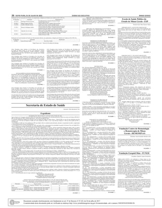 28 – sexta-feira, 01 de Julho de 2022	Diário do Executivo	 Minas Gerais
Retificação de Ato Concessório de Pensão, em cumprimento a diligência do Relatório de Auditoria 2010.1483.20 a:
Nº Benefício Instituidor Beneficiário (s)
35.757-0 Domingos Pereira de Souza
Iva Maria Pereira, Cleydson Pereira de Souza
Analice Maria Pereira
30.368-2 Miguel Joaquim da Silva Maria Penha de Jesus, Antônio Carlos da Silva
32.610-0 Geraldo Sebastião Justino André Luís Justino, Amélia Cândida Justino
31.383-1 Mauricio Rodrigues Santos
Marcio Pereira dos Santos, Marcelino Pereira dos Santos
Luciene Pereira dos Santos, Luciana Pereira dos Santos
Juliana Pereira dos Santos, Ana Pereira dos Santos
29.597-3 Sebastião Vaz de Araújo
Silvio Cesar Pinto Araújo, Sara Cristina de Araújo
Maria da Conceição Pinto de Araújo, Marcus Vinicius Araújo
Lucas Reginaldo Pinto Araújo, Cristiane Marcia de Araújo
28.920-5 Aurea Silveira Coelho
Juciara Silveira Coelho, Jouber Silveira Coelho
Inaiara Silveira Coelho
Retificação de Ato de Inclusão de Pensão por Determinação Judicial, em cumprimento a diligência do Relatório de Auditoria 2010.1483.20 a:
Nº Benefício Instituidor Beneficiário
28.920-5 Aurea Silveira Coelho Jose Eloy Coelho
Diogo Soares Leite – Diretor de Previdência do Ipsemg
30 1655890 - 1
DIRETORIA DE ADMINISTRAÇÃO DE PESSOAL
FÉRIAS PRÊMIO - TORNA SEM EFEITO
TORNA SEM EFEITO o ato de gozo de férias prêmio referente ao (s)
servidor (es): MASP 1395641-2, VERUSKA BARRETO DE SOUSA,
publicado em 14/12/2021 por 1 mês (es) referente ao 1º quinquênio, a
partir de 03/10/2022.
30 1655976 - 1
DIRETORIA DE ADMINISTRAÇÃO DE PESSOAL
CONCEDE ABONO DE PERMANÊNCIA nos termos doartigo
36, §20 da CE/89 redação dada pela EC/104/2020, e artigo 151 do
ADCT combinado c/c artigo 147 do ADCT, acrescentado pela Emenda
Constitucional nº104/2020 do(s) servidor (es): MASP.915.079-8
Adalberto José de Paiva, a partir de 29/06/2022; MASP. 914.434-6
Adelvan Benilson do Rosario, 29/06/2022
30 1655829 - 1
EXPEDIENTE DA DIRETORIA DE
ADMINISTRAÇÃO DE PESSOAL
REGISTRA OPÇÃO POR COMPOSIÇÃO REMUNERATÓRIA, nos
termos do inciso II do art. 27 da Lei Delegada nº 174 de 26/1/2007,
com nova redação dada pelo art. 7º da Lei Delegada nº 182 de 21/01/11,
do servidor DAVID MELLO DE JESUS, Masp 1204695-9, pela
remuneração do cargo efetivo de Especialista em ESPECIALISTA
EM POLITICAS E GESTAO DA SAUDE – EPGS, acrescida de
50% da remuneração do cargo de provimento em comissão DAD-6,
SA1100621, a partir de 28/06/2022.
REGISTRA OPÇÃO POR COMPOSIÇÃO REMUNERATÓRIA, nos
termos do inciso II do art. 27 da Lei Delegada nº 174 de 26/1/2007,
com nova redação dada pelo art. 7º da Lei Delegada nº 182 de 21/01/11,
da servidora MARIANA ALVES MACHADO RIBEIRO, Masp
1395729-5, pela remuneração do cargo efetivo de Especialista em
ESPECIALISTA EM POLITICAS E GESTAO DA SAUDE – EPGS,
acrescida de 50% da remuneração do cargo de provimento em comissão
DAD 4, SA1101823, a partir de 30/06/2022.
30 1656058 - 1
DECISÃO FINAL
Ref.: Processo Administrativo Sanitário N°.01/2022
A Gerência Regional de Saúde de São João Del Rei, no uso de suas
atribuições legais e considerando que o estabelecimento Laboratório
de Análises Clínicas Santa Marta Ltda., foi notificado da Decisão em 1ª
Instância do Processo Administrativo Sanitário nº 01/2022 (fls.06 e 07)
em 20/05/2022 e não interpôs recurso, torna definitiva referida decisão
nos termos do art. 123 da Lei Estadual 13317/99.
O processo será dado por concluso após a publicação desta decisão
final e a adoção das medidas impostas (art. 123 Parágrafo Único da
Lei Estadual 13317/99), quais sejam,Advertência; Pena educativa: a
empresa deverá confeccionar 1.000 (mil) cartilhas, disponíveis no sítio
eletrônico https://www.gov.br/ebserh/pt-br/hospitais-universitarios/
regiao-sudeste/hc-uftm/comunicacao/noticias/laboratorio-de-analises-
clinicas-cria-manual-de-orientacao-ao-paciente-que-vai-realizar-
exames devendo estas ser encaminhadas àNUVISA/Gerência Regional
de Saúde de São João Del Rei, no prazo máximo de 30 (trinta) dias
a contar do recebimento desta decisão em 1ª instância; Inutilização:
Inutilização dos produtos encontrados com prazo de validade
expirados,que deverá ser realizada após a publicação, no órgão oficial
de imprensa, de decisão irrecorrível (artigo 121 da Lei 13.317/99).
Publique-se e notifique-se para adoção das medidas impostas.
Belo Horizonte, 30 de junho de 2022
Jane Daisy de Sousa Almada Resende
Coordenador de Vigilância Sanitária
Gerência Regional de Saúde de São João Del Rei
30 1656000 - 1
EXPEDIENTE DA DIRETORIA DE
ADMINISTRAÇÃO DE PESSOAL
CONCEDE LICENÇA À GESTANTE, nos termos do inciso XVIII do
art. 7º da CR/1988, por um período de 120 dias, à servidora: MASP.
1206138-8, LETICIAALVES RODRIGUES, a partir de 23/06/2022.
ALTERA O NOME, a vista de documentos apresentados, da servidora
MASP.753286-4, ANA ELISA MACHADO DA FONSECA LEMES,
para ANA ELISA MACHADO DA FONSECA.
REGISTRA AFASTAMENTO POR MOTIVO DE LUTO, nos termos
da alínea “b”, do art. 201 da Lei 869, de 5/7/1952, por oito dias dos
servidores: MASP. 919274-1, IVANI NOGUEIRA DE ALMEIDA, a
partir de 26/06/2022.
30 1656009 - 1
EXPEDIENTE DA SUBSECRETÁRIA
DE REGULAÇÃO EM SAÚDE
RESOLUÇÃO SES Nº 8223, 24 DE JUNHO DE 2022.
A Subsecretária de Regulação do Acesso a Serviços e Insumos de
Saúde, usando da competência delegada pelo Art. 7º da Resolução SES/
nº 7711, de 13 de setembro de 2021.
Resolve:
Art. 1º - Fica DESIGNADO, o servidor CASSIO DE LIMA PEREIRA,
Masp 1467170 / 5, para a Função Gratificada de Regulação Médico
Plantonista - FGRMP/3, da Central Regional de Regulação de
ALFENAS;
Art. 2º - Fica DESIGNADA, a servidora FRANCIELI DO CARMO
PEREIRA OLIVEIRA, para a Função Gratificada de Regulação
Médico Plantonista - FGRMP/8, da Central Regional de Regulação de
ALFENAS;
Art. 3º - Fica DESIGNADA, a servidora ANA CLAUDIA SILVA
ALVES, Masp 1471539 / 5, para a Função Gratificada de Regulação
Médico Plantonista - FGRMP/120, da Central Regional de Regulação
de ALFENAS;
Art. 4º - Fica DESIGNADA, a servidora ANA MAURA FREITAS
MARQUES FIGUEIREDO, para a Função Gratificada de Regulação
Médico Plantonista - FGRMP/65, da Central Regional de Regulação
de BARBACENA;
Art. 5º - Fica DESIGNADA, a servidora FLAVIA IZABEL FONSECA
LUCENA, para a Função Gratificada de Regulação Médico
Plantonista - FGRMP/90, da Central Regional de Regulação de BELO
HORIZONTE;
Art. 6º - Fica DESIGNADO, o servidorANTONIO SERVULO COTTA
JUNIOR, Masp 1107505 / 8, para a Função Gratificada de Regulação
Médico Plantonista - FGRMP/110, da Central Regional de Regulação
de BELO HORIZONTE;
Art. 7º - Fica DESIGNADA, a servidora ANDREIA LOPES LEAO,
para a Função Gratificada de Regulação Médico Plantonista -
FGRMP/24, da Central Regional de Regulação de DIVINÓPOLIS;
Art. 8º - Fica DESIGNADA, a servidora LILIAN SOUZA DE
CARVALHO, Masp 1215182 / 5, para a Função Gratificada de
Regulação Médico Plantonista - FGRMP/25, da Central Regional de
Regulação de DIVINÓPOLIS;
Art. 9º - Fica DESIGNADO, o servidor LEONARDO NUNES
SANTOS, para a Função Gratificada de Regulação Médico Plantonista
- FGRMP/50, da Central Regional de Regulação de GOVERNADOR
VALADARES;
Art. 10º - Fica DESIGNADO, o servidor ADALBERTO DIAS
CAMPOS, para a Função Gratificada de Regulação Médico Plantonista
- FGRMP/71, da Central Regional de Regulação de GOVERNADOR
VALADARES;
Art. 11º - Fica DESIGNADA, a servidora LETICIA TELLES SILVA
ARAUJO, para a Função Gratificada de Regulação Médico Plantonista
- FGRMP/73, da Central Regional de Regulação de GOVERNADOR
VALADARES;
Art. 12º - Fica DESIGNADA, a servidora GISLAINE FERNANDES
GOMES, para a Função Gratificada de Regulação Médico Plantonista -
FGRMP/80, da Central Regional de Regulação de JUIZ DE FORA;
Art. 13º - Fica DESIGNADA, a servidora ANA MARIA OLIVEIRA
CAIXETA NOGUEIRA, para a Função Gratificada de Regulação
Médico Plantonista - FGRMP/42, da Central Regional de Regulação
de UBERLÂNDIA;
Art. 14º - Esta Resolução entra em vigor na data de sua publicação,
ficando revogadas as disposições em contrário.
Secretaria de Estado de Saúde, em Belo
Horizonte, aos 24 de junho de 2022.
Juliana Ávila Teixeira
Subsecretária de Regulação do Acesso a Serviços e Insumos de Saúde
30 1656069 - 1
Escola de Saúde Pública do
Estado de Minas Gerais - ESP
Diretora-Geral: Mara Guarino Tanure
PORTARIA ESP N° 16, DE 30 DE JUNHO DE 2022
Torna público o Regimento Escolar dos cursos de Pós-Graduação Lato
Sensu ofertados pela Escola de Saúde Pública do Estado de Minas
Gerais.
ADiretora-Geral da Escola de Saúde Pública do Estado de Minas Gerais
(ESP-MG), no uso de suas atribuições, que lhe são conferidas pela Lei
n° 23.304, de 31 de maio de 2019 e pelo Decreto 47.789 de 17 de
dezembro de 2019, e considerando a aprovação Regimento Escolardos
cursos de Pós-GraduaçãoLato Sensu,nareunião do Conselho de Ensino,
Pesquisa e Extensão (CEPEX) da ESP-MG, realizada em 21/06/2022,
RESOLVE:
Art.1º-TornarpúblicooRegimentoEscolardoscursosdePós-Graduação
Lato Sensu ofertados pela Escola de Saúde Pública do Estado de Minas
Gerais (ESP-MG),conforme Anexo Único, disponibilizado no sítio
eletrônico da ESP-MG no endereçohttp://www.esp.mg.gov.br/images/
documentos/Regimento_Pos-Graduacao_ESPMG.pdf
Art. 2º -Esta portaria entra em vigor na data de sua publicação.
Belo Horizonte, 30 de junho de 2022.
Mara Guarino Tanure
Diretora-Geral
30 1655672 - 1
PORTARIA ESP Nº 15, DE 30 DE JUNHO DE 2022.
Designa servidores para atuarem como pregoeiros e membros de equipe
de apoio, no âmbito da Escola de Saúde Pública do Estado de Minas
Gerais e dá outras providências.
A DIRETORA-GERAL DA ESCOLA DE SAÚDE PÚBLICA DO
ESTADO DE MINAS GERAIS – ESP/MG,no uso de suas atribuições
que lhe conferem a Lei 23.304 de 30 de maio de 2019 e o Decreto
nº. 47.789 de 17 de dezembro de 2019, observando o disposto na Lei
Federal nº. 10.520, de 17 de julho de 2002, em cumprimento ao disposto
no artigo 7º, inciso I, da Lei Estadual nº. 14.167, de 10 de janeiro de
2002 e artigo 8º, inciso I, alínea b, do Decreto Estadual nº. 44.786, de
18 de abril de 2008, considerando, ainda, os princípios da legalidade,
da impessoalidade, da moralidade, da eficiência e da publicidade,
bem como a necessidade de uniformizar procedimentos, estabelecer
regras claras e proporcionar, com isso, vantagens para a Escola de
Saúde Pública do Estado de Minas Gerais, com maior efetividade aos
procedimentos licitatórios, na obtenção de melhores ofertas e condições
à Administração, sem prejuízo da busca incessante de evitar quaisquer
prejuízos ou danos a este órgão autônomo ou a terceiros; considerando
a previsão contida no Decreto Estadual nº 48.012, de 22 de julho de
2020, que regulamenta a licitação, na modalidade pregão, na forma
eletrônica, para a aquisição de bens e a contratação de serviços
comuns, incluídos os serviços comuns de engenharia, no âmbito da
Administração Pública direta, autárquica e fundacional do Poder
Executivo e dá outras providências;
RESOLVE:
Art. 1º - Designarpara atuarem como pregoeiros nos processos
licitatórios da Escola de Saúde Pública do Estado de Minas Gerais, os
servidores efetivos devidamente capacitados e abaixo relacionados:
I.Ananda Souza Ferreira - MASP 1.466.376-9
II.Otaviano Dagmar de Melo - MASP 1.367.746-3
III. Renata Carvalho da Silva Rodrigues - MASP 1.356.789-6
§1ºEm caso de impedimento do pregoeiro(a) indicado(a), será ele(a)
substituído(a) por outro(a) servidor(a) dentre o(a)s demais designados
nesta Portaria para a respectiva função.
§2ºO(a)s servidor(a)s pregoeiro(a)s, quando não estiver(em)
desempenhando esta função, poderá(ão) atuar na equipe de apoio do
pregão
Art. 2º - Designar equipe de apoio ao pregoeiro, além dos servidores
a que se refere o § 2º do artigo 1º, os servidores efetivos abaixo
relacionados:
I. Adilson Silvestre da Silva - MASP 1.374.289-5
II. Ângela Regina de Souza Procópio Carvalho - MASP1.381.423-1
III. Maria Lúcia Dias Cyrino - MASP 1.072.652-9
IV. Sheilla Coutinho Ferreira - MASP 1.269.768-6
V. Silvia Rubinich Franco - MASP 1.367.035-1
Art. 3º-A autoridade competente, no edital de cada pregão, deverá
realizar a indicação do(a) pregoeiro(a) e do(a)s integrantes da equipe
de apoio que atuarãoem mínimo de três integrantes.
Art. 4º- Ficam revogadas a Portaria nº 014, de 23de junhode 2021,
publicada em 24/06/2021, e as demais disposições em contrário.
Art. 5º- Essa portaria entra em vigor na data de sua publicação, tendo
vigência de 01 (um) ano.
Belo Horizonte, 30 de junho de 2022.
Mara Guarino Tanure
Diretora-Geral
30 1655646 - 1
Fundação Centro de Hematologia
e Hemoterapia de Minas
Gerais - HEMOMINAS
Presidente: Júnia Guimarães Mourão Cioffi
O(A) Presidente do(a) Fundação Centro de Hematologia e Hemoterapia
do Estado de Minas Gerais nomeia, nos termos do art. 14, II, da Lei
nº 869, de 5 de julho de 1952, do art. 1º, § 2º da Lei Delegada nº 175,
de 26 de janeiro de 2007, e do Decreto nº 45.537, de 27 de janeiro de
2011, JOÃO LUIZ DE LIMA SOUZA, MASP 1215943-0, para o cargo
de provimento em comissão DAI-18 CH1100111, de recrutamento
amplo.
30 1656054 - 1
Fundação Ezequiel Dias - FUNED
Presidente: Eduardo Campos Prosdocimi
TORNA SEM EFEITO o ato publicado no Minas Gerais do dia
30/06/2022, que instaura o Processo Administrativo Nº8/2018 referente
à servidora A.N.M, masp 10931921.
TORNA SEM EFEITO o ato publicado no Minas Gerais do dia
30/06/2022, que instaura o Processo Administrativo Nº10/2018
referente ao servidor B.Z.T, masp 10936409.
TERMO DE INSTAURAÇÃO DE PROCESSO ADMINISTRATIVO
A Chefe da Divisão de Gestão de Pessoas/FUNED instaura o processo
administrativo de nº 08/2022, nos termos da Lei n.º 14.184, de 31
de janeiro de 2002, e da Resolução/SEPLAG n.º 37/2005, conforme
Processo SEI1500.01.0958713/2020-24 da Inspetoria SEPLAG, para
apuração de suposta irregularidade no pagamento de vencimentos básico
no mês de março de 2007 ao servidor A.N.M– MASP 10931921.
Belo Horizonte, 01 de julho de 2022.
Gerusa Mirela Mendes Torquato
Chefe da Divisão de Gestão de Pessoas
TERMO DE INSTAURAÇÃO DE PROCESSO ADMINISTRATIVO
A Chefe da Divisão de Gestão de Pessoas/FUNED instaura o processo
administrativo de nº 10/2022, nos termos da Lei n.º 14.184, de 31
de janeiro de 2002, e da Resolução/SEPLAG n.º 37/2005, conforme
Processo SEI1500.01.0958713/2020-24 da Inspetoria SEPLAG, para
apuração de suposta irregularidade no pagamento de vencimentos
básico no mês de maio de 2007 ao servidor B.Z.T– MASP 10936409.
Belo Horizonte, 01 de julho de 2022.
Gerusa Mirela Mendes Torquato
Chefe da Divisão de Gestão de Pessoas
30 1655842 - 1
O(A) Presidente do(a) Instituto de Previdência dos Servidores
do Estado de Minas Gerais, no uso de suas atribuições, designa
ORONILSON CALDAS ROQUETE, MASP 1356058-6, ocupante
da função gratificada FGI-7 SE1100170, para responder pela Unidade
Regional de Paracatu.
O(A) Presidente do(a) Instituto de Previdência dos Servidores do
Estado de Minas Gerais, no uso de suas atribuições, designa LEILA
MARINA DE SOUZA RODRIGUES, MASP 1070994-7, ocupante
da função gratificada FGI-7 SE1100172, para responder pela Unidade
Regional de Ituiutaba.
O(A) Presidente do(a) Instituto de Previdência dos Servidores do
Estado de Minas Gerais, no uso de suas atribuições, designa DANIELA
BRAGA DE ARAÚJO LIMA MATEUS, MASP 1358665-6, ocupante
da função gratificada FGI-8 SE1100110, para responder pela Unidade
Regional de Barbacena.
30 1656065 - 1
ATO DA GERÊNCIA DE RECUROS HUMANOS
REGISTRA OPÇÃO POR COMPOSIÇÃO REMUNERATÓRIA, nos
termos, do art. 27, da Lei Delegada 174 de 26/01/2007, com redação
dada pelo art. 7º da Lei Delegada nº 182, de 21/01/2011, da servidora:
Masp 1073173-5, ELEXSSANDRA FERREIRA DE ASSUNÇÃO
ALVES pela remuneração do cargo efetivo de Analista de Seguridade
Social/ ANSS, acrescida de 50% do vencimento do cargo comissionado
DAI-25, SE1100148, a partir de 30/06/2022, data do requerimento.
Sandro Alves Bustamante- Gerente Recursos Humanos
30 1655986 - 1
O(A) Presidente do(a) Instituto de Previdência dos Servidores do
Estado de Minas Gerais exonera, nos termos do art. 106, alínea “b”,
da Lei nº 869, de 5 de julho de 1952, e do Decreto nº 45.537, de 27 de
janeiro de 2011, ELIANE ROCHA DE ARAÚJO ANDRADE, MASP
1074285-6, do cargo de provimento em comissão DAI-30 SE1100033.
O(A) Presidente do(a) Instituto de Previdência dos Servidores do Estado
de Minas Gerais, no uso de suas atribuições, dispensa DIRCILENE
SOARES DA SILVEIRA, MASP 1071946-6, da função gratificada
FGI-7 SE1100170, a contar de 14/6/2022.
O(A) Presidente do(a) Instituto de Previdência dos Servidores do
Estado de Minas Gerais, no uso de suas atribuições, dispensa LÍLIAN
MOREIRA AMARAL PACHECO, MASP 1071724-7, da função
gratificada FGI-7 SE1100172.
O(A) Presidente do(a) Instituto de Previdência dos Servidores do
Estado de Minas Gerais, no uso de suas atribuições, dispensa FÁTIMA
IRENICE NETO RODRIGUES, MASP 1073585-0, da função
gratificada FGI-8 SE1100110.
O(A) Presidente do(a) Instituto de Previdência dos Servidores do Estado
de Minas Gerais nomeia, nos termos do art. 14, II, da Lei nº 869, de 5 de
julho de 1952, do art. 1º, § 2º da Lei Delegada nº 175, de 26 de janeiro
de 2007, e do Decreto nº 45.537, de 27 de janeiro de 2011, ELIANE
ROCHA DE ARAÚJO ANDRADE, MASP 1074285-6, para o cargo de
provimento em comissão DAI-32 SE1100066, de recrutamento amplo,
para dirigir a Gerência de Pensão.
O(A) Presidente do(a) Instituto de Previdência dos Servidores do
Estado de Minas Gerais nomeia, nos termos do art. 14, II, da Lei nº
869, de 5 de julho de 1952, do art. 1º, § 2º da Lei Delegada nº 175,
de 26 de janeiro de 2007, e do Decreto nº 45.537, de 27 de janeiro
de 2011, LUCIANA MARA DE FREITAS SOUZA, MASP 752465-5,
para o cargo de provimento em comissão DAI-30 SE1100223, de
recrutamento limitado.
O(A) Presidente do(a) Instituto de Previdência dos Servidores do Estado
de Minas Gerais designa, nos termos do artigo 9º da Lei Delegada nº
175, de 26 de janeiro de 2007 e o Decreto nº 45.537, de 27 de janeiro de
2011, LEILA MARINA DE SOUZA RODRIGUES, MASP 1070994-7,
para a função gratificada FGI-7 SE1100172.
O(A) Presidente do(a) Instituto de Previdência dos Servidores do Estado
de Minas Gerais designa, nos termos do artigo 9º da Lei Delegada nº
175, de 26 de janeiro de 2007 e o Decreto nº 45.537, de 27 de janeiro de
2011, ORONILSON CALDAS ROQUETE, MASP 1356058-6, para a
função gratificada FGI-7 SE1100170.
O(A) Presidente do(a) Instituto de Previdência dos Servidores do Estado
de Minas Gerais designa, nos termos do artigo 9º da Lei Delegada nº
175, de 26 de janeiro de 2007 e o Decreto nº 45.537, de 27 de janeiro
de 2011, DANIELA BRAGA DE ARAÚJO LIMA MATEUS, MASP
1358665-6, para a função gratificada FGI-8 SE1100110.
30 1656064 - 1
Secretaria de Estado de Saúde
Secretário: Fábio Baccheretti Vitor
Expediente
DELIBERAÇÃO CIB-SUS/MG Nº 3.874,DE 30 DE JUNHO DE 2022.
Aprova Projetos de Transporte Sanitário Eletivo dos municípios contemplados com emenda parlamentar federal nos termos da Portaria MS/GM nº
684, de 30 de março de 2022 e Portaria MS/GM nº 1.483, de 01 de julho de 2021.
A Comissão Intergestores Bipartite do Sistema Único de Saúde do Estado de Minas Gerais - CIB-SUS/MG, no uso de suas atribuições que lhe
conferem o art. 14-A da Lei Federal nº 8.080, de 19 de setembro de 1990, e o art. 32 do Decreto Federal nº 7.508, de 28 de junho de 2011 e
considerando:
- a Lei Federal nº 8.080, de 19 de setembro de 1990, que dispõe sobre as condições para promoção, proteção e recuperação da saúde, a organização
e o funcionamento dos serviços correspondentes;
- a Lei Federal nº 8.142, de 28 de dezembro de 1990, que dispõe sobre a participação da comunidade na gestão do Sistema Único de Saúde/SUS e
sobre as transferências intergovernamentais de recursos financeiros na área da saúde;
- a Lei Complementar nº 141, de 13 de janeiro de 2012, que regulamenta o § 3º do art. 198 da Constituição Federal para dispor sobre os valores
mínimos a serem aplicados anualmente pela União, Estados, Distrito Federal e Municípios em ações e serviços públicos de saúde; estabelece os
critérios de rateio dos recursos de transferências para a saúde e as normas de fiscalização, avaliação e controle das despesas com saúde nas 3 (três)
esferas de governo; revoga dispositivos das Leis nos 8.080, de 19 de setembro de 1990, e 8.689, de 27 de julho de 1993; e dá outras providências;
-o Decreto Federal nº 7.508, de 28 de junho de 2011, que regulamenta a Lei no 8.080, de 19 de setembro de 1990, para dispor sobre a organização do
Sistema Único de Saúde - SUS, o planejamento da saúde, a assistência à saúde e a articulação interfederativa, e dá outras providências;
- a Portaria MS/GM nº 2.048, de 05 de novembro de 2002, que aprova o Regulamento Técnico dos Sistemas Estaduais de Urgência e Emergência;
- a Portaria nº 2.214, de 31 de agosto de 2017, que regulamenta a aplicação de recursos por programação para aquisição de Ambulância de Transporte
Tipo A;
- a Portaria MS/GM nº 684, 30 de março de 2022, que dispõe sobre a aplicação de emendas parlamentares que adicionarem recursos ao Sistema Único
de Saúde (SUS), para a realização de transferências do Fundo Nacional de Saúde aos Fundos de Saúde dos Estados, Distrito Federal e Municípios,
no exercício de 2022;
- a Portaria MS/GM nº 1.483, de 01 de julho de 2021, que altera a Portaria de Consolidação GM/MS nº 6, de 28 de setembro de 2017, para dispor
sobre a aplicação de recursos de programação e de emendas para aquisição de Ambulância de Transporte tipo A – Simples Remoção;
- a Resolução MS nº 13, de 23 de fevereiro de 2017, que dispõe sobre as diretrizes para o Transporte Sanitário Eletivo destinado ao deslocamento de
usuários para realizar procedimentos de caráter eletivo no âmbito SUS;
- as propostas de aquisição de equipamento/material permanente enviadas por parte dos municípios para o Ministério da Saúde;
- os Pareceres Técnicos nº 109/2022, nº 110/2022, nº 111/2022 e 112/2022 emitidos pela SUBREG/SR/Diretoria de Transporte Assistencial
aprovando os projetos técnicos referente as propostas enviadas ao Ministério da Saúde pelos municípios de Jaíba, Monte Azul, Conceição da
Aparecida e Itajubá;
- o Ofício nº 130/2022, de 30 de junho de 2022, do Conselho das Secretarias Municipais de Saúde - COSEMS/MG; e
- a aprovação Ad Referendum da CIB-SUS/MG, conforme disposto no art. 50 da Deliberação CIB-SUS/MG nº 3.030, de 13 de novembro de 2019,
que aprova o Regimento Interno da Comissão Intergestores Bipartite do Sistema Único de Saúde do Estado de Minas Gerais (CIB-SUS/MG), das
Comissões Intergestores Bipartite Macrorregionais (CIB Macro) e das Comissões Intergestores Bipartite Microrregionais (CIB Micro) do Estado
de Minas Gerais.
DELIBERA:
Art. 1º - Ficam aprovados os Projetos de Transporte Sanitário Eletivo dos municípios contemplados com emenda parlamentar federal nos termos da
Portaria MS/GM n° 684, de 30 de março de 2022 e Portaria MS/GM nº 1.483, de 01 de julho de 2021, conforme Anexo Único desta Deliberação.
§ 1º - Trata-se de projetos técnicos encaminhados por municípios contemplados com recursos de emendas parlamentares para aquisição de veículos
destinados à implantação do transporte sanitário eletivo e ambulância Tipo A – Simples Remoção, para o deslocamento de usuários para realizar
procedimentos de caráter eletivo no âmbito do SUS.
§ 2º - Entende-se por transporte eletivo em saúde aquele destinado ao deslocamento programado de pessoas para realizar procedimentos de caráter
eletivo no SUS, conforme art. 17 da Portaria MS/GM nº 684/2022.
§ 3º - Considera-se ambulância de transporte Tipo A como o veículo destinado ao transporte por condição de caráter temporário ou permanente, em
decúbito horizontal, de pacientes que não apresentem risco de vida, para remoção simples e de caráter eletivo, conforme classificação estabelecida
pela Portaria GM/MS nº 2.048, de 5 de novembro de 2002.
Art. 2º - Os municípios deverão garantir uma estrutura de regulação de acesso à atenção à saúde e observar as diretrizes do Transporte Sanitário
Eletivo destinado ao deslocamento de usuários para realizar procedimentos de caráter eletivo no âmbito SUS, conforme Resolução CIT nº 13, de
23 de fevereiro de 2016.
Art. 3º - Esta Deliberação entra em vigor na data de sua publicação.
Belo Horizonte, 30 de junho de 2022.
FÁBIO BACCHERETTI VITOR
SECRETÁRIO DE ESTADO DE SAÚDE E
COORDENADOR DA CIB-SUS/MG
ANEXO ÚNICO DA DELIBERAÇÃO CIB-SUS/MG Nº 3.874, DE 30 DE JUNHO DE 2022.
Municípios contemplados com emenda parlamentar federal nos termos da Portaria MS/GM nº 684,
de 30 de março de 2022 e da Portaria MS/GM nº 1.483, de 1 de julho de 2021.
Município Tipo de veículo Quantidade de veículo a receber Número da proposta
Jaíba
Veículo de Transporte Sanitário (com Acessibilidade - 1
Cadeirante)
01 97552.158000/1220-02
Monte Azul Ambulância Tipo A - Simples Remoção Tipo Furgoneta 01 11467.043000/1220-01
Conceição da Aparecida Ambulância Tipo A - Simples Remoção Tipo Furgão 01 14237.444000/1220-01
Itajubá Micro-ônibus Urbano de Transporte Sanitário 01 11433.888000/1220-01
30 1656073 - 1
Documento assinado eletrônicamente com fundamento no art. 6º do Decreto nº 47.222, de 26 de julho de 2017.
A autenticidade deste documento pode ser verificada no endereço http://www.jornalminasgerais.mg.gov.br/autenticidade, sob o número 3202207010230580128.
 