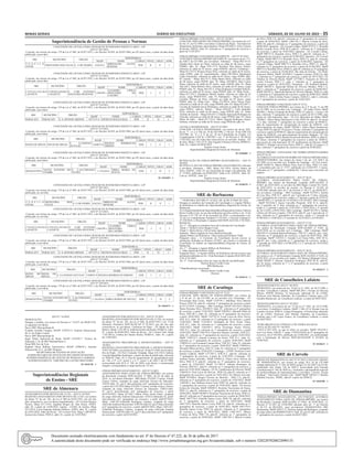 Minas Gerais 	Diário do Executivo	 sábado, 02 de Julho de 2022 – 35
Superintendência de Gestão de Pessoas e Normas
CONCESSÃO DE LICENÇA PARA TRATAR DE INTERESSES PARTICULARES - LIP
ATO Nº 201/2022
Concede, nos termos do artigo 179 da Lei nº 869, de 05/07/1952, e do Decreto 28.039, de 02/05/1988, por 02 (dois) anos, a partir da data desta
publicação, aoservidor:
SRE MUNICÍPIO ÓRGÃO
SERVIDOR(A)
MASP NOME CARGO NÍVEL GRAU ADM.
T E O F I L O
OTONI
FRONTEIRA DOS VALES E. E.DE PAMPA 816218-2
MIRIVALDO ALVES
BONFIM
PEB II P 1
CONCESSÃO DE LICENÇA PARA TRATAR DE INTERESSES PARTICULARES - LIP
ATO Nº 213/2022
Concede, nos termos do artigo 179 da Lei nº 869, de 05/07/1952, e do Decreto 28.039, de 02/05/1988, por 02 (dois) anos, a partir da data desta
publicação, aoservidor:
SRE MUNICÍPIO ÓRGÃO
SERVIDOR(A)
MASP NOME CARGO NÍVEL GRAU ADM.
C O N S E L H E I RO
LAFAIETE
CONSELHEIRO
LAFAIETE
E. E.DR ANTONIO
NOGUEIRA REZENDE
1304199-1
LEANDRO CIRILO
MONTEIRO DE
CASTRO
PEB I C 3
CONCESSÃO DE LICENÇA PARA TRATAR DE INTERESSES PARTICULARES - LIP
ATO Nº 214/2022
Concede, nos termos do artigo 179 da Lei nº 869, de 05/07/1952, e do Decreto 28.039, de 02/05/1988, por 02 (dois) anos, a partir da data desta
publicação, àservidora:
SRE MUNICÍPIO ÓRGÃO
SERVIDOR(A)
MASP NOME CARGO NÍVEL GRAU ADM.
PARACATU PARACATU E. E.AFONSO ARINOS 1077157-4 DENILVA SOUZA DIAS PEB II D 1
CONCESSÃO DE LICENÇA PARA TRATAR DE INTERESSES PARTICULARES - LIP
ATO Nº 215/2022
Concede, nos termos do artigo 179 da Lei nº 869, de 05/07/1952, e do Decreto 28.039, de 02/05/1988, por 02 (dois) anos, a partir da data desta
publicação, àservidora:
SRE MUNICÍPIO ÓRGÃO
SERVIDOR(A)
MASP NOME CARGO NÍVEL GRAU ADM.
PATOS DE MINAS PATOS DE MINAS
E. E.CONEGO
GETULIO
1428073-9
REGINA RODRIGUES
SIMOES
EEB I C 1
CONCESSÃO DE LICENÇA PARA TRATAR DE INTERESSES PARTICULARES - LIP
ATO Nº 228/2022
Concede, nos termos do artigo 179 da Lei nº 869, de 05/07/1952, e do Decreto 28.039, de 02/05/1988, por 02 (dois) anos, a partir da data desta
publicação, àservidora:
SRE MUNICÍPIO ÓRGÃO
SERVIDOR(A)
MASP NOME CARGO NÍVEL GRAU ADM.
DIAMANTINA
SANTO ANTONIO DO
ITAMBE
E. E.ALCEBIADES
NUNES
1.116.624-6
ERIKA MARIA DE
SOUZA
EEB I D 2
01 1656493 - 1
CONCESSÃO DE LICENÇA PARA TRATAR DE INTERESSES PARTICULARES - LIP
ATO Nº 201/2022
Concede, nos termos do artigo 179 da Lei nº 869, de 05/07/1952, e do Decreto 28.039, de 02/05/1988, por 02 (dois) anos, a partir da data desta
publicação, ao servidor:
SRE MUNICÍPIO ÓRGÃO
SERVIDOR(A)
MASP NOME CARGO NÍVEL GRAU ADM.
T E O F I L O
OTONI
FRONTEIRA DOS
VALES
E. E.DE PAMPA 816218-2
MIRIVALDO ALVES
BONFIM
PEB II P 1
CONCESSÃO DE LICENÇA PARA TRATAR DE INTERESSES PARTICULARES - LIP
ATO Nº 213/2022
Concede, nos termos do artigo 179 da Lei nº 869, de 05/07/1952, e do Decreto 28.039, de 02/05/1988, por 02 (dois) anos, a partir da data desta
publicação, ao servidor:
SRE MUNICÍPIO ÓRGÃO
SERVIDOR(A)
MASP NOME CARGO NÍVEL GRAU ADM.
CONSELHEIRO
LAFAIETE
CONSELHEIRO
LAFAIETE
E. E.DR ANTONIO
NOGUEIRA REZENDE
1304199-1
LEANDRO CIRILO
MONTEIRO
DE CASTRO
PEB I C 3
CONCESSÃO DE LICENÇA PARA TRATAR DE INTERESSES PARTICULARES - LIP
ATO Nº 214/2022
Concede, nos termos do artigo 179 da Lei nº 869, de 05/07/1952, e do Decreto 28.039, de 02/05/1988, por 02 (dois) anos, a partir da data desta
publicação, à servidora:
SRE MUNICÍPIO ÓRGÃO
SERVIDOR(A)
MASP NOME CARGO NÍVEL GRAU ADM.
PARACATU PARACATU E. E.AFONSO ARINOS 1077157-4 DENILVA SOUZA DIAS PEB II D 1
CONCESSÃO DE LICENÇA PARA TRATAR DE INTERESSES PARTICULARES - LIP
ATO Nº 215/2022
Concede, nos termos do artigo 179 da Lei nº 869, de 05/07/1952, e do Decreto 28.039, de 02/05/1988, por 02 (dois) anos, a partir da data desta
publicação, à servidora:
SRE MUNICÍPIO ÓRGÃO
SERVIDOR(A)
MASP NOME CARGO NÍVEL GRAU ADM.
PATOS DE
MINAS
PATOS DE
MINAS
E. E.CONEGO GETULIO 1428073-9 REGINA RODRIGUES SIMOES EEB I C 1
CONCESSÃO DE LICENÇA PARA TRATAR DE INTERESSES PARTICULARES - LIP
ATO Nº 228/2022
Concede, nos termos do artigo 179 da Lei nº 869, de 05/07/1952, e do Decreto 28.039, de 02/05/1988, por 02 (dois) anos, a partir da data desta
publicação, à servidora:
SRE MUNICÍPIO ÓRGÃO
SERVIDOR(A)
MASP NOME CARGO NÍVEL GRAU ADM.
DIAMANTINA
SANTO ANTONIO DO
ITAMBE
E. E.ALCEBIADES
NUNES
1.116.624-6 ERIKA MARIA DE SOUZA EEB I D 2
01 1656575 - 1
FÉRIAS-PRÊMIO CONCESSÃO – ATO Nº 18/2022
CONCEDE TRÊS MESES DE FÉRIAS-PRÊMIO, nos termos do § 4º
do Art. 31, da CE/1989, à servidora: Cachoeira de Pajeú – Servidora em
afastamento preliminar aposentadoria, Masp 858.864-2, Erlice Gomes
da Rocha, ASB1E, Adm. 01, referente ao 1º quinquênio de exercício a
partir de 11/05/2013.
FÉRIAS-PRÊMIO CONVERSÃO EM ESPÉCIE – ATO Nº 07/2022
CONVERTE FÉRIAS-PRÊMIO EM ESPÉCIE, nos termos do art. 117,
do ADCT da CE/1989, aos servidores: Almenara – Masp 882.351-0,
Cláudia Reis Otoni de Paula, referente ao saldo de 06 meses, cargo
PEB4O, adm. 01; Masp 639.137-9, Rosilene Dias Barros Santos,
referente ao saldo de 02 meses, cargo PEB3M, adm.02; Felisburgo –
Masp 611.015-9, Rozane Souza Silva, referente ao saldo de 03 meses,
cargo ATB5L, adm. 01; Jequitinhonha – Masp 390.280-6, Mariângela
Lopes Guimarães, referente ao saldo de 03 meses, cargo ATB4I, adm.
03; Joaíma – Masp 366.337-4, Dilza Matos Melo, referente ao saldo
de 08 meses, cargo PEB3P, adm. 02; Masp 358.909-0, Júlio Carlos
Otoni, referente ao saldo de 02 meses, cargo ASE4P, adm. 01; Masp
366.338-2, Kátia Ribeiro Silva, referente ao saldo de 03 meses, cargo
PEB2P, adm. 01; Masp 366.343-2, Zilma Rodrigues Trindade Ribeiro,
referente ao saldo de 03 meses, cargo PEB2P, adm. 01; Mata Verde –
Masp 815.242-3, Kleideluce Batista Jardim, referente ao saldo de 03
meses, cargo PEB3O/D3C, adm. 01; Palmópolis – Masp 832.431-1,
Lucilene Ribeiro da Silva, referente ao saldo de 02 meses, cargo
PEB2I, adm. 01; Pedra Azul – Masp 372.403-6, Alice Veloso Pires,
referente ao saldo de 01 mês, cargo PEB3P, adm. 03; Masp 852.687-3,
Luciana de Andrade Grezzi Rodrigues, referente ao saldo de 05 meses,
cargo PEB3L, adm.01; Rubim – Masp 638.643-7, Carla Ramalho
Silva, referente ao saldo de 06 meses, cargo PEB3P, adm. 01; Santo
Antônio do Jacinto – Masp 638.616-3, Gláudia Aparecida Rodrigues de
Almeida, referente ao saldo de 06 meses, cargo PEB3P, adm. 01; Santa
Maria do Salto – Masp 637.125-6, Maria Augusta Rodrigues Soares
Gerbase, referente ao saldo de 02 meses, cargo PEB1M, adm. 01.
LICENÇA-PATERNIDADE – ATO Nº 07/2022
CONCEDE LICENÇA-PATERNIDADE, nos termos do inciso XIX,
do art. 7°, c/c o § 3ºdo art. 39 da CR/1988; § 1ºdo art. 10 do ADCTda
CR/1988; art. 31 e § 11 do art. 39 da Constituição do Estado; Lei
Complementar nº165 de 17/09/2021 e art. 2° do Decreto n° 48.368 de
17/02/2022, por 20 (vinte) dias consecutivos, ao servidor: Joaíma – EE
de Giru, Masp 1.224.127-9, José Augusto Francisco Pereira, PEBD1A,
Adm. 01, a partir de 06/05/2022.
Pacífico Ferraz Souto
Superintendente Regional de Ensino de Almenara
01 1656668 - 1
RETIFICAÇÃO DE FÉRIAS-PRÊMIO AFASTAMENTO – ATO Nº
46/2022
RETIFICA O ATO DE FÉRIAS-PRÊMIO AFASTAMENTO referente
à servidora: Almenara – SRE, Masp 334.150-0, Zeilzia Santos da
Silva, ANEI2C, Adm. 03, por incorreção do cargo e da admissão, Ato
nº 13/2022, publicado em 04/06/2022. Onde se lê: ANEI3L, Adm. 02.
Leia-se: ANEI2C, Adm. 03.
Pacífico Ferraz Souto
Superintendente Regional de Ensino de Almenara
01 1656670 - 1
SRE de Barbacena
* PORTARIA SEE/SRE Nº 16/2022, DE 28 DE JUNHO DE 2022.
Designa os membros da Comissão de Conciliação e o Agente Público
de Referência no âmbito da Superintendência Regional de Ensino de
Barbacena.
O (A) Superintendente da Superintendência Regional de Ensino, Patrícia
Russo Coelho Lima, no uso das atribuições que lhe confere o art. 52 do
Decreto nº 47.759, de 19 de novembro de 2019, e considerando o art.
10, da Lei Complementar Estadual nº 116/2011, o Decreto Estadual nº
47.528/2018 e a Resolução Conjunta OGE/SEPLAG/CGE nº 01/2022,
RESOLVE:
Art. 1º - Designar os membros fixos da Comissão de Conciliação:
Titular 1: Michel Carlos Magno Costa
Titular 2: Maria Silvia e Silva Fortes Aguiar
Suplente : Maria Eugênia de Faria Barbosa Resende
Agente Público de Referência: Edna Aparecida Polidoro Vidal
Parágrafo único - A Comissão de Conciliação deverá exercer as
atribuições definidas na Portaria 16/2022, que institui a Comissão de
Conciliação no âmbito da Superintendência Regional de Ensino de
Barbacena.
Art. 2 º - Designar o Agente Público de Referência:
I - Edna Aparecida Polidoro Vidal
Parágrafo único - O Agente Público de Referência deverá exercer suas
atribuições definidas no Art. 10 da Resolução Conjunta OGE/SEPLAG/
CGE nº 01/2022.
Art. 3º - Esta resolução entra em vigor na data de sua publicação.
Patrícia Russo Coelho Lima
SRE/Barbacena
* Republicada por incorreção
Patrícia Russo Coelho Lima
Diretora
01 1656131 - 1
SRE de Caratinga
FÉRIAS-PRÊMIO/ CONCESSÃO ATO Nº 53/22
CONCEDE TRÊS MESES DE FÉRIAS-PRÊMIO, nos termos do
§ 4º do art. 31, da CE/1989, ao (s) servidor (es): Alvarenga – EE
Governador Bias Fortes, MaSP 1218739-1, Stheffany Silva Martins
Pouzas, PEB I B, adm.03, referente 1º quinquênio de exercício a partir
de 01/12/2019; Caratinga – SRE Caratinga, MASP 245310-8, Dinalva
Maria Dornelas Silva, ANEIII P, Adm. 01, referente ao 8º quinquênio
de exercício, a partir 22/03/2022; MaSP 556030-5, Daniella Dutra de
Paiva, PEB III J, Adm. 01, referente ao 4º quinquênio de exercício,
a partir 26/03/2022; MaSP 1107791-4, Ivone Luiza da Silva Neves,
ANE II E, Adm. 03, referente ao 3º quinquênio de exercício, a partir
13/02/2022; MaSP 1132540-4, Elisangela da Silva Souza Viana,
ANE II C, Adm. 02, referente ao 1º quinquênio de exercício, a partir
14/02/2022; MaSP 1164169-3, Silvia Alvarenga Soares Pereira,
TDE II C, Adm. 02, referente ao 1º quinquênio de exercício, a partir
16/03/2022; MaSP 1396159-4, Glaysson Antunes Carvalho, ANE II C,
Adm. 01, referente ao 1º quinquênio de exercício, a partir 16/03/2022;
MaSP 1398319-2, Janaina Lourenço de Sousa, TDE II C, Adm. 01,
referente ao 1º quinquênio de exercício, a partir 18/04/2022; MaSP
1398925-6, Luis Fernando Campos Rosa, TDE II C, Adm. 01, referente
ao 1º quinquênio de exercício, a partir 18/04/2022; MaSP 1398954-6,
Silvanete Maria da Silva, ANE I C, Adm. 01, referente ao 1º quinquênio
de exercício, a partir 25/04/2022; Caratinga -, CESEC Professor Celso
Simões Caldeira, MaSP 1271385-5, ATB II C, adm.03, referente ao
1º quinquênio de exercício, a partir de 31/03/2022; Caratinga - EE
Antônio Penna Sobrinho, MaSP 870642-6, Eliana Alves Pereira da
Silva, PEB II P, adm.01, referente ao 5º quinquênio de exercício,
a partir de 23/02/2022; MaSP 1317485-9, Adriana Rodrigues de
Oliveira, PEB II C, adm.01, referente ao 1º quinquênio de exercício, a
partir de 23/05/2020; Inhapim - EE Dr. Guilhermino de Oliveira, MaSP
1260410-4, Vítor Lúcio de Oliveira , PEB I B, adm.02, referente ao 1º
quinquênio de exercício, a partir de 18/01/2022; EE Alberto Azevedo,
MaSP 851969-6, Raquel Ferreira de Meireles , PEB I N, adm.01,
referente ao 5º quinquênio de exercício, a partir de 15/03/2022; MaSP
1160548-2, Iara Dahiane Souza Faria, PEB I B, adm.03, referente ao
1º quinquênio de exercício, a partir de 19/02/2022; Ipaba - EE Gerson
Gomes de Almeida, MaSP 450309-9, Rosilene Nascimento de Souza,
PEB I A, adm.05, referente ao 1º quinquênio de exercício, a partir de
20/04/2022; MaSP 450309-9, Rosilene Nascimento de Souza, PEB I A,
adm.05, referente ao 2º quinquênio de exercício, a partir de 20/04/2022;
MaSP 1067778-9, Daniella Santos Costa, PEB I B, adm.05, referente
ao 1º quinquênio de exercício, a partir de 30/05/2022; MaSP
1067778-9, Daniella Santos Costa, PEB I B, adm.05, referente ao 2º
quinquênio de exercício, a partir de 30/05/2022; MaSP 1067778-9,
Daniella Santos Costa, PEB I B, adm.05, referente ao 3º quinquênio
de exercício, a partir de 30/05/2022; MaSP 1.084.705-1, Márcia
Cristina da Silva, PEB I B, adm.05, referente ao 1º quinquênio de
exercício, a partir de 20/04/2022; MaSP 1.084.705-1, Márcia Cristina
da Silva, PEB I B, adm.05, referente ao 2º quinquênio de exercício,
a partir de 20/04/2022; MaSP 1.084.705-1, Márcia Cristina da Silva,
PEB I B, adm.05, referente ao 3º quinquênio de exercício, a partir de
20/04/2022; Ipanema - EE Coronel Calhau, MaSP 872571-5, Romilda
Rocha Lacerda Alves, PEB III P, adm.01, referente ao 5º quinquênio
de exercício, a partir de 18/05/2022; Ipanema - EE Coronel Calhau,
MaSP 990773-4, Romildo Alves, PEB I A, adm.05, referente ao 1º
quinquênio de exercício, a partir de 01/06/2022; Ipanema - EE Coronel
Calhau, MaSP 990773-4, Romildo Alves, PEB I A, adm.05, referente
ao 2º quinquênio de exercício, a partir de 01/06/2022; Ipanema - EE
Coronel Calhau, MaSP 990773-4, Romildo Alves, PEB I A, adm.05,
referente ao 3º quinquênio de exercício, a partir de 01/06/2022; MaSP
990773-4, Romildo Alves, PEB I A, adm.05, referente ao 4º quinquênio
de exercício, a partir de 01/06/2022; São João do Oriente – EE Padre
Francisco Weber, MaSP 1014509-2, Leandro Cassiano, PEB I D, adm
3, referente ao 1º quinquênio de exercício, a partir de 30/11/2021; EE
Vitalino de Oliveira Ruela, MaSP 1277780-1, Franciely de Oliveira
Avelar Ferreira, PEB I C, adm 3, referente ao 1º quinquênio de
exercício, a partir de 26/01/2022; Tarumirim – EE Sinfrônio Bonfim,
MaSP 446782-5, Aparecida Helena de Oliveira Mendes, PEB I A,
adm 3, referente ao 1º quinquênio de exercício, a partir de 20/06/2022;
MaSP 446782-5, Aparecida Helena de Oliveira Mendes, PEB I A, adm
3, referente ao 2º quinquênio de exercício, a partir de 20/06/2022; MaSP
1279701-5, Aline Cristina Nunes Campos, EEB II C, adm 3, referente
ao 1º quinquênio de exercício, a partir de 16/02/2022.
FÉRIAS-PRÊMIO/ CONCESSÃO ATO Nº 55/22
CONCEDE FÉRIAS-PRÊMIO, nos termos do § 4º do art. 31 art.290
da CE/1989, ao (s) servidor (es): Caratinga – EE Isabel Vieira, MaSP
364308-7, Delcio Fernando da Rocha, PEB 4 P, adm.01, 3 meses e 06
dias, referente 1º quinquênio de exercício a partir de 05/11/1996, para
acerto de vida funcional; Iapu – EE Frei Marcelino de Milão, MaSP
320586-1, Dalva Maria Damasceno Costa, PEB I B, adm.03, 03 meses
e 12 dias, referente 1º quinquênio de exercício a partir de 09/06/22,
data do requerimento de incorporação do tempo da ADM.02, com
aproveitamento de tempo; MaSP 320586-1, Dalva Maria Damasceno
Costa, PEB I B, adm.03, 03 meses e 18 dias, referente 2º quinquênio de
exercício a partir de 09/06/22, data do requerimento de incorporação do
tempo da ADM.02, com aproveitamento de tempo; Inhapim - EE Zito
Chagas, MaSP851969-6, Rachel Ferreira de Meireles, PEB IA, adm.01,
06 meses, referente 3º quinquênio de exercício a partir de 10/08/10,
para acerto de vida funcional; EE Dr. Guilhermino de Oliveira, MaSP
826942-5, Wander Lúcia Faria Vieira, PEB I C, adm.02, 03 meses e 12
dias, referente 1º quinquênio de exercício a partir de 02/06/2022.
FÉRIAS-PRÊMIO/ CONTAGEM EM DOBRO/APOSENTADORIA
ATO Nº 01/22
AUTORIZA CONTAGEM EM DOBRO DE FÉRIAS-PRÊMIO PARA
APOSENTADORIA, nos termos do inciso I do art. 114 ADCT da
CE/1989, ao (s) servidor (es): Piedade de Caratinga – EE Frei Carlos,
MaSP 365067-8, Márcia Ribeiro Pires Zem El Dine, PEB 3 P, adm.
1, concedidas pelo ato nº 17/97, publicado em 23/04/1997, 3 meses,
referentes ao 1º quinquênio, restando-lhe 3 meses para conversão em
espécie.
FÉRIAS-PRÊMIO/AFASTAMENTO – ATO Nº 56/22
AUTORIZA AFASTAMENTO PARA GOZO DE FÉRIAS-
PRÊMIO, nos termos da Resolução Conjunta SEPLAG/SEE nº
[9.865, de 03/07/2018, se servidor de SRE/Órgão Central OU 8.656,
de 02/07/2012, se servidor de escola], c/c Decreto nº 43.285, de
23/04/2003 alterado pelo art.1º do Decreto nº 48.173, de 08/04/2021,
aos servidores: Caratinga – SRE Caratinga , MaSP 452703-2, Karina
da Cruz Dias, TDE II C, adm.03, por 2 períodos de 15 dias, referente
ao 1º quinquênio de exercício, sendo o 1º período a partir de 25/07/22
a 08/08/2022 e 2º período de 14/10/2022 a 28/10/2022; SRE Caratinga
, MaSP 9411636-3, Karen Carvalho Pimentel, ANE II G, adm.01,
por 2 períodos de 15 dias, referente ao 1º quinquênio de exercício,
sendo o 1º período a partir de 15/07/2022 a 29/07/2022 e 2º período
de 26/12/2022 a 09/01/2022; SRE Caratinga , MaSP 452703-2, Hellen
Chirley de Oliveira Leandro, TDE III H, adm.01, por 2 períodos de 15
dias, referente ao 2º quinquênio de exercício, sendo o 1º período de
01/08/2022 a 15/08/2022 e 2º período de 10/10/2022 a 24/10/2022.
FÉRIAS-PRÊMIO/AFASTAMENTO – ATO Nº 57/22
AUTORIZA AFASTAMENTO PARA GOZO DE FÉRIAS-PRÊMIO,
nos termos da Resolução Conjunta SEPLAG/SEE nº 9.865, de
03/07/2018, ao (s) servidor (es): Caratinga – SRE Caratinga, MaSP
1063501-9, Fernanda Batista Rodrigues, TDE IV I, adm.01, por 1 mês,
referente ao 3º quinquênio de exercício, a partir de 04/07/2022; SRE
Caratinga, MaSP 1143525-2, Geraldo Luiz Viana Filho, ANE III G,
adm.01, por 1 mês, referente ao 1º quinquênio de exercício, sendo o
1º período de 18/07/2022 a 01/08/2022 e o 2º período de 10/10/2022
a 24/10/2022.
FÉRIAS-PRÊMIO/AFASTAMENTO – ATO Nº 58/22
AUTORIZA AFASTAMENTO PARA GOZO DE FÉRIAS-PRÊMIO,
nos termos e art. 3º da Resolução Conjunta SEPLAG/SEE nº 8.656, de
02/07/2012, ao (s) servidor (es): Ipaba – EE Manoel Machado Franco,
MaSP 802681-7, Simone Gonçalves Rodrigues PEB III B, adm.03,
por 02 meses, referente ao 1º e 2º quinquênio de exercício, a partir
de 01/07/2022.
01 1656233 - 1
SRE de Conselheiro Lafaiete
REMANEJAMENTO-ATO N.º 02/2022.
REMANEJA, nos termos do art. 19 da Lei nº. 9381, de 18/12/1986, o
servidor: Conselheiro Lafaiete, MaSP 800.288-3, Osvane de Oliveira
Heleno, PEB3P, História, 16 horas/aula, admissão 01 do CESEC
Professor José Martins Sobrinho, de Conselheiro Lafaiete para a EE
Geraldo Bittencourt, de Conselheiro Lafaiete, a contar de 04/07/2022.
REMANEJAMENTO-ATO N.º 03/2022.
REMANEJA, nos termos do art. 19 da Lei nº. 9381, de 18/12/1986,
a servidora: Conselheiro Lafaiete, MaSP 1.346.147-0, Renata Lena de
Lourdes Ferreira, PEB1A, Língua Portuguesa, 16 horas/aula, admissão
03 do CESEC Professor José Martins Sobrinho, de Conselheiro
Lafaiete para a EE Lopes Franco, de Conselheiro Lafaiete, a contar
de 04/07/2022.
OURO BRANCO-EE CÔNEGO LUÍS VIEIRA DA SILVA.
ANULAÇÃO-ATO N.º 04/2022.
ANULA NO ATO, no que se refere ao servidor: MaSP 358.639-3,
José Luís Pinto, ASE3P, 1º cargo. CONCESSÃO do 8º quinquênio de
exercício. Ato nº 04/2021, publicado em 22/06/2021, em conformidade
com a Orientação de Serviço SEPLAG/SUGESP nº 03/2022 de
10/06/2022.
01 1656623 - 1
SRE de Curvelo
ABONO DE PERMANÊNCIA-ATO Nº 07/2022-CONCEDE ABONO
DE PERMANÊNCIA, nos termos do artigo 36,§ 20 da CE/1989
redação dada pela EC nº 104, de 2020 e artigo 151 do ADCT da CE/89,
combinado com Artigo 146 do ADCT, acrescentado pela Emenda
Constitucional nº 104, de 2020 ou, ( incluindo a aposentadoria especial
de professor)Regra de transição/pontos à servidora: Curvelo- Escola
Estadual “ Interventor Alcides Lins” MaSP MaSP 389.651-1 Mariléa
Marinho Ferreira , PEBIL, adm.01 a partir de 28/06/22.
01 1656300 - 1
SRE de Diamantina
FÉRIAS-PRÊMIO/ AFASTAMENTO - ATO Nº40/2022. AUTORIZA
AFASTAMENTO PARA GOZO DE FÉRIAS-PRÊMIO, nos termos
da Resolução Conjunta SEPLAG/SEE nº 9.865, de 03/07/2018, c/c
Decreto nº 43.285, de 23/04/2003 alterado pelo art. 1º do Decreto
nº 48.173, de 08/4/2021, ao(s) servidor(es): DIAMANTINA, SRE
Diamantina, MaSP 436537-5, Vicência Aparecida Rodrigues, ocupante
de cargo efetivo de PEBIIIN/FGD-4, Adm. 03, por 01 mês, referente ao
1º quinquênio de exercício, a partir de 06/07/2022.
ATO N.º 16/2022
DESIGNAÇÃO
Designa, a pedido, nos termos do Decreto n.º 18.073, de 08/09/1976,
os seguintes servidores:
Para a SRE Metropolitana B:
Evandro Geraldo Campos, MASP 1159553-5, Analista Educacional,
III, G, do Órgão Central.
Para a SRE Metropolitana B:
Jaque Silene Aparecida de Paula, MASP 1416702-7, Técnico da
Educação, I, B, da SRE Metropolitana A.
Paraa SRE Juiz de Fora:
Raphael Abreu Balbino Vasconcelos, MASP 1398639-3, Analista
Educacional, II, C, da SRE Pirapora.
SECRETARIA DE ESTADO DE EDUCAÇÃO
SUBSECRETARIA DE GESTÃO DE RECURSOS HUMANOS
SUPERINTENDÊNCIA DE GESTÃO DE PESSOAS E NORMAS
SUPERINTENDENTE: TARCÍSIO DE CASTRO MONTEIRO
01 1656720 - 1
Superintendências Regionais
de Ensino - SRE
SRE de Almenara
AFASTAMENTO POR MOTIVO DE LUTO – ATO Nº 24/2022
REGISTRA AFASTAMENTO POR MOTIVO DE LUTO, nos termos
da alínea “b” do art. 201, da Lei nº 869 de 05/07/1952, por até oito
dias consecutivos, aos servidores:Jequitinhonha – EE Coronel Ramiro
Pereira, Masp 611.154-6, Aquiléia Borges do Vale Sousa, ATB5J,
adm. 02, a partir de 14/04/2022; Joaíma – CESEC de Joaíma, Masp
635.410-4, Leila Grapiuna Santana Pinheiro, ATB3I, adm. 01, a partir
de 24/03/2022; Salto da Divisa – EE Coronel Tinô, Masp 1.484.843-6,
Jackson dos Santos, PEB1A, adm. 01, a partir de 12/05/2022.
AFASTAMENTO POR MOTIVO LUTO – ATO Nº 25/2022
REGISTRA AFASTAMENTO POR MOTIVO DE LUTO, nos termos
da alínea “b” do art. 201, da Lei nº 869, de 05/07/1952 e art. 19 da
Instrução Normativa SEPLAG/SCAP Nº 01/2012, por até oito dias
consecutivos, às servidoras: Cachoeira de Pajeú – EE Barão do Rio
Branco, Masp 1.239.385-6, Gabriela Gomes da Rocha, PEBD1A, Adm.
01, a partir de 02/06/2022; Salto da Divisa – EE Coronel Tinô, Masp
1.101.081-6, Cinthia dos Santos Rocha, PEBD1A, Adm. 03, a partir
de 13/06/2022.
AFASTAMENTO PRELIMINAR À APOSENTADORIA – ATO Nº
18/2022
REGISTRA AFASTAMENTO PRELIMINAR À APOSENTADORIA
VOLUNTÁRIA, nos termos do § 24 do art. 36 da CE/1989, da servidora:
Rio do Prado – EE Prof. Clemente Trindade, Masp 324.210-4, Edilene
Lacerda Magalhães Rodrigues, a partir da data de publicação, referente
ao PEB1M, Adm. 02 à vista de requerimento de aposentadoria pelo
art. 146, § 4º, § 6º, inciso I, e § 7º, inciso I, do ADCT da CE/1989,
acrescentado pela ECE nº 104, de 2020, com direito à remuneração
integral, correspondente à carga horária de 125 h/a.
FÉRIAS-PRÊMIO/AFASTAMENTO - ATO Nº15/2022.
AFASTAMENTO PARA GOZO DE FÉRIAS-PRÊMIO, nos termos
da Resolução Conjunta SEPLAG/SEE nº 9865, de 03 de julho de
2018, às servidoras:Almenara -SRE,Masp 974.026-7,Larisse Arruda
Chaves Veloso, ocupante de cargo efetivode Técnico da Educação-
TDE5I,Adm. 01, por15 dias,referentes ao2º quinquênio de exercício,
a partir de11/07/2022;Masp 974.026-7,Larisse Arruda Chaves Veloso,
ocupante de cargo efetivode Técnico da Educação- TDE5I,Adm.
01, por15 dias,referentes ao2º quinquênio de exercício, a partir
de10/10/2022; Masp 637.865-7,Maria Eliete Sousa Dutra, ocupante
de cargo efetivode Analista Educacional- ANE3J,Admissão 02, por01
mês,referente ao1º quinquênio de exercício, a partir de05/07/2022;
Masp 1.044.301-8,Marilde Rodrigues Campos, ocupante de cargo
efetivodeAnalista Educacional-ANE3H,Adm. 01, por15 dias,referentes
ao3º quinquênio de exercício, a partir de04/07/2022; Masp 1.044.301-
8,Marilde Rodrigues Campos, ocupante de cargo efetivode Analista
Educacional- ANE3H,Adm. 01, por15 dias,referentes ao3º quinquênio
de exercício, a partir de10/10/2022.
Documento assinado eletrônicamente com fundamento no art. 6º do Decreto nº 47.222, de 26 de julho de 2017.
A autenticidade deste documento pode ser verificada no endereço http://www.jornalminasgerais.mg.gov.br/autenticidade, sob o número 3202207020022090135.
 