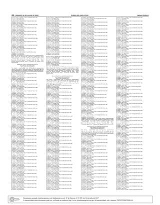 44 – sábado, 02 de Julho de 2022	Diário do Executivo	 Minas Gerais
Recurso CNH. Nº.190582-1/2021/1ªJARI/DETRAN-MG
Processo nº: 9917548/2020
Resultado: NÃO PROVIDO
Recurso CNH. Nº.156422/2020/1ªJARI/DETRAN-MG
Processo nº: 9012247/2019
Resultado: NÃO PROVIDO
Recurso CNH. Nº.148875-1/2020/1ªJARI/DETRAN-MG
Processo nº: 874323/2019
Resultado: NÃO PROVIDO
Recurso CNH. Nº.158986/2020/1ªJARI/DETRAN-MG
Processo nº: 9313612/2020
Resultado: NÃO PROVIDO
Recurso CNH. Nº.158988/2020/1ªJARI/DETRAN-MG
Processo nº: 9313645/2020
Resultado: NÃO PROVIDO
Recurso CNH. Nº.159004/2020/1ªJARI/DETRAN-MG
Processo nº: 9313272/2020
Resultado: NÃO PROVIDO
Recurso CNH. Nº.159161-1/2020/1ªJARI/DETRAN-MG
Processo nº: 9313350/2020
Resultado: NÃO PROVIDO
Recurso CNH. Nº.158987/2020/1ªJARI/DETRAN-MG
Processo nº: 9313709/2020
Resultado: NÃO PROVIDO
Recurso CNH. Nº.169480-1/2021/1ªJARI/DETRAN-MG
Processo nº: 9309648/2020
Resultado: NÃO PROVIDO
Recurso CNH. Nº.35474/2020/1ªJARI/DETRAN-MG
Processo nº: 5310541/2016
Resultado: NÃO PROVIDO
Recurso CNH. Nº.35475/2020/1ªJARI/DETRAN-MG
Processo nº: 5310542/2016
Resultado: NÃO PROVIDO
Importante: Das decisões da 1ª JARI cabe recurso, tempestivamente,
dentro do prazo de 30 (trinta) dias, contados da publicação no Órgão
Oficial do Estado, ao Conselho Estadual de Trânsito de Minas Gerais
- CETRAN/MG, em Belo Horizonte, 22 de Junho de 2022 – Liliane
Pereira da Silveira Andrade - Secretária Geral da JARI - Visto:
Marcelle Moreira Bacellar Nunes – Presidente da Primeira JARI/
DETRAN/MG.
PRIMEIRA JUNTAADMINISTRATIVA DE
RECURSOS DE INFRAÇÕES
“BOLETIM INFORMATIVO”
Nos termos e conformidade com os dispositivos regulamentares
vigentes, faz-se público, para conhecimento dos interessados, que esta
Junta Administrativa de Recursos de Infrações JARI/DETRAN-MG,
julgou na data de 28 de Junho de 2022 os recursos abaixo especificados,
proferindo as seguintes decisões:
Recurso CNH. Nº.177343/2021/1ªJARI/DETRAN-MG
Processo nº: 7631860/2018
Resultado: NÃO PROVIDO
Recurso CNH. Nº.187424/2021/1ªJARI/DETRAN-MG
Processo nº: 10649093/2021
Resultado: NÃO PROVIDO
Recurso CNH. Nº.187423/2021/1ªJARI/DETRAN-MG
Processo nº: 91919868/2020
Resultado: NÃO PROVIDO
Recurso CNH. Nº.160101-1/2020/1ªJARI/DETRAN-MG
Processo nº: 6683751/2017
Resultado: NÃO PROVIDO
Recurso CNH. Nº.161931-1/2021/1ªJARI/DETRAN-MG
Processo nº: 6683803/2017
Resultado: NÃO PROVIDO
Recurso CNH. Nº.190982-1/2021/1ªJARI/DETRAN-MG
Processo nº: 9302825/2020
Resultado: NÃO PROVIDO
Recurso CNH. Nº.189275/2021/1ªJARI/DETRAN-MG
Processo nº: 8599163/2019
Resultado: NÃO PROVIDO
Recurso CNH. Nº.188763-1/2021/1ªJARI/DETRAN-MG
Processo nº:8396006/2019
Resultado: NÃO PROVIDO
Recurso CNH. Nº.192323-1/2021/1ªJARI/DETRAN-MG
Processo nº: 10659842/2021
Resultado: NÃO PROVIDO
Recurso CNH. Nº.192702-1/2021/1ªJARI/DETRAN-MG
Processo nº: 10591822/2021
Resultado: NÃO PROVIDO
Recurso CNH. Nº.170206-1/2021/1ªJARI/DETRAN-MG
Processo nº: 8597716/2019
Resultado: NÃO PROVIDO
Recurso CNH. Nº.168815/2021/1ªJARI/DETRAN-MG
Processo nº: 8381788/2019
Resultado: NÃO PROVIDO
Recurso CNH. Nº.150509/2020/1ªJARI/DETRAN-MG
Processo nº: 7480870/2018
Resultado: NÃO PROVIDO
Recurso CNH. Nº.175622/2021/1ªJARI/DETRAN-MG
Processo nº: 7969975/2019
Resultado: NÃO PROVIDO
Recurso CNH. Nº.182643/2021/1ªJARI/DETRAN-MG
Processo nº: 9136590/2020
Resultado: NÃO PROVIDO
Recurso CNH. Nº.178167/2021/1ªJARI/DETRAN-MG
Processo nº: 9142735/2020
Resultado: NÃO PROVIDO
Recurso CNH. Nº.178944/2021/1ªJARI/DETRAN-MG
Processo nº: 9136598/2020
Resultado: NÃO PROVIDO
Recurso CNH. Nº.173244/2021/1ªJARI/DETRAN-MG
Processo nº: 10033563/2020
Resultado: NÃO PROVIDO
Recurso CNH. Nº.179872/2021/1ªJARI/DETRAN-MG
Processo nº: 10038655/2020
Resultado: NÃO PROVIDO
Recurso CNH. Nº.167551/2021/1ªJARI/DETRAN-MG
Processo nº: 10033618/2020
Resultado: NÃO PROVIDO
Recurso CNH. Nº.173406/2021/1ªJARI/DETRAN-MG
Processo nº: 9311440/2020
Resultado: NÃO PROVIDO
Recurso CNH. Nº.175512/2021/1ªJARI/DETRAN-MG
Processo nº: 7292111/2018
Resultado: NÃO PROVIDO
Recurso CNH. Nº.175368/2021/1ªJARI/DETRAN-MG
Processo nº: 7291672/2018
Resultado: NÃO PROVIDO
Recurso CNH. Nº.177826/2021/1ªJARI/DETRAN-MG
Processo nº: 75532491/2016
Resultado: NÃO PROVIDO
Recurso CNH. Nº.190564-1/2021/1ªJARI/DETRAN-MG
Processo nº: 9967036/2020
Resultado: NÃO PROVIDO
Recurso CNH. Nº.185083/2021/1ªJARI/DETRAN-MG
Processo nº:9950187/2020
Resultado: NÃO PROVIDO
Recurso CNH. Nº.183562/2021/1ªJARI/DETRAN-MG
Processo nº: 9301356/2020
Resultado: NÃO PROVIDO
Recurso CNH. Nº.191045/2021/1ªJARI/DETRAN-MG
Processo nº: 10606643/2021
Resultado: NÃO PROVIDO
Recurso CNH. Nº.191828-1/2021/1ªJARI/DETRAN-MG
Processo nº: 105856608/2021
Resultado: NÃO PROVIDO
Recurso CNH. Nº.191044/2021/1ªJARI/DETRAN-MG
Processo nº: 10603435/2021
Resultado: NÃO PROVIDO
Recurso CNH. Nº.191827-1/2021/1ªJARI/DETRAN-MG
Processo nº: 10623653/2021
Resultado: NÃO PROVIDO
Recurso CNH. Nº.191046/2021/1ªJARI/DETRAN-MG
Processo nº: 10603168/2021
Resultado: NÃO PROVIDO
Recurso CNH. Nº.131242/2019/1ªJARI/DETRAN-MG
Processo nº: 5359315/2016
Resultado: NÃO PROVIDO
Recurso CNH. Nº.129081/2019/1ªJARI/DETRAN-MG
Processo nº: 5359124/2016
Resultado: NÃO PROVIDO
Recurso CNH. Nº.129084/2019/1ªJARI/DETRAN-MG
Processo nº: 4878636/2016
Resultado: NÃO PROVIDO
Recurso CNH. Nº.061603/2018/1ªJARI/DETRAN-MG
Processo nº: 2034755/2013
Resultado: NÃO PROVIDO
Recurso CNH. Nº.061574/2018/1ªJARI/DETRAN-MG
Processo nº: 2337189/2013
Resultado: NÃO PROVIDO
Recurso CNH. Nº.142533/2020/1ªJARI/DETRAN-MG
Processo nº: 52580828/2016
Resultado: NÃO PROVIDO
Recurso CNH. Nº.131222/2019/1ªJARI/DETRAN-MG
Processo nº: 5352004/2016
Resultado: NÃO PROVIDO
Recurso CNH. Nº.129066/2019/1ªJARI/DETRAN-MG
Processo nº: 5308850/2016
Resultado: NÃO PROVIDO
Recurso CNH. Nº.187282/2021/1ªJARI/DETRAN-MG
Processo nº: 10827996/2021
Resultado: NÃO PROVIDO
Recurso CNH. Nº.187302/2021/1ªJARI/DETRAN-MG
Processo nº: 10827990/2021
Resultado: NÃO PROVIDO
Recurso CNH. Nº.187762/2021/1ªJARI/DETRAN-MG
Processo nº: 10917474/2021
Resultado: NÃO PROVIDO
Recurso CNH. Nº.188803/2021/1ªJARI/DETRAN-MG
Processo nº: 10862045/2021
Resultado: NÃO PROVIDO
Recurso CNH. Nº.190922/2021/1ªJARI/DETRAN-MG
Processo nº: 10917540/2021
Resultado: NÃO PROVIDO
Recurso CNH. Nº.188782/2021/1ªJARI/DETRAN-MG
Processo nº: 710828041/2021
Resultado: NÃO PROVIDO
Recurso CNH. Nº.189663/2021/1ªJARI/DETRAN-MG
Processo nº: 10828021/2021
Resultado: NÃO PROVIDO
Recurso CNH. Nº. 189322/2021/1ªJARI/DETRAN-MG
Processo nº: 8599160/2019
Resultado: NÃO PROVIDO
Importante: Das decisões da 1ª JARI cabe recurso, tempestivamente,
dentro do prazo de 30 (trinta) dias, contados da publicação no Órgão
Oficial do Estado, ao Conselho Estadual de Trânsito de Minas Gerais
- CETRAN/MG, em Belo Horizonte, 29 de Junho de 2022 – Liliane
Pereira da Silveira Andrade - Secretária Geral da JARI - Visto:
Marcelle Moreira Bacellar Nunes – Presidente da Primeira JARI/
DETRAN/MG.
SEGUNDA JUNTAADMINISTRATIVA DE
RECURSOS DE INFRAÇÕES
“BOLETIM INFORMATIVO”
Nos termos e conformidade com os dispositivos regulamentares
vigentes, faz-se público, para conhecimento dos interessados, que esta
Junta Administrativa de Recursos de Infrações JARI/DETRAN-MG,
julgou na data de 14 de Junho de 2022 os recursos abaixo especificados,
proferindo as seguintes decisões:
Recurso CNH. Nº.186363/2021/2ªJARI/DETRAN-MG
Processo nº: 7937875/2019
Resultado: NÃO PROVIDO
Recurso CNH. Nº.172969-1/2021/2ªJARI/DETRAN-MG
Processo nº: 7388485/2018
Resultado: NÃO PROVIDO
Recurso CNH. Nº.177816/2021/2ªJARI/DETRAN-MG
Processo nº: 7320543/2018
Resultado: NÃO PROVIDO
Recurso CNH. Nº.177427/2021/2ªJARI/DETRAN-MG
Processo nº: 7320711/2018
Resultado: NÃO PROVIDO
Recurso CNH. Nº.193822/2021/2ªJARI/DETRAN-MG
Processo nº: 9180148/2020
Resultado: NÃO PROVIDO
Recurso CNH. Nº.177923/2021/2ªJARI/DETRAN-MG
Processo nº: 7320690/2018
Resultado: NÃO PROVIDO
Recurso CNH. Nº.193163/2021/2ªJARI/DETRAN-MG
Processo nº: 9143601/2020
Resultado: NÃO PROVIDO
Recurso CNH. Nº.179182/2021/2ªJARI/DETRAN-MG
Processo nº: 6812848/2018
Resultado: NÃO PROVIDO
Recurso CNH. Nº.178665/2021/2ªJARI/DETRAN-MG
Processo nº: 6812807/2018
Resultado: NÃO PROVIDO
Recurso CNH. Nº.173783-1/2021/2ªJARI/DETRAN-MG
Processo nº: 7727821/2018
Resultado: NÃO PROVIDO
Recurso CNH. Nº.173083/2021/2ªJARI/DETRAN-MG
Processo nº: 9239899/2020
Resultado: NÃO PROVIDO
Recurso CNH. Nº.182670/2021/2ªJARI/DETRAN-MG
Processo nº: 9136492/2020
Resultado: NÃO PROVIDO
Recurso CNH. Nº.173073/2021/2ªJARI/DETRAN-MG
Processo nº: 9134298/2020
Resultado: NÃO PROVIDO
Recurso CNH. Nº.176789/2021/2ªJARI/DETRAN-MG
Processo nº: 9136631/2020
Resultado: NÃO PROVIDO
Recurso CNH. Nº.182667/2021/2ªJARI/DETRAN-MG
Processo nº: 9240018/2020
Resultado: NÃO PROVIDO
Recurso CNH. Nº.179863/2021/2ªJARI/DETRAN-MG
Processo nº: 10069167/2020
Resultado: NÃO PROVIDO
Recurso CNH. Nº.176806/2021/2ªJARI/DETRAN-MG
Processo nº: 10035141/2020
Resultado: NÃO PROVIDO
Recurso CNH. Nº.181684-1/2021/2ªJARI/DETRAN-MG
Processo nº: 9298921/2020
Resultado: NÃO PROVIDO
Recurso CNH. Nº.184406/2021/2ªJARI/DETRAN-MG
Processo nº: 10784805/2021
Resultado: NÃO PROVIDO
Recurso CNH. Nº.182664/2021/2ªJARI/DETRAN-MG
Processo nº: 10038406/2020
Resultado: NÃO PROVIDO
Recurso CNH. Nº.198548/2022/2ªJARI/DETRAN-MG
Processo nº: 10585684/2021
Resultado: NÃO PROVIDO
Recurso CNH. Nº.185942/2021/2ªJARI/DETRAN-MG
Processo nº: 10447295/2021
Resultado: NÃO PROVIDO
Recurso CNH. Nº.181183/2021/2ªJARI/DETRAN-MG
Processo nº: 8424182/2019
Resultado: NÃO PROVIDO
Recurso CNH. Nº.175443-1/2021/2ªJARI/DETRAN-MG
Processo nº: 7491014/2018
Resultado: NÃO PROVIDO
Recurso CNH. Nº.177806-1/20212ªJARI/DETRAN-MG
Processo nº: 10450788/2021
Resultado: NÃO PROVIDO
Recurso CNH. Nº.172622-1/2021/2ªJARI/DETRAN-MG
Processo nº: 7837938/2018
Resultado: NÃO PROVIDO
Recurso CNH. Nº.178631/2021/2ªJARI/DETRAN-MG
Processo nº: 6131244/2017
Resultado: NÃO PROVIDO
Recurso CNH. Nº.189583/2021/2ªJARI/DETRAN-MG
Processo nº: 10797431/2021
Resultado: NÃO PROVIDO
Recurso CNH. Nº.177841/2021/2ªJARI/DETRAN-MG
Processo nº: 7481301/2018
Resultado: NÃO PROVIDO
Recurso CNH. Nº.149964/2020/2ªJARI/DETRAN-MG
Processo nº: 9151204/2020
Resultado: NÃO PROVIDO
Recurso CNH. Nº.175199/2021/2ªJARI/DETRAN-MG
Processo nº: 8633870/2019
Resultado: NÃO PROVIDO
Recurso CNH. Nº.182762/2021/2ªJARI/DETRAN-MG
Processo nº: 9350863/2020
Resultado: NÃO PROVIDO
Recurso CNH. Nº.176763-1/2021/2ªJARI/DETRAN-MG
Processo nº: 5028914/2016
Resultado: NÃO PROVIDO
Recurso CNH. Nº.179271-1/2021/2ªJARI/DETRAN-MG
Processo nº: 10138776/2020
Resultado: NÃO PROVIDO
Recurso CNH. Nº.171231-1/2021/2ªJARI/DETRAN-MG
Processo nº: 8374680/2019
Resultado: NÃO PROVIDO
Recurso CNH. Nº.172254-1/2021/2ªJARI/DETRAN-MG
Processo nº: 7949097/2019
Resultado: NÃO PROVIDO
Recurso CNH. Nº.174542-1/2021/2ªJARI/DETRAN-MG
Processo nº: 8261667/2019
Resultado: NÃO PROVIDO
Recurso CNH. Nº.170601-1/2021/2ªJARI/DETRAN-MG
Processo nº: 8736959/2019
Resultado: NÃO PROVIDO
Recurso CNH. Nº.177539-1/2021/2ªJARI/DETRAN-MG
Processo nº: 7774555/2018
Resultado: NÃO PROVIDO
Recurso CNH. Nº.192823-1/2021/2ªJARI/DETRAN-MG
Processo nº: 9315074/2020
Resultado: NÃO PROVIDO
Recurso CNH. Nº.194606/2021/2ªJARI/DETRAN-MG
Processo nº: 9167436/2020
Resultado: NÃO PROVIDO
Recurso CNH. Nº.167946-1/2021/2ªJARI/DETRAN-MG
Processo nº: 7320717/2018
Resultado: NÃO PROVIDO
Recurso CNH. Nº.177583-1/2021/2ªJARI/DETRAN-MG
Processo nº: 7758972/2018
Resultado: NÃO PROVIDO
Recurso CNH. Nº.173895-1/2021/2ªJARI/DETRAN-MG
Processo nº: 8166755/2019
Resultado: NÃO PROVIDO
Recurso CNH. Nº.173619-1/2021/2ªJARI/DETRAN-MG
Processo nº: 8255909/2019
Resultado: NÃO PROVIDO
Recurso CNH. Nº.168946-1/2021/2ªJARI/DETRAN-MG
Processo nº: 6675298/2017
Resultado: NÃO PROVIDO
Recurso CNH. Nº.177768-1/2021/2ªJARI/DETRAN-MG
Processo nº: 7758090/2018
Resultado: NÃO PROVIDO
Recurso CNH. Nº.177845-1/2021/2ªJARI/DETRAN-MG
P