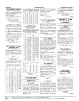 Minas Gerais 	Diário do Executivo	 sábado, 02 de Julho de 2022 – 9
Superintendência de Fiscalização
PORTARIA SUFIS Nº 148, DE 01 DE JULHO DE 2022
Altera o Anexo Único da Portaria SUFIS nº 020, de 06 de dezembro
de 2017, que dispõe sobre o credenciamento de contribuintes com
dispensa de visto prévio na liberação de mercadoria importada, para
efeitos de aplicação da legislação do ICMS.
O SUPERINTENDENTE DE FISCALIZAÇÃO, no uso de suas
atribuições e tendo em vista o disposto no § 15 do art. 335 da Parte 1 do
Anexo IX do Regulamento do ICMS (RICMS), aprovado pelo Decreto
nº 43.080, de 13 de dezembro de 2002,
RESOLVE:
Art. 1º- O Anexo Único da Portaria SUFIS nº 020, de 06 de dezembro
de 2017, fica acrescido do seguinte item:
203 PHILIPS MEDICAL SYSTEMS LTDA 58.295.213/0023-83
Art. 2º-Esta Portaria entra em vigor na data de sua publicação.
Belo Horizonte, aos 1º de jujho de 2022; 235º da
Inconfidência Mineira e 201º da Independência do Brasil
CARLOS RENATO MACHADO
CONFARSuperintendente de Fiscalização
01 1656797 - 1
Superintendência de Tributação
COMUNICADO SUTRI Nº 003, DE 1º DE JULHO DE 2022
O Superintendente de Tributação, no uso de suas atribuições, e
considerando,
1. que foi celebrado pelos Estados e pelo Distrito Federal, no âmbito
do Conselho Nacional de Política Fazendária – CONFAZ, o Convênio
ICMS 82/22, de 30 de junho de 2022, para dar cumprimento à decisão
judicial prolatada em caráter cautelar no âmbito da Ação Direta de
Inconstitucionalidade nº 7.164, em 17 de junho de 2022;
2. que foi publicado o Ato Cotepe/ICMS nº 52, de 30 de junho de 2022,
para dar cumprimento à decisão judicial prolatada em caráter cautelar
no âmbito da Ação Direta de Inconstitucionalidade nº 7.164, em 17 de
junho de 2022;
COMUNICA que, por meio dos atos normativos acima elencados,
foram divulgados os seguintes valores de base de cálculo do Imposto
sobre Operações Relativas à Circulação de Mercadorias e sobre
Prestações de Serviços de Transporte Interestadual e Intermunicipal e
de Comunicação – ICMS, vigentes no Estado de Minas Gerais, a partir
de 1º de julho de 2022, nos termos de decreto do Exmo. Sr. Governador
do Estado a ser oportunamente publicado:
I – Gasolina Automotiva Comum – GAC: R$ 5,0158 por litro;
II – Gasolina Automotiva Premium – GAP: R$ 5,0158 por litro;
III – Gás Liquefeito de Petróleo – GLP (P13): R$ 5,9488 por kg;
IV – Gás Liquefeito de Petróleo – GLP: R$ 5,9488 por kg;
V – Diesel S10: R$ 4,0337 por litro;
VI – Óleo Diesel: R$ 3,9387 por litro.
Belo Horizonte, em 1º de julho de 2022; 234º da Inconfidência
Mineira e 201º da Independência do Brasil.
MARCELO HIPÓLITO RODRIGUES
Superintendente de Tributação
01 1656733 - 1
Superintendência de Arrecadação
e Informações Fiscais
SUPERINTENDÊNCIA DE ARRECADAÇÃO
E INFORMAÇÕES FISCAIS
COMUNICADO Nº 019/2022
O Superintendente da Superintendência de Arrecadação e Informações
Fiscais, no uso das atribuições que lhe confere o § 3º do artigo 1º
da Resolução nº 2.880, de 13 de outubro de 1997, considerando a
conveniência de instruir as Repartições Fazendárias e os Contribuintes,
comunica que a taxa referencial do Sistema Especial de Liquidação e
Custódia (SELIC) divulgada pelo Banco Central do Brasil para o mês
de junho/2022, exigível a partir de julho/2022, é de 1,015316.
Superintendência de Arrecadação e Informações Fiscais 01 de julho
de 2022.
Leônidas Marcos Torres Marques
Superintendente
Superintendência de Arrecadação e Informações Fiscais
SUPERINTENDÊNCIA DE ARRECADAÇÃO
E INFORMAÇÕES FISCAIS
COMUNICADO Nº 020/2022
O Superintendente da Superintendência de Arrecadação e Informações
Fiscais no uso de suas atribuições e, considerando a conveniência de
instruir as Repartições Fazendárias, os Contribuintes e os Contabilistas,
publica tabela para cálculo do ICMS, ITCD e Taxas em atraso, para
pagamento até julho/2022, nos termos do art. 2º da Resolução nº
2880/97.
TABELA PARA CÁLCULO DO ICMS, ITCD E TAXAS
EM ATRASO PARA PAGAMENTO EM JULHO/2022
Para utilização desta tabela considerar-se-á o mês de vencimento do
ICMS, ITCD e Taxas
Tabela de Multas e Juros Moratórios
Ano
Mês
do
venc
Multa Juros (%) Ano
Mês
do
venc
Multa Juros (%)
2017 Jan 12% 33,839821 2020 Jan 12% 12,984238
Fev 12% 32,974737 Fev 12% 12,690509
Mar 12% 31,922681 Mar 12% 12,352140
Abr 12% 31,136100 Abr 12% 12,067215
Maio 12% 30,208968 Maio 12% 11,831405
Jun 12% 29,400099 Jun 12% 11,619073
Jul 12% 28,602176 Jul 12% 11,424727
Ago 12% 27,799887 Ago 12% 11,264837
Set 12% 27,161427 Set 12% 11,107871
Out 12% 26,517497 Out 12% 10,950905
Nov 12% 25,949309 Nov 12% 10,801419
Dez 12% 25,410909 Dez 12% 10,636972
2018 Jan 12% 24,826704 2021 Jan 12% 10,487486
Fev 12% 24,361102 Fev 12% 10,352959
Mar 12% 23,828757 Mar 12% 10,151879
Abr 12% 23,310462 Abr 12% 9,944094
Maio 12% 22,792167 Maio 12% 9,673768
Jun 12% 22,273872 Jun 12% 9,365989
Jul 12% 21,730830 Jul 12% 9,010373
Ago 12% 21,163034 Ago 12% 8,582421
Set 12% 20,694216 Set 12% 8,140422
Out 12% 20,151174 Out 12% 7,654426
Nov 12% 19,657621 Nov 12% 7,067677
Dez 12% 19,164068 Dez 12% 6,298594
2019 Jan 12% 18,621026 2022 Jan 12% 5,566324
Fev 12% 18,127473 Fev 12% 4,811283
Mar 12% 17,658655 Mar 12% 3,884229
Abr 12% 17,140360 Abr 12% 3,049908
Maio 12% 16,597318 Maio (*) 2,015316
Jun 12% 16,128500 Jun (*) 1,000000
Jul 12% 15,560704 Jul (*)
Ago 12% 15,058985 Ago
Set 12% 14,595225 Set
Out 12% 14,115961 Out
Nov 12% 13,735575 Nov
Dez 12% 13,360871 Dez
(*) Tabela de Multas
0,15% (zero vírgula quinze por cento) do valor do imposto, por dia de
atraso, até o trigésimo dia)
9% (nove por cento) do valor do imposto do trigésimo primeiro ao
sexagésimo dia de atraso)
12% (doze por cento) do valor do imposto após o sexagésimo dia de
atraso)
Dias
Percen-
tual
Dias
Percen-
tual
Dias
Percen-
tual
Dias
Percen-
tual
1 0,15 16 2,40 31 9,00 46 9,00
2 0,30 17 2,55 32 9,00 47 9,00
3 0,45 18 2,70 33 9,00 48 9,00
4 0,60 19 2,85 34 9,00 49 9,00
5 0,75 20 3,00 35 9,00 50 9,00
6 0,90 21 3,15 36 9,00 51 9,00
7 1,05 22 3,30 37 9,00 52 9,00
8 1,20 23 3,45 38 9,00 53 9,00
9 1,35 24 3,60 39 9,00 54 9,00
10 1,50 25 3,75 40 9,00 55 9,00
11 1,65 26 3,90 41 9,00 56 9,00
12 1,80 27 4,05 42 9,00 57 9,00
13 1,95 28 4,20 43 9,00 58 9,00
14 2,10 29 4,35 44 9,00 59 9,00
15 2,25 30 4,50 45 9,00 60 9,00
ACIMA DE 60 12,00
Belo Horizonte, 01 de julho de 2022.
Leônidas Marcos Torres Marques
Superintendente
Superintendência de Arrecadação e Informações Fiscais
SUPERINTENDÊNCIA DE ARRECADAÇÃO
E INFORMAÇÕES FISCAIS
COMUNICADO Nº 021/2022
O Superintendente da Superintendência de Arrecadação e Informações
Fiscais no uso de suas atribuições e, considerando a conveniência de
instruir as Repartições Fazendárias, os Contribuintes e os Contabilistas,
publica tabela para cálculo do IPVA em atraso, para pagamento até
julho/2022, nos termos do art. 2º da Resolução nº 2880/97.
TABELA PARA CÁLCULO DO IPVA EM ATRASO
PARA PAGAMENTO EM JULHO/2022
Para a utilização desta tabela considerar-se-á o mês de vencimento das
parcelas
Tabela de Multas e Juros Moratórios
Ano
Mês
do
venc
Multa Juros (%) Ano
Mês
do
venc
Multa Juros (%)
2017 Jan 20% 33,839821 2020 Jan 20% 12,984238
Fev 20% 32,974737 Fev 20% 12,690509
Mar 20% 31,922681 Mar 20% 12,352140
Abr 20% 31,136100 Abr 20% 12,067215
Maio 20% 30,208968 Maio 20% 11,831405
Jun 20% 29,400099 Jun 20% 11,619073
Jul 20% 28,602176 Jul 20% 11,424727
Ago 20% 27,799887 Ago 20% 11,264837
Set 20% 27,161427 Set 20% 11,107871
Out 20% 26,517497 Out 20% 10,950905
Nov 20% 25,949309 Nov 20% 10,801419
Dez 20% 25,410909 Dez 20% 10,636972
2018 Jan 20% 24,826704 2021 Jan 20% 10,487486
Fev 20% 24,361102 Fev 20% 10,352959
Mar 20% 23,828757 Mar 20% 10,151879
Abr 20% 23,310462 Abr 20% 9,944094
Maio 20% 22,792167 Maio 20% 9,673768
Jun 20% 22,273872 Jun 20% 9,365989
Jul 20% 21,730830 Jul 20% 9,010373
Ago 20% 21,163034 Ago 20% 8,582421
Set 20% 20,694216 Set 20% 8,140422
Out 20% 20,151174 Out 20% 7,654426
Nov 20% 19,657621 Nov 20% 7,067677
Dez 20% 19,164068 Dez 20% 6,298594
2019 Jan 20% 18,621026 2022 Jan 20% 5,566324
Fev 20% 18,127473 Fev 20% 4,811283
Mar 20% 17,658655 Mar 20% 3,884229
Abr 20% 17,140360 Abr 20% 3,049908
Maio 20% 16,597318 Maio 20% 2,015316
Jun 20% 16,128500 Jun (*) 1,000000
Jul 20% 15,560704 Jul (*)
Ago 20% 15,058985 Ago
Set 20% 14,595225 Set
Out 20% 14,115961 Out
Nov 20% 13,735575 Nov
Dez 20% 13,360871 Dez
(*) Tabela de Multas
0,3% (zero vírgula três por cento) do valor do imposto, por dia de
atraso, até o trigésimo dia)
20% (vinte por cento) do valor do imposto após o trigésimo dia de
atraso)
Dias Percentual Dias Percentual Dias Percentual
1 0,30 11 3,30 21 6,30
2 0,60 12 3,60 22 6,60
3 0,90 13 3,90 23 6,90
4 1,20 14 4,20 24 7,20
5 1,50 15 4,50 25 7,50
6 1,80 16 4,80 26 7,80
7 2,10 17 5,10 27 8,10
8 2,40 18 5,40 28 8,40
9 2,70 19 5,70 29 8,70
10 3,00 20 6,00 30 9,00
Após o 30º dia 20,00
Belo Horizonte, 01 de julho de 2022.
Leônidas Marcos Torres Marques
Superintendente
Superintendência de Arrecadação e Informações Fiscais
01 1656626 - 1
Superintendências Regionais
da Fazenda - SRF
SRF II - Contagem
SUPERINTENDÊNCIA REGIONAL DA
FAZENDA II – CONTAGEM /
DELEGACIA FISCAL SETE LAGOAS
TERMO DE INTIMAÇÃO
Fica o sujeito passivo intimado a promover, no prazo de 30 (trinta) dias,
a contar desta publicação, o Pagamento/Parcelamento/Impugnação
do crédito tributário constituído mediante o Auto de Infração(e-
PTA) a seguir relacionado, lavrado pela Delegacia Fiscal/2º Nível/
Sete Lagoas, nos termos da legislação vigente, sob pena de revelia
e reconhecimento do crédito tributário, circunstância em que a peça
fiscal será encaminhada para inscrição em dívida ativa e execução
judicial, inclusive no caso de decisão irrecorrível no CCMG, favorável
à Fazenda Pública Estadual. Nos termos do RPTA/MG, estabelecido
pelo Decreto nº. 44.747/2008, o acesso à íntegra do referido Auto de
Infração, assim como as intervenções no PTA eletrônico(e-PTA) pelo
interessado ou seu representante, no prazo regulamentar, deverão
ocorrer apenas em meio eletrônico, dentro do Sistema Integrado de
Administração da Receita Estadual-SIARE, disponível no endereço
eletrônico da Secretaria de Estado de Fazenda de Minas Gerais – www.
fazenda.mg.gov.br – ou no endereço eletrônico para login no sistema
https ://www2.fazenda.mg.gov.br/sol/, ficando sem efeito as entregas
feitas nas repartições fazendárias.
Para acesso ao SIARE, favor agendar através de e-mail dfsetelagoas@
fazenda.mg.gov.br, o comparecimento na Repartição Fazendária acima
mencionada, situada na Rua José Duarte de Paiva, nº 815, 2º andar, Sete
Lagoas, MG, para obter sua SENHA inicial de acesso ao sistema.
Persistindo ainda alguma dúvida acesse o canal Fale Conosco –Assunto
- PTA ELETRÔNICO- e-PTA, no endereço:
http://formulario.faleconosco.fazenda.mg.gov.br/sefatendeweb/pages/
faleconoscoFormulário.xhtml
e-PTA Nº: 01.002261552-91
Sujeito Passivo: Maria Aparecida Alves
CPF: 425.882.356-20
Endereço: Rua Melo Figueiredo, nº 175, Bairro: Santo Antônio – Sete
Lagoas/MG – CEP.: 35701-240
Sete Lagoas, 01 de julho de 2022.
Gustavo Almeida Vieira
Delegado Fiscal DF/Sete Lagoas
01 1656629 - 1
SRF I - Governador Valadares
SRF – I – GOVERNADOR VALADARES
ADMINISTRAÇÃO FAZENDÁRIA 2º NÍVEL TEÓFILO OTONI
INTIMAÇÃO
Nos termos do artigo 10, § 1º do RPTA/MG, fica o Contribuinte abaixo
identificado, (que se encontra em local ignorado, incerto ou inacessível)
intimado a promover, no prazo de 30 (trinta) dias contados desta
publicação, a liquidação do crédito tributário junto a esta repartição
fazendária localizada na Rua Epaminondas Otoni, 655 – 4º Andar-
Centro – Teófilo Otoni –MG, CEP: 39.800-013.
Na hipótese de pagamento integral ou entrada prévia de parcelamento,
nos termos da Lei 6763/1975, a multa será reduzida a 30% (trinta por
cento) nos 10 (dez) primeiros dias e a 45% (quarenta e cinco por cento)
a partir (décimo primeiro) dia e antes de sua inscrição em Dívida Ativa
– art. 53, § 10.
Comunicamos que não cabe impugnação em relação à peça fiscal
em referência por se tratar de crédito tributário de natureza não
contenciosa (§ 3º do art. 64 da RPTA/MG) e que a falta de pagamento
ou parcelamento nos termos desta intimação, implicará inscrição em
dívida ativa e cobrança judicial do crédito tributário integral.
Auto de Infração: 01.002391161.25
Sujeito Passivo: Nayara Rodrigues Silva - I.E. 002.665899.00-93
Endereço: Rua Miriam, 57 – São Cristovão – Teófilo Otoni - MG
Teófilo Otoni, 01 de julho 2022
Luciana Nunes Lago – Masp. 337.719-9 Chefe AF em Exercício
01 1656630 - 1
SRF I - Ipatinga
SRF I IPATINGA/AF/2º NÍVEL/MANHUAÇU
O Processo Tributário Administrativo abaixo foi objeto de Acordão
na 3ª Câmara de julgamento do Conselho de Contribuintes de Minas
Gerais, à unanimidade, em rejeitar a prefacial arguida, conforme
Decisão prolatada em 29/03/2022, pela 3ª Câmara do CC/MG,Acórdão:
24.101 / 22 / 3ª, disponibilizado no Diário Eletrônico de 06/05/2022 sob
o n° 17/22.
Assim sendo, fica(m) o(s) sujeito passivo(s) intimado(s) a promover,
no prazo de 10(dez) dias a contar desta publicação, o pagamento /
parcelamento do crédito tributário constituído mediante o PTA a seguir
relacionado, nos termos da legislação vigente, sob pena de revelia e
reconhecimento do crédito tributário, circunstância em que a peça fiscal
será encaminhada para inscrição em dívida ativa e demais cobranças.
Maiores esclarecimentos poderão ser obtidos nesta repartição fazendária
situada na Praça Cordovil Pinto Coelho, 145, Centro - Manhuaçu –MG,
o ou com os seguintes endereços eletrônicos:
afmanhuacu@fazenda.mg.gov.br ou vera.cruz@fazenda.mg.gov.br
AI Nº 01.001804718-20 de 10/12/2020
Contribuinte – AURORA COMÉRCIO DE CAFÉ LTDA
CNPJ: 13.141.489/0001-63
Endereço: Rua Odilon Salgado,33 – Apto 204 – Bairro Santa Luiza –
Varginha – MG – CEP: 37026-700
Coobrigados:
1º) TIAGO BASTITON VENTURATO – CPF: 056.726.876-44
Endereço: Rua Santa Margarida, 376 – Bom Pastor – Varginha– MG –
CEP: 37014-280
2º) DURVAL JOSÉ DE MIRRANDA SILVA – CPF: 419.530.376-15
Endereço: Avenida Raul Soares, 117 – apto 106 – Bairro: Centro
Manhumirim – MG – CEP: 36970-000
3º) SILVEIRA UMBELINO DANTAS – CPF: 512.640.808-91
Endereço: Rua Doutor Antônio Francisco de Oliveira. 379 – Bairro
Bom Pastor Varginha – MG – CEP: 37014-290
4º) PAULIM PEREIRA DA SILVA – CPF: 825.562.536-49
Endereço: Rua Orfano Gonzaga, 550 – A – Bairro Cidade Jardim –
Manhumirim – MG – CEP: 36970-000
Manhuaçu, 30 de junho de 2022.
Fabrício Carlos Amorim Bicalho – MASP 669.797-3
Chefe da AF/2º Nível/ Manhuaçu – SRF Ipatinga
01 1656633 - 1
SRF I - Juiz de Fora
SRF I / JUIZ DE FORA
DF/1º NÍVEL/JUIZ DE FORA - 2
INTIMAÇÃO
Fica(m) o(s) contribuinte(s) abaixo indicado(s), por estar(em) em local
ignorado, incerto ou inacessível, intimado(s) da lavratura do Auto de
Infração infracitado. Informamos que é de 30 (trinta) dias, a contar
desta publicação, o prazo para pagamento ou parcelamento do crédito
tributário, com as reduções legais.
Comunicamos que não cabe impugnação em relação à peça fiscal em
referência por se tratar de crédito tributário de natureza não contenciosa
e que a falta de pagamento ou parcelamento nos termos desta intimação,
implicará inscrição em dívida ativa e cobrança judicial.
Esclarecimentos adicionais, se necessários, poderão ser obtidos junto à
Administração Fazendária de Juiz de Fora, sito à Rua Halfeld, n.º 422,
Centro, Juiz de Fora, ou através do endereço eletrônico afjuizdefora@
fazenda.mg.gov.br.
Auto de Infração nº 01.002352816.87
Autuados: ADRIANA GUERREIRO DOS REIS ANGELO
CPF: 004.228.906-85, RUA RODOLFO CORREA, 160, LIDICE,
UBERLANDIA – MG.
Juiz de Fora, 30 de junho de 2022.
Rosária Maria Silveira
Delegada Fiscal
DF/1º Nível/Juiz de Fora-2
SRF I / JUIZ DE FORA
DF/ 1º NÍVEL/JUIZ DE FORA-2
TERMO DE INTIMAÇÃO
Nos termos da legislação vigente, fica o sujeito passivo intimado a
promover, no prazo de 30 (trinta) dias, a contar desta publicação, o
Pagamento/Parcelamento/Impugnação do crédito tributário constituído
mediante o Auto de Infração (e-PTA) a seguir relacionado, sob pena de
revelia e reconhecimento do crédito tributário, circunstância em que a
peça fiscal será encaminhada para inscrição em dívida ativa e execução
judicial, inclusive no caso de decisão irrecorrível no CCMG, favorável
à Fazenda Pública Estadual. Nos termos do RPTA - estabelecido pelo
Decreto nº 44.747/2008, o acesso à íntegra do referidoAuto de Infração,
assim como as intervenções no PTAeletrônico (e-PTA) pelo interessado
ou seu representante, no prazo regulamentar, deverão ocorrer apenas
em meio eletrônico, dentro do Sistema Integrado de Administração
da Receita Estadual - SIARE, disponível no endereço eletrônico da
Secretaria de Estado de Fazenda de Minas Gerais – www.fazenda.
mg.gov.br – ou no endereço eletrônico para login no sistema https://
www2.fazenda.mg.gov.br/sol/, ficando sem efeito as entregas feitas
nas repartições fazendárias. Para acesso ao SIARE, favor encaminhar
e-mail para a repartição fazendária acima mencionada, situada na
Rua Herculano Pena, 88, Poço Rico, Juiz de Fora -MG ou através do
endereço eletrônico:dfjuizdefora2@fazenda.mg.gov.br, para obter sua
SENHA inicial de acesso ao referido sistema. Persistindo ainda alguma
dúvida acesse o canal Fale Conosco/Assunto/PTA ELETRÔNICO/e-
PTA, no endereço http://formulario.faleconosco.fazenda.mg.gov.br/
sefatendeweb/pages/faleconoscoFormulario.xhtml
e-PTA Nº: 01.002368314.60
Sujeito Passivo: Jose Anicio de Sena
Identificação: 279.182.206-25
Endereço: Rua Rio Comprido, 570, Apt 402, Riacho das Pedras,
Contagem-MG.
Juiz de Fora, 01 de julho de 2022.
Rosária Maria Silveira -Delegada Fiscal
DF/1º Nível/Juiz de Fora-2
01 1656636 - 1
Secretaria de Estado
de Infraestrutura
e Mobilidade
Secretário: Fernando Scharlack Marcato
Expediente
DESIGNAÇÃO - SEINFRA/SUBMOB – 2021
BELO HORIZONTE, 19 DE ABRIL DE 2021.
TERMO DE DESIGNAÇÃO DE GESTOR E
FISCAL DOS CONTRATOS DE CONCESSÃO
DO TRANSPORTE METROPOLITANO*
Observadas as competências previstas na Lei Estadual nº 23.303, de 30
de maio de 2019, bem como no Decreto estadual nº 47.767, de 29 de
novembro de 2019, ficam designados, os servidores abaixo relacionados,
para atuarem na condição de gestor e de fiscal dos contratos de concessão
dos serviços de transporte coletivo metropolitano de passageiros e dos
termos de permissão dos taxis especiais metropolitanos, nos termos do
inciso III do art. 58, do art. 67 da Lei Federal nº. 8.666, de 1993, bem
como do art. 3º da Lei Federal nº 8.987, de 13 de fevereiro de 1995:
Gestor Titular dos contratos: Gabriel Ribeiro Fajardo – MASP
1487892-0
Gestor Auxiliar dos contratos: Silvia Machado Lage – MASP
1487923-3
Fiscal Titular dos contratos: Diovane de Sá Leopoldino – MASP
1028584-9
Os servidores designados deverão atuar de forma articulada e
complementar entre si e com o DER/MG, observadas as competências
legais, com vistas a garantir a observância da legislação vigente e das
cláusulas contratuais, devendo ainda, atuar em conformidade com as
orientações gerais do titular da Subsecretaria responsável pela pasta.
A gestão e a fiscalização de que trata o presente instrumento não exclui,
nem reduz a responsabilidade das CONCESSIONÁRIAS por quaisquer
irregularidades, inconformidades, ações ou omissões havidas na
execução dos contratos de concessão do serviço de transporte coletivo.
Com o presente, fica revogado o termo de designação de gestor e fiscal
nº 21565520.
Fernando S. Marcato
Secretário de Estado de Infraestrutura e Mobilidade
*PUBLICAÇÃO EXTEMPORÂNEA
01 1656215 - 1
DESIGNAÇÃO - SEINFRA/SUBMOB – 2021
BELO HORIZONTE, 19 DE ABRILDE 2021.
TERMO DE DESIGNAÇÃO DE GESTOR E
FISCAL DOS CONTRATOS DE CONCESSÃO
DO TRANSPORTE INTERMUNICIPAL*
Observadas as competências previstas na Lei Estadual nº 23.303,
de 30 de maio de 2019, bem como no Decreto estadual nº 47.767,
de 29 de novembro de 2019, ficam designados, os servidores
abaixo relacionados, para atuarem na condição de gestor e de fiscal
dos contratos de concessão dos serviços de transporte coletivo
intermunicipal de passageiros, nos termos do inciso III do art. 58, do
art. 67 da Lei Federal nº. 8.666, de 1993, bem como do art. 3º da Lei
Federal nº 8.987, de 13 de fevereiro de 1995:
Gestor Titular dos contratos: Gabriel Ribeiro Fajardo – MASP
1487892-0
Gestor Auxiliar dos contratos: Silvia Machado Lage – MASP
1487.923-3
Fiscal Titular dos contratos: Leandro Arca Gonzalves de Alvarenga -
MASP 1168620-1
Os servidores designados deverão atuar de forma articulada e
complementar entre si e com o DER/MG, observadas as competências
legais, com vistas a garantir a observância da legislação vigente e das
cláusulas contratuais, devendo ainda, atuar em conformidade com as
orientações gerais do titular da Subsecretaria responsável pela pasta.
A gestão e a fiscalização de que trata o presente instrumento não exclui,
nem reduz a responsabilidade das CONCESSIONÁRIAS por quaisquer
irregularidades, inconformidades, ações ou omissões havidas na
execução dos contratos de concessão do serviço de transporte coletivo.
Com o presente, fica revogado o Termo de Designação de Gestor e
Fiscal nº 21566070.
Fernando S. Marcato
Secretário de Estado de Infraestrutura e Mobilidade
*PUBLICAÇÃO EXTEMPORÂNEA
01 1656214 - 1
Secretaria de
Estado de Justiça e
Segurança Pública
Secretário: Rogério Greco
Expediente
EDITAL DE CHAMAMENTO
A Presidente da Comissão da Sindicância Administrativa Disciplinar
nº 017/2019, Sheila Santos Osman, conforme PORTARIA/NUCAD/
CSet - SEJUSP/SAD Nº 017/2019, publicada no Minas Gerais de 31
de dezembro de 2019, tendo em vista o disposto no artigo 225 da Lei
Estadual nº 869 de 05 de julho de 1952, INTIMA, durante 08 (oito)
publicaçõesconsecutivas,oprocessadoabaixorelacionadopelopresente
mandado, para querendo comparecer às audiências das testemunhas e
processado a serem realizadas nos dias 14/07/2022 e 15/07/2022 de
09h:00m às 16h:00 e para o seu INTERROGATÓRIO que ocorrerá
no dia 15/07/2022 às 16h:00, por meio de videoconferência, sendo
os procedimentos realizados e o link para participação das audiências
serão encaminhados após prévio contato do processado com a comissão
processante por meio do e-mail: comissao04nucad@gmail.com.
Destaca-se que a comissão no ato das audiências estará instalada na
sede do Núcleo de Correição Administrativa (NUCAD), localizado na
Rodovia João Paulo II, nº 4001 – Prédio Minas – 3º andar, bairro Serra
Verde, Belo Horizonte/MG, Cidade Administrativa de Minas Gerais.
As audiências das testemunhas ocorrerão nos dias 14/07/2022 de
09h:00 às 16h:00 e 15/07/2022 de 09h:00 às 14h:00 e seu interrogatório
dia 15/07/2022 às 16h:00.
AMILTON FRANÇA DE SOUZA - MASP 1.182.275-6 Processado
SAD 017/2019.
Sheila Santos Osman
MASP 1.196.188-5
Presidente de Comissão
30 1655470 - 1
Documento assinado eletrônicamente com fundamento no art. 6º do Decreto nº 47.222, de 26 de julho de 2017.
A autenticidade deste documento pode ser verificada no endereço http://www.jornalminasgerais.mg.gov.br/autenticidade, sob o número 320220702002209019.
 