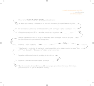 21
E PARTICIPAÇÃO
DE CRIANÇAS
EDUCOMUNICAÇÃO
Dessa forma, DURANTE CADA OFICINA, o educador deve:
Ser alegre, pois a energia e a disposição do educador motivam a participação efetiva do grupo;
Ser provocativo, questionador, sensibilizador, estimulando as crianças a opinar e participar;
Comprometer-se com a oficina e acreditar nos objetivos propostos;
Sempre que necessário discutir em grupo e trabalhar numa abordagem cidadã as situações
discriminatórias, como preconceitos, mitos e tabus;
Incentivar a leitura e a escrita;
Trabalhar para a construção de relações de respeito e gentileza entre os participantes, nas quais “Bom
dia”,“Muito Obrigado” e “Desculpe-me” estejam sempre presentes;
Respeitar as diferentes formas de participação das crianças;
Incentivar o trabalho colaborativo entre as crianças;
Quando necessário, dar atenção individual às crianças que apresentarem demandas diferenciadas
(conversas individuais após ou durante as oficinas).
 