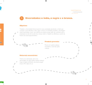 33
E INTEGRAÇÃO
DE GRUPO
INFÂNCIA
Objetivo:
Trabalhar a diversidade étnicorracial em nossa sociedade abordando a tríade que
compõe o povo Brasileiro: índio, negro e branco.A atividade possibilita a abordagem
sobre diversidade a partir das vivências do próprio grupo, além de contribuir para a
ampliação da visão de mundo das crianças sobre o respeito às diferenças a partir da
história da colonização Brasileira.
Produto previsto:
Mural com quebra-cabeças
montados e coloridos pelas
crianças.
Materiais necessários:
História da colonização, xerox dos
personagens do jogo quebra-cabeça (anexo),
mapa ou globo terrestre, cola branca, papel
branco A4 e lápis de cor.
Diversidades: o índio, o negro e o branco.
2
:
 
