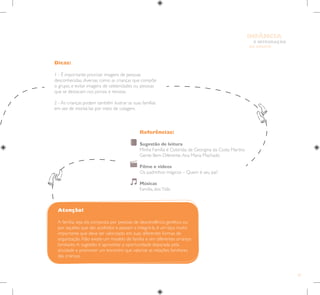 67
E INTEGRAÇÃO
DE GRUPO
INFÂNCIA
Referências:
Sugestão de leitura
Minha Família é Colorida, de Georgina da Costa Martins
Gente Bem Diferente,Ana Maria Machado
Filme e vídeos
Os padrinhos mágicos – Quem é seu pai?
Músicas
Família, dosTitãs
Dicas:
1 - É importante priorizar imagens de pessoas
desconhecidas, diversas como as crianças que compõe
o grupo, e evitar imagens de celebridades ou pessoas
que se destacam nos jornais e revistas.
2 - As crianças podem também ilustrar as suas famílias
em vez de montá-las por meio de colagem.
Atenção!
A família, seja ela composta por pessoas de descendência genética ou
por aqueles que são acolhidos e passam a integrá-la, é um laço muito
importante que deve ser valorizado em suas diferentes formas de
organização. Não existe um modelo de família e sim diferentes arranjos
familiares.A sugestão é aproveitar a oportunidade disparada pela
atividade e promover um encontro que valorize as relações familiares
das crianças.
 