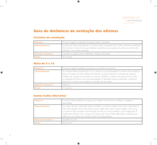 90
E INTEGRAÇÃO
DE GRUPO
INFÂNCIA
Guia de dinâmicas de avaliação das oficinas
Objetivos Provocar registros avaliativos do grupo sobre a atividade.
Desenvolvimento O educador deve providenciar um cartaz fixado na parede com as três carinhas de satisfação:
feliz, normal e triste.As crianças recebem canetinhas para sinalizar no cartaz sua carinha de
satisfação com aquela atividade.
Materiais necessários Cartolina ou papel pardo, canetinhas coloridas, fita-crepe.
Tempo 20 minutos.
Objetivos Provocar registros avaliativos do grupo em relação ao encontro.
Desenvolvimento As crianças devem pontuar de 0 a 10 a oficina e a sua participação na mesma. Essa dinâmica
pode ser usada em várias oficinas permitindo ao grupo observar a variação das notas.A
medida que o grupo se consolida, as crianças começam a adotar uma postura mais crítica
na avaliação da oficina e em sua autoavaliação. O educador pode incrementar a dinâmica
pedindo às crianças que expliquem a escolha da nota dada.
Materiais necessários Nenhum.
Tempo 15 minutos.
Objetivos Provocar relatos avaliativos do grupo em relação ao encontro e reforçar o respeito à
diversidade.
Desenvolvimento Em roda e de pé, o educador deverá convidar as crianças a derem suas mãos e fecharem os
olhos. Em seguida, iniciar uma música suave e pedir para cada criança imaginar como seria
o mundo se não houvesse discriminação.Ao final, as crianças relatam o que imaginaram. É
importante reforçar com o grupo de crianças que somos todos diferentes, contudo, essas
diferenças não podem ser transformadas em desigualdades.
Materiais necessários Aparelho de som.
Tempo 20 minutos.
Carinhas de satisfação
Nota de 0 a 10
Somos todos diferentes
 