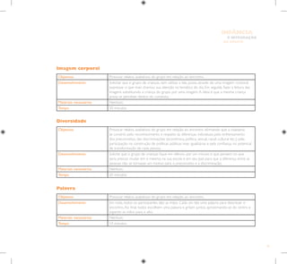 91
E INTEGRAÇÃO
DE GRUPO
INFÂNCIA
Objetivos Provocar relatos avaliativos do grupo em relação ao encontro afirmando que a cidadania
se constrói pelo reconhecimento e respeito às diferenças individuais; pelo enfrentamento
dos preconceitos, das discriminações (econômica, política, sexual, racial, cultural etc.); pela
participação na construção de políticas públicas mais igualitárias e pela confiança no potencial
de transformação de cada pessoa.
Desenvolvimento Solicite que o grupo de crianças fique em silêncio por um minuto e que pensem no que
seria preciso mudar em si mesmo, na sua escola e em seu país para que a diferença entre as
pessoas não se tornasse um motivo para o preconceito e a discriminação.
Materiais necessários Nenhum.
Tempo 20 minutos.
Objetivos Provocar relatos avaliativos do grupo em relação ao encontro.
Desenvolvimento Solicitar que o grupo de crianças, sem utilizar a fala, possa, através de uma imagem corporal,
expressar o que mais chamou sua atenção na temática do dia. Em seguida, fazer a leitura das
imagens substituindo a criança do grupo por uma imagem.A ideia é que a mesma criança
possa se perceber dentro do contexto.
Materiais necessários Nenhum.
Tempo 20 minutos.
Imagem corporal
Diversidade
Objetivos Provocar relatos avaliativos do grupo em relação ao encontro.
Desenvolvimento Em roda, todos os participantes dão as mãos. Cada um fala uma palavra para descrever o
encontro.Ao final, todos escolhem uma palavra e gritam juntos, aproximando-se do centro e
jogando as mãos para o alto.
Materiais necessários Nenhum.
Tempo 10 minutos.
Palavra
 