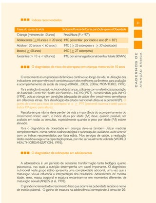 Índices recomendados:
Fases do curso da vida
Crianças (menores de 10 anos)

31
Índices e Pontos de Corte para Sobrepeso e Obesidade
Peso/Altura (P > 97°)

Adolescentes ( >10 anos e < 20 anos) IMC percentilar por idade e sexo (P > 85°)
Idosos ( > 60 anos)

IMC ( > 27 sobrepeso)

Gestantes (> 10 e < 60 anos)

IMC por semana gestacional (verificar tabela SISVAN)

O diagnóstico de risco de sobrepeso em crianças menores de 10 anos
O crescimento é um processo dinâmico e contínuo ao longo da vida. A utilização dos
indicadores antropométricos é considerada um dos melhores parâmetros para avaliação
e acompanhamento da saúde da criança (BRASIL, 2002a, 2004a; MONTEIRO, 1997).
Para avaliação do estado nutricional de crianças, utiliza-se como referência a população
do National Center for Health and Statistics - NCHS (1977), recomendada pela WHO
(1995), pois as crianças em condições adequadas de saúde têm crescimento semelhante
em diferentes etnias. Para classificação do estado nutricional utiliza-se o percentil (P). O
ponto de corte para risco de sobrepeso é o > P97 (percentil noventa e sete) para o
índice P/A (peso para altura).
Ressalta-se que não se deve perder de vista a importância do acompanhamento do
crescimento linear; assim, o índice altura por idade (A/I) deve, quando possível, ser
avaliado em todas as consultas, especialmente quando o peso por idade (P/I) estiver
elevado.
Para o diagnóstico de obesidade em crianças deve-se também utilizar medidas
complementares, como dobras cutâneas triciptal e subescapular, avaliando-as de acordo
com os índices recomendados por faixa etária. Nos serviços de saúde, a realização
destas medidas exige uma capacitação prévia, por não ser usualmente utilizada (WORLD
HEALTH ORGANIZATION, 1995).
O diagnóstico de sobrepeso em adolescentes
A adolescência é um período de constante transformação tanto biológica quanto
psicossocial, nas quais a nutrição desempenha um papel importante. O diagnóstico
nutricional neste grupo etário apresenta uma complexidade adicional, uma vez que a
maturação sexual influencia a interpretação dos resultados. Adolescentes de mesma
idade, sexo, massa corporal e estatura encontram-se em momentos diferentes de
maturação sexual (ANJOS et al, 1998).
O grande incremento do crescimento físico que ocorre na puberdade recebe o nome
de estirão puberal. O ganho de estatura na adolescência corresponde à cerca de 20-

ATENÇÃO BÁSICA

IMC ( > 25 sobrepeso e > 30 obesidade)

CADERNOS DE

Adultos ( 20 anos e < 60 anos )

 
