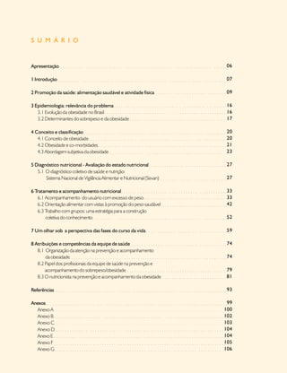 S U M Á R I O

Apresentação

06

1 Introdução

07

2 Promoção da saúde: alimentação saudável e atividade física

09

3 Epidemiologia: relevância do problema
3.1 Evolução da obesidade no Brasil
3.2 Determinantes do sobrepeso e da obesidade

16
16
17

4 Conceito e classificação
4.1 Conceito de obesidade
4.2 Obesidade e co-morbidades
4.3 Abordagem subjetiva da obesidade

20
20
21
23

5 Diagnóstico nutricional - Avaliação do estado nutricional
5.1 O diagnóstico coletivo de saúde e nutrição:
Sistema Nacional de Vigilância Alimentar e Nutricional (Sisvan)

27

6 Tratamento e acompanhamento nutricional
6.1 Acompanhamento do usuário com excesso de peso
6.2 Orientação alimentar com vistas à promoção do peso saudável
6.3 T
rabalho com grupos: uma estratégia para a construção
coletiva do conhecimento

33
33
42

7 Um olhar sob a perspectiva das fases do curso da vida

59

8 Atribuições e competências da equipe de saúde
8.1 Organização da atenção na prevenção e acompanhamento
da obesidade
8.2 Papel dos profissionais da equipe de saúde na prevenção e
acompanhamento do sobrepeso/obesidade
8.3 O nutricionista na prevenção e acompanhamento da obesidade

74

Referências

93

Anexos
Anexo A
Anexo B
Anexo C
Anexo D
Anexo E
Anexo F
Anexo G

99
100
102
103
104
104
105
106

27

52

74
79
81

 