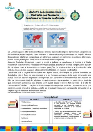 Os Livros Sagrados são textos escritos que em seu significado religioso apresentam a experiência
de manifestação do Sagrado, como também, o momento de registro histórico da religião. Muitos
desses textos não foram compostos a um só tempo, surgiram em momentos e contextos diferentes,
porém a tradição religiosa os reuniu e os reconhece como especiais.
Algumas Tradições Religiosas - como a cristã, a judaica, a muçulmana, a budista e a hindu
registraram suas narrativas religiosas em livros sagrados. Eles foram escritos e organizados a partir
de narrativas orais e transmitem às futuras gerações os ensinamentos e a doutrina de cada
tradição. Esses textos sagrados são geralmente utilizados em rituais e celebrações.
Destaca-se que a origem desses textos em alguns casos, têm origem na própria divindade ou
divindades, isto é, Deus os teria revelado e o ser humano apenas os teria posto por escrito; em
outros casos os escritos sagrados são especiais por conterem os ensinamentos do fundador ou
líder de determinada tradição religiosa; em outros casos, são especiais por entender a tradição
que conservam as histórias das origens ; em outros casos o que os faz especiais é o fato de
conservarem fórmulas , orações e rituais antigos da respectiva tradição ; em outros ainda por
narrarem, assim entende a tradição, a ação da própria divindade; em outros ainda por contarem a
saga de figuras heroicas do início dos tempos.
Fonte: BERKENBROCK, Volney J. O Mundo Religioso. Petrópolis, RJ; Vozes, 2019.
Registro dos ensinamentos
Sagrados nas Tradições
Religiosas: orientais e ocidentais.
10
https://www.google.com/
 
