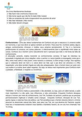24
Confucionismo - Uma das ideias fundamentais de Confúcio era que a natureza e o universo estão
em harmonia, e que isso deve se aplicar também ao homem. Para esse fim, Confúcio adotou alguns
antigos conhecimentos chineses e moldou seus próprios pensamentos. O Tao é a harmonia
predominante no universo; em outras palavras, o relacionamento bom e equilibrado entre todas as
coisas. Confúcio via o homem como naturalmente bom e pensava que todo o mal brota da falta de
conhecimento.
Os Cinco Mandamentos Budistas:
1- Não fazer mal a nenhuma criatura viva
2- Não tomar aquilo que não lhe foi dado (Não roubar)
3- Não se comportar de modo irresponsável nos prazeres do amor
4- Não falar falsidade ( Não mentir)
5- Não beber álcool e drogas
Organização: SILVA, Maria Solange Oliveira.
Mosaico: Os princípios éticos das manifestações e
tradições religiosas: Orientais - Budismo. Manaus,
2023.
A educação, portanto, implica transmitir os conhecimentos corretos. O lugar do indivíduo na
sociedade é regulado por cinco relações: entre o senhor e o servo (patrão e empregado), entre pai e
filho, entre mais velho e mais jovem, entre homens e mulheres, e entre amigo e amigo. Isso significa
que o soberano deve ser bom e o servo deve ser leal, que o pai deve ser amoroso e o filho
respeitador, uma ideia também ligada ao culto dos antepassados. Que o homem deve ser justo com
sua mulher e a mulher deve saber respeitar. Ou seja, as ideias mais importantes para Confúcio eram
a piedade, a fidelidade, o respeito e a reverência.
TAOÍSMO - O Taoísmo implica a passividade e não atividade, ou seja, para um sábio taoísta, a ação
mais importante é a não ação, isso influenciou a vida comunitária. Enquanto Confúcio desejava
educar o homem por meio do conhecimento, Lao Tsé, fundador do taoísmo, preferia que as pessoas
permanecessem ingênuas e simples como crianças. Enquanto Confúcio, discípulo de Lao Tsé,
queria regras e sistemas fixos de política, Lao Tsé acreditava que o homem deveria intervir o mínimo
possível no desenrolar natural dos fatos, pois para Lao Tsé, em sua doutrina do Taoísmo, quanto
mais leis e mandamentos existirem mais ladrões e bandidos haverá, diz em seu livro chamado Tao
Te Ching.
Organização: SILVA, Maria Solange Oliveira.
Mosaico: Os princípios éticos das manifestações e
tradições religiosas: Orientais - Confucionismo.
Manaus, 2023.
 