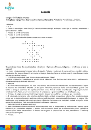 45
Gabarito
Crenças, convicções e atitudes:
Definição de crença; Tipos de crença: Monoteísmo, Monolatria, Politeísmo, Panteísmo e Animismo.
1- Pessoal
2 - V, V
3 - Define-se por crença a firme convicção e a conformidade com algo. A crença é a ideia que se considera verdadeira e à
qual se dá todo o crédito.
4 - Pessoal de acordo com o texto.
5 - Pessoal de acordo com o texto.
6 -
Os princípios éticos das manifestações e tradições religiosas: africanas, indígenas - envolvendo o local e
regional.
1- a ética é o conjunto dos princípios e valores de alguém. Portanto, é muito mais do campo teórico. A moral é a prática,
é o exercício das suas condutas. Eu tenho uma conduta no dia-a-dia, chama-se conduta moral. A ética são os princípios
que orientam a minha conduta.
2 - CORTESIA – significando tratar o outro como gostaria de ser tratado
EMPATIA – refletindo a capacidade de alguém em se colocar no lugar do outro SOLIDARIEDADE – representando
minha capacidade de fazer algo pelo outro.
3 - Pessoal.
4 - A Família não consiste apenas nos vivos e nos mortos, mas também nos não nascidos, nos descendentes. É dever
do indivíduo dar continuidade à família. Um dos piores infortúnios pessoais é morrer sem deixar filhos. Quando uma
família se extingue, a conexão dos espíritos ancestrais com a Terra é cortada, pois não sobra ninguém para manter
contato com eles. Assim, se um homem tem mais de uma esposa e gera muitos filhos, sua alma fica em paz..
5 - A relação do adepto com o seu Orixá tem por objetivo alcançar um equilíbrio, e uma busca que é constante.
6 - É estruturada moralmente pelos princípios de fraternidade, caridade e respeito ao próximo. Para os adeptos desta
crença não há preconceitos contra a ciência moderna, desde que sejam respeitados os limites quando se trata da vida.
Aquilo que é certo para alguns é errado para outros, não temos como determinar ou impor a verdade a ninguém, existe
uma lei do merecimento. Caso a pessoa não mereça, não existe tratamento.
7 - Definição pessoal de acordo com o texto.
8 - A ética Indígena consiste em manter um profundo equilíbrio entre as necessidades do ser humano e o respeito com a
natureza que é considerada sagrada. O respeito é um dos valores éticos que é ensinado tanto para a convivência
humana quanto atitude ante a natureza. O respeito está no gesto, no corpo, na voz, nos olhos, na inclinação. O silêncio é
outro recurso de respeito.
9 - Pessoal.
 