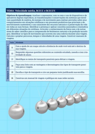 TEMA: Velocidade média, M.R.U. e M.R.U.V.
Objetivos de Aprendizagem: Analisar e representar, com ou sem o uso de dispositivos e de
aplicativos digitais específicos, as transformações e conservações em sistemas que envol-
vam quantidade de matéria, de energia e de movimento para realizar previsões sobre seus
comportamentos em situações cotidianas e em processos produtivos que priorizem o de-
senvolvimento sustentável, o uso consciente dos recursos naturais e a preservação da vida
em todas as suas formas. Identificar a presença e aplicar conceitos associados à cinemática
em diferentes situações do cotidiano. Articular o conhecimento da física com o de outras
áreas do saber científico para a compreensão de fenômenos naturais e da produção tecnoló-
gica. Identificar os tipos de movimento que ocorrem em uma rodovia durante uma viagem.
Calcular e projetar percursos, tempos e velocidades de uma viagem. Construir manuais de
viagens.
Aula Atividade
Semana
6
11
Com a ajuda de um mapa calcule a distância de onde você está até o destino da
sua viagem.
12
Responder algumas questões referentes ao conteúdo estudado, usando a isso cria-
tividade do aluno.
Semana
7
13 Identifique os meios de transporte possíveis para efetuar a viagem.
14
Faça uma lista com as vantagens e desvantagens dos tipos de transporte possí-
veis para a viagem.
Semana
8
15 Escolha o tipo de transporte e crie um pequeno texto justificando sua escolha.
16 Construa um manual de viagem e publique em suas redes sociais.
 