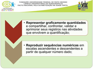 • Representar graficamente quantidades
e compartilhar, confrontar, validar e
aprimorar seus registros nas atividades
que envolvem a quantificação;
• Reproduzir sequências numéricas em
escalas ascendentes e descendentes a
partir de qualquer número dado;
 