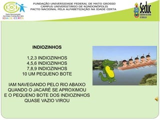 INDIOZINHOS
1,2,3 INDIOZINHOS
4,5,6 INDIOZINHOS
7,8,9 INDIOZINHOS
10 UM PEQUENO BOTE
IAM NAVEGANDO PELO RIO ABAIXO
QUANDO O JACARÉ SE APROXIMOU
E O PEQUENO BOTE DOS INDIOZINHOS
QUASE VAZIO VIROU
 