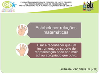 ALINA GALVÃO SPINILLO (p.22)
Estabelecer relações
matemáticas
Usar e reconhecer que um
instrumento ou suporte de
representação pode ser mais
útil ou apropriado que outro.
 