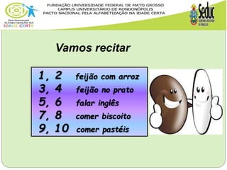 1, 2 feijão com arroz
3, 4 feijão no prato
5, 6 falar inglês
7, 8 comer biscoito
9, 10 comer pastéis
Vamos recitar
 