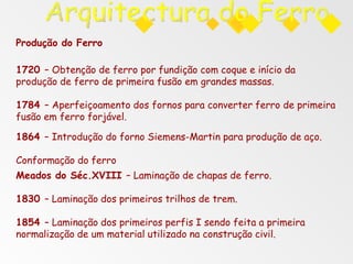 Produção do Ferro
1720 – Obtenção de ferro por fundição com coque e início da
produção de ferro de primeira fusão em grandes massas.
1784 – Aperfeiçoamento dos fornos para converter ferro de primeira
fusão em ferro forjável.
1864 – Introdução do forno Siemens-Martin para produção de aço.
Conformação do ferro
Meados do Séc.XVIII – Laminação de chapas de ferro.
1830 – Laminação dos primeiros trilhos de trem.
1854 – Laminação dos primeiros perfis I sendo feita a primeira
normalização de um material utilizado na construção civil.
 