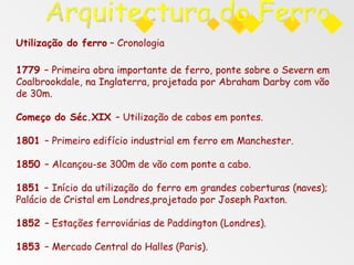 Utilização do ferro – Cronologia
1779 – Primeira obra importante de ferro, ponte sobre o Severn em
Coalbrookdale, na Inglaterra, projetada por Abraham Darby com vão
de 30m.
Começo do Séc.XIX – Utilização de cabos em pontes.
1801 – Primeiro edifício industrial em ferro em Manchester.
1850 – Alcançou-se 300m de vão com ponte a cabo.
1851 – Início da utilização do ferro em grandes coberturas (naves);
Palácio de Cristal em Londres,projetado por Joseph Paxton.
1852 – Estações ferroviárias de Paddington (Londres).
1853 – Mercado Central do Halles (Paris).
 