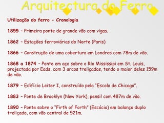 Utilização do ferro - Cronologia
1855 – Primeira ponte de grande vão com vigas.
1862 – Estações ferroviárias do Norte (Paris)
1866 – Construção de uma cobertura em Londres com 78m de vão.
1868 a 1874 – Ponte em aço sobre o Rio Mississipi em St. Louis,
projectada por Eads, com 3 arcos treliçados, tendo o maior deles 159m
de vão.
1879 – Edifício Leiter I, construído pela “Escola de Chicago”.
1883 – Ponte de Brooklyn (New York), pensil com 487m de vão.
1890 – Ponte sobre o “Firth of Forth” (Escócia) em balanço duplo
treliçado, com vão central de 521m.
 