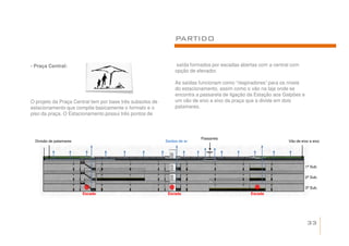 PARTIDO


- Praça Central:                                                saída formados por escadas abertas com a central com
                                                                opção de elevador.

                                                                As saídas funcionam como “respiradores” para os níveis
                                                                do estacionamento, assim como o vão na laje onde se
                                                                encontra a passarela de ligação da Estação aos Galpões e
O projeto da Praça Central tem por base três subsolos de        um vão de eixo a eixo da praça que a divide em dois
estacionamento que compõe basicamente o formato e o             patamares.
piso da praça. O Estacionamento possui três pontos de



                                                                           Passarela
  Divisão de patamares                                     Saídas de ar                                          Vão de eixo a eixo




                                                                                                                           1ª Sub.

                                                                                                                           2ª Sub.

                                                                                                                           3ª Sub.
                         Escada                             Escada                              Escada




                                                                                                                           33
 