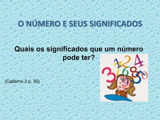 O NÚMERO E SEUS SIGNIFICADOS 
Quais os significados que um número 
pode ter? 
(Caderno 2 p. 30) 
 