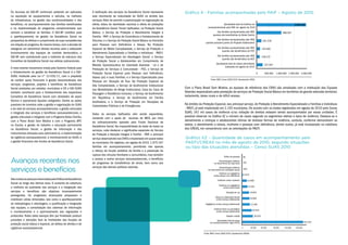 Com o Plano Brasil Sem Miséria, as equipes de referência dos CRAS são ampliadas com a instituição das Equipes
Volantes responsáveis pela prestação de serviços de Proteção Social Básica em territórios de grande extensão territorial,
isolamento, áreas rurais e de difícil acesso.
No âmbito da Proteção Especial, seu principal serviço, de Proteção e Atendimento Especializado a Famílias e Indivíduos
- PAEFI, já está implantado em 2.155 municípios. De acordo com os dados registrados em agosto de 2010 pelo Censo
SUAS, 161 mil casos de violência e/ou violação de direitos estavam sendo acompanhados por essas unidades. É
possível observar no Gráfico XZ o número de casos segundo os segmentos etários e tipos de violência. Destaca-se o
atendimento a crianças e adolescentes vítimas de diversas formas de violência, contudo, conforme demonstram os
dados, o atendimento a idosos, mulheres e pessoas com deficiência, dentre outros, já está incorporado no cotidiano
dos CREAS, em consonância com as orientações do PAEFI.
Os recursos do IGD-BF continuam podendo ser aplicados
na aquisição de equipamentos e veículos, na melhoria
de infraestrutura, na gestão das condicionalidades e dos
benefícios, no acompanhamento das famílias beneficiadas
e na implementação de programas complementares que
venham a beneficiar as famílias. O IGD-BF contribui para
o aperfeiçoamento da gestão da Assistência Social na
perspectiva de efetivar o cumprimento de suas competências
em relação ao programa.Ao mesmo tempo,com a decisão de
assegurar um percentual desses recursos para o adequado
funcionamento dos espaços de controle democrático, o
IGD-BF vem contribuindo para a melhoria da estrutura dos
Conselhos de Assistência Social nas esferas subnacionais.
O mais recente mecanismo criado pelo Governo Federal para
o fortalecimento da gestão da Assistência Social é o IGD-
SUAS. Instituído pela Lei nº 12.435/11, com o propósito
de conferir apoio financeiro à gestão descentralizada dos
serviços, programas, projetos e benefícios de Assistência
Social prestados por estados, municípios e DF, o IGD-SUAS
também contribuirá para o fortalecimento dos respectivos
Conselhos de Assistência Social com atividades de apoio
técnico e operacional àqueles colegiados. Dentre as ações
passíveis de incentivo cabe a gestão e organização do SUAS
e da rede de serviços socioassistenciais; a gestão articulada
e integrada dos serviços e benefícios socioassistenciais; a
gestão articulada e integrada com o Programa Bolsa Família,
com o Plano Brasil Sem Miséria e com o Programa BPC
na Escola; a gestão do trabalho e educação permanente
na Assistência Social; a gestão da informação e dos
instrumentos utilizados para administrá-la; a implementação
da vigilância socioassistencial; o monitoramento do SUAS; e
a gestão financeira dos fundos de Assistência Social.
Avançosrecentesnos
serviçosebenefícios
SãomuitososavançosvivenciadospelaPolíticadeAssistência
Social ao longo dos últimos anos. O aumento da cobertura,
a melhoria da qualidade dos serviços e a integração dos
serviços e benefícios são objetivos incansavelmente
perseguidos. Os progressos alcançados perpassam e
mobilizam várias dimensões, tais como o aperfeiçoamento
de metodologias e abordagens, a qualificação e integração
das equipes, a consolidação dos sistemas de informação
e monitoramento e o aprimoramento das regulações e
protocolos. Todos estes avanços têm por finalidade produzir
provisões e atenções face às finalidades das funções de
proteção social básica e especial, de defesa de direitos e de
vigilância socioassistencial.
A tipificação dos serviços da Assistência Social representa
este movimento de maturidade do SUAS no âmbito dos
serviços.Além de permitir a padronização na organização da
oferta, dotou de identidade nacional a oferta de proteções
da Assistência Social. Foram tipificados, na Proteção Social
Básica, o Serviço de Proteção e Atendimento Integral à
Família - PAIF; o Serviço de Convivência e Fortalecimento de
Vínculos; e o Serviço de Proteção Social Básica no Domicílio
para Pessoas com Deficiência e Idosas. Na Proteção
Especial de Média Complexidade, o Serviço de Proteção e
Atendimento Especializado a Famílias e Indivíduos - PAEFI;
o Serviço Especializado em Abordagem Social; o Serviço
de Proteção Social a Adolescentes em Cumprimento de
Medida Socioeducativa de Liberdade Assistida - LA e de
Prestação de Serviços à Comunidade - PSC; o Serviço de
Proteção Social Especial para Pessoas com Deficiência,
Idosos (as) e suas Famílias; e o Serviço Especializado para
Pessoas em Situação de Rua. Na Proteção Especial de
Alta Complexidade, o Serviço de Acolhimento Institucional
nas Modalidades de Abrigo Institucional, Casa-lar, Casa de
Passagem e Residência Inclusiva; o Serviço de Acolhimento
em República; o Serviço de Acolhimento em Família
Acolhedora; e o Serviço de Proteção em Situações de
Calamidades Públicas e de Emergências.
Todos os serviços tipificados vêm sendo expandidos,
contando com o apoio de recursos do MDS, por meio
do cofinanciamento operado pelo Fundo Nacional de
Assistência Social. Na impossibilidade de tratar de todos os
serviços, cabe destacar a significativa expansão do Serviço
de Proteção e Atenção Integral à Família - PAIF, o principal
serviço desenvolvido nos CRAS e implantado em quase todos
os municípios. Ele registrou, em agosto de 2010, 1.975.167
famílias em acompanhamento, permitindo não apenas
o reforço da função protetiva da família e a prevenção da
ruptura dos vínculos familiares e comunitários, mas também
o acesso a outros serviços socioassistenciais, a benefícios
de programas de transferência de renda, bem como aos
serviços das demais políticas setoriais.
Gráfico 4 - Famílias acompanhadas pelo PAIF – Agosto de 2010
Fonte: MDS. Censo SUAS 2010. Questionário CRAS.
Fonte: MDS. Censo SUAS 2010. Questionário CREAS.
Gráfico XZ – Quantidade de casos em acompanhamento pelo
PAEFI/CREAS no mês de agosto de 2010, segundo situações
ou tipo das situações atendidas – Censo SUAS 2010
1.975.167
986.597
201.278
134.635
129.272
237.507
0 500.000 1.000.000 1.500.000 2.000.000
Quantidade total de famílias em
acompanhamento pelo PAIF em agosto de 2010
Das famílias acompanhadas pelo PAIF,
quantas são beneficiárias do Bolsa Família
Das famílias acompanhadas pelo PAIF,
quantas possuem jovens do Projovem Adolescente
Das famílias acompanhadas pelo PAIF,
quantas são beneficiárias do PETI
Das famílias acompanhadas pelo PAIF,
quantas são beneficiárias do BCP
Quantidade total de visitas domiciliares
realizadas em agosto de 2010
Tráfico de pessoas
Discriminação/violência
em decorrência da raça/etnia
Discriminação/violência
em decorrência da orientação sexual
Violência ou negligência
contra pessoa com deficiência
Violência ou negligência
contra contra idoso
Situação de rua
Abuso ou Exploração Sexual
contra criança/adolescente
Negligência contra criança/adolescente
Violência física ou psicológica
contra criança/adolescente
Trabalho infantil
Quantidade total de casos
em acompanhamento (ago/2010)
Violência contra mulheres
0 30.000 60.000 90.000 120.000 150.000
161.016
28.978
25.616
21.465
20.082
19.878
14.343
12.849
2.873
654
82
231
 