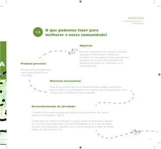 31
HUMANOS PARA
CRIANÇAS
DIREITOS
A
Objetivo:
Estimular a participação das crianças em pequenas
ações que contribuam para a melhoria da
convivência na comunidade.A oficina busca envolver
as crianças em processos de levantamento de
problemas que podem ser minimizados com a
contribuição delas.
Produto previsto:
Pequenas ações planejadas pelas
crianças para intervenção na
comunidade.
16
Desenvolvimento da atividade:
1. Dinâmica ou brincadeira, seguida pela memória da oficina anterior. Ver Guia de
Dinâmicas e Brincadeiras - Pág. 72.
2. Nesta etapa do Caderno do Educador, as crianças devem ser estimuladas a atuarem
nas suas comunidades.Vale juntar o lixo que está espalhado na rua, cuidar das plantas
do jardim da escola, praticar a gentileza com os vizinhos, obedecer às regras de trânsito,
realizar um “Dia do Abraço” etc.
O que podemos fazer para
melhorar a nossa comunidade?
Materiais necessários:
Papel A4 ou cartolina, lápis de cor, canetinhas hidrocor, papel colorido, cola e
tesouras. Podem ser acrescentados outros materiais que o educador, junto com as
crianças, achar convenientes de serem utilizados.
 