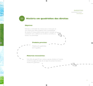 63
HUMANOS PARA
CRIANÇAS
DIREITOS
Objetivo:
Estimular a criatividade das crianças para a construção de
uma história que reflita problemas reais e possibilidades
de solução.A criança poderá propor gestos e atitudes que
contribuem com a melhoria da convivência na família, na
escola e na comunidade.
Produto previsto:
História em quadrinhos
em 4 quadros.
23 História em quadrinhos dos direitos
Materiais necessários:
Uma folha de papel A3 por criança ou grupo, dividida em 4 partes
(conforme página 67), lápis de cor, lápis de escrever, borracha e
revistas em quadrinhos.
 