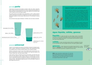 osferarecursos hídricosdesertificação hidrosferarecursos hídricosdesertificação hidrosf




                                                                                                                                                                                                                                                                                                                                                  osferarecursos hídricosdesertificação hidrosferarecursos hídricosdesertificação hidrosf
                                                                                                                  por toda parte
                                                                                                                                                                                                                                                                     VAMOS FAZER UMA MONTAGEM?
                                                                                                                  A água está por toda parte. Ela compõe os oceanos, mares, rios, riachos, nascentes,
                                                                                                                  poços. Chega às torneiras fabricadas pelo ser humano. É parte da seiva das plantas, do                                                             Além do nosso copo, precisamos de um recipiente mais largo e
                                                                                                                  líquido dos frutos, de nosso sangue e suor. Como vapor, espalha-se na atmosfera e gera                                                             mais alto do que ele, fita crepe, plástico transparente, uma pe-
                                                                                                                  nuvens. Também se torna neve, granizo, geleiras.                                                                                                   drinha e água misturada com sal. Vamos despejar a água salgada
                                                                                                                  Por que falar então em pouca água? É que quase toda ela – 97,5% – está nos mares e                                                                 no recipiente, até uma altura equivalente à metade da altura do
                                                                                                                  oceanos, temperada por sal. Dos 2,5% de água doce que restam, grande parte são ca-                                                                 copo. Em seguida, colocamos o copo vazio com a boca para cima
                                                                                                                  lotas polares e geleiras, de difícil acesso. Resta menos de 1% do total para o consumo                                                             dentro do recipiente (o copo fica cercado de água, mas seco na
                                                                                                                  humano!                                                                                                                                            parte interna). Aí, cobrimos o recipiente com o plástico, vedando a
                                                                                                                                                                                                                                                                     montagem nas laterais com fita crepe. Parecerá uma “miniestufa”.
                                                                                                                  Se resumíssemos toda a água do Planeta em 1.000 litros, veja como ficaria a proporção:                                                             Para terminar, colocamos a pedrinha sobre o plástico, posicionada
                                                                                                                                                                                                                                                                     sobre o centro do copo. O plástico afunda um pouco, mas não
                                                                                                                                                                                                                                                                     deve encostar na borda do copo.

                                                                                                                                                                                                                                                                     Vamos levar a montagem para um local ensolarado e observar diari-
                                                                                                                                                                                                                                                                     amente, por uma semana. O que acontece? Gotinhas “grudam” na
                                                                                                                                                                                                                                                                     parte interna do plástico (água evaporada e condensada), em espe-
                                                                                                                                                                                                                                                                     cial nos horários frios (noite, início da manhã), depois “chovem” no
                                                                                                                                                                                                                                                                     copo. Experimente: a água acumulada no copo é limpa e sem sal!
                                                                                               água salgada | 97,5% | 975 litros




                                                                                                     geleiras | 1,8% | 18 litros
                                                                                                                                                                                          agricultura | 69% | 4,24 litros    água líquida, sólida, gasosa
                                                                                                                                                                                                                             líquida.             É a água que existe nos cursos d’água, oceanos, mas também
                                                                                          água apta para consumo | 0,615% | 6,15 litros                                                   indústria | 23% | 1,42 litros      como parte do corpo humano, das plantas e animais. Você sabia que quase dois terços
                                                                                                                                                                                                                             de nosso corpo compõem-se de água? É uma proporção quase equivalente à da água
                                                                                                                                                                                                                             que recobre nosso Planeta Terra!

                                                                                                                                                                                          dessedentação | 8% | 0,49 litros
                                                                                                                                                                                          (água de beber)                    sólida.             É o gelo, que podemos observar dentro de congeladores. Na nature-
                                                                                                                                                                                                                             za, ele é encontrado como neve nas regiões mais frias, como granizo, geadas e geleiras.

                                                                                                                  solvente universal
                                                                                                                                                                                                                             gasosa.
                                                                                                                                                                                                                                                                                                                             De olho na relação
                                                                                                                                                                                                                                                    O vapor d’água que sai da panela de água fervente é o mesmo              entre os temas:
                                                                                                                  A água é a única substância que pode ser encontrada na natureza nos estados líquido,                                                                                                                       veja o caderno ar
                                                                                                                                                                                                                             presente na atmosfera. Tem a importante propriedade de conservar o calor dos raios
                                                                                                                  sólido ou gasoso, dependendo da temperatura ambiente. Essa característica faz dela                         solares, um dos fatores que permitiu o surgimento da vida na Terra.
                                                                                                                  uma substância única no Planeta. Também chamam-na de “solvente universal”.

                                                                                                                  Voltando à observação da água no copo. No seu estado natural, ela será incolor e ino-
                                                                                                                  dora. Se adicionarmos um pouco de sal e misturarmos bem, logo ele se dissolve. Fica
                                                                                                                  invisível a nossos olhos, mas muda o gosto da água.                                                        Saiba: A água é mais densa no estado líquido a 4ºC. Quer dizer,
                                                                                                                                                                                                                             ela fica menos densa (mais “leve”) tanto quando a temperatura fica
                                                                                                                  A água marinha contém em média 35 g de sal por litro de líquido, que é sete vezes mais
                                                                                                                                                                                                                             abaixo dos 4ºC, como ao esquentar. Confirmamos isso ao colocar
                                                                                                                  sal do que nosso organismo aceita. Nessa condição, ela é imprópria para o consumo
                                                                                                                                                                                                                             uma pedra de gelo no nosso copo de água. Ele bóia. Ou ao obser-
                                                                                                                  humano. Uma pessoa não sobrevive bebendo só água do mar. Ela também não serve
                                                                                                                                                                                                                             var a panela com água fervente. O vapor “sobe”.
                                                                                                                  para o uso direto na agricultura e na indústria. Por outro lado, muitas espécies vivem nos
                                                                                                                  oceanos e mares – das milimétricas algas até peixes e as enormes baleias. Precisam da
                                                                                                                 água salgada para sobreviver.                                                                                                                                                                                               
 