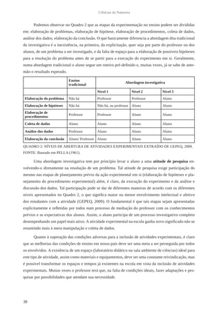 38
Ciências da Natureza
Podemos observar no Quadro 2 que as etapas da experimentação no ensino podem ser divididas
em: elaboração de problemas, elaboração de hipótese, elaboração de procedimentos, coleta de dados,
análise dos dados, elaboração da conclusão. O que basicamente diferencia a abordagem dita tradicional
da investigativa é a inexistência, na primeira, da explicitação, quer seja por parte do professor ou dos
alunos, de um problema a ser investigado, e da falta de espaço para a elaboração de possíveis hipóteses
para a resolução do problema antes de se partir para a execução do experimento em si. Geralmente,
numa abordagem tradicional o aluno segue um roteiro pré-definido e, muitas vezes, já se sabe de ante-
mão o resultado esperado.
Ensino
tradicional
Abordagem investigativa
Nível 1 Nível 2 Nível 3
Elaboração do problema Não há Professor Professor Aluno
Elaboração de hipóteses Não há Não há, ou professor Aluno Aluno
Elaboração de
procedimentos
Professor Professor Aluno Aluno
Coleta de dados Aluno Aluno Aluno Aluno
Análise dos dados Professor Aluno Aluno Aluno
Elaboração da conclusão Aluno/ Professor Aluno Aluno Aluno
QUADRO 2: NÍVEIS DE ABERTURA DE ATIVIDADES EXPERIMENTAIS EXTRAÍDO DE GEPEQ, 2009.
FONTE: Baseado em PELLA (1961).
Uma abordagem investigativa tem por princípio levar o aluno a uma atitude de pesquisa en-
volvendo-o diretamente na resolução de um problema. Tal atitude de pesquisa exige participação do
mesmo nas etapas de planejamento prévio da ação experimental em si (elaboração de hipóteses e pla-
nejamento do procedimento experimental) além, é claro, da execução do experimento e da análise e
discussão dos dados. Tal participação pode se dar de diferentes maneiras de acordo com os diferentes
níveis apresentados no Quadro 2, o que significa maior ou menor envolvimento intelectual e afetivo
dos estudantes com a atividade (GEPEQ, 2009). O fundamental é que tais etapas sejam apresentadas
explicitamente e refletidas por todos num processo de mediação do professor com os conhecimentos
prévios e as expectativas dos alunos. Assim, o aluno participa de um processo investigativo completo
desempenhando um papel mais ativo. A atividade experimental na escola ganha novo significado não se
resumindo mais à mera manipulação e coleta de dados.
Quanto à superação das condições adversas para a inclusão de atividades experimentais, é claro
que as melhorias das condições de ensino em nosso país deve ser uma meta a ser perseguida por todos
os envolvidos. A existência de um espaço (laboratório didático ou sala ambiente de ciências) ideal para
este tipo de atividade, assim como materiais e equipamentos, deve ser uma constante reivindicação, mas
é possível transformar os espaços e tempos já existentes na escola em vista da inclusão de atividades
experimentais. Muitas vezes o professor terá que, na falta de condições ideais, fazer adaptações e pes-
quisar por possibilidades que atendam sua necessidade.
 