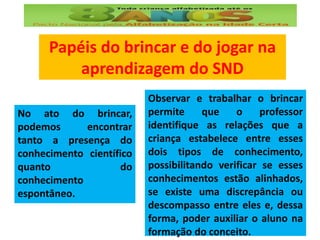 Papéis do brincar e do jogar na
aprendizagem do SND
No ato do brincar,
podemos encontrar
tanto a presença do
conhecimento científico
quanto do
conhecimento
espontâneo.
Observar e trabalhar o brincar
permite que o professor
identifique as relações que a
criança estabelece entre esses
dois tipos de conhecimento,
possibilitando verificar se esses
conhecimentos estão alinhados,
se existe uma discrepância ou
descompasso entre eles e, dessa
forma, poder auxiliar o aluno na
formação do conceito.
 