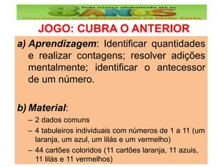 a) Aprendizagem: Identificar quantidades
e realizar contagens; resolver adições
mentalmente; identificar o antecessor
de um número.
b) Material:
– 2 dados comuns
– 4 tabuleiros individuais com números de 1 a 11 (um
laranja, um azul, um lilás e um vermelho)
– 44 cartões coloridos (11 cartões laranja, 11 azuis,
11 lilás e 11 vermelhos)
JOGO: CUBRA O ANTERIOR
 