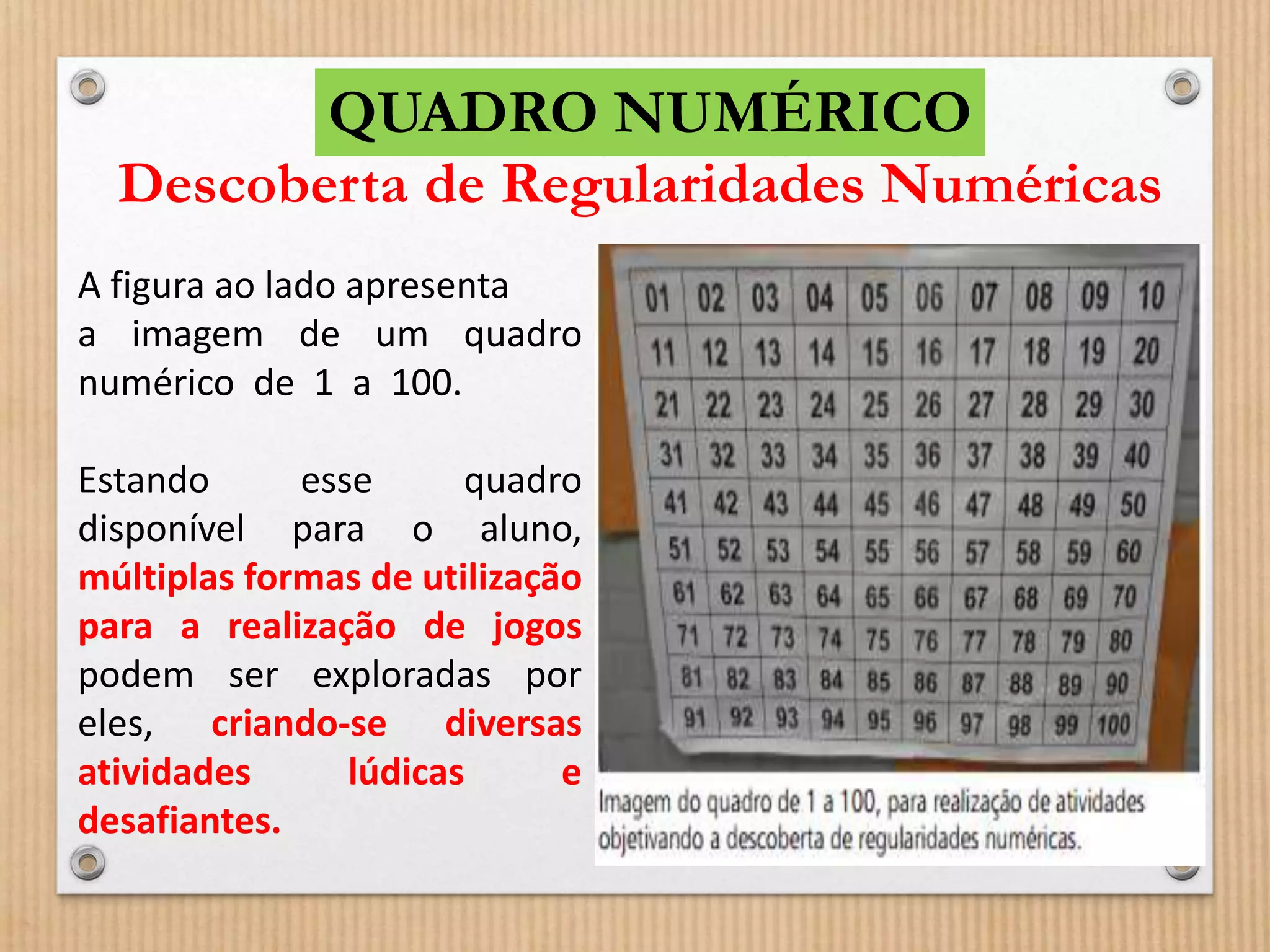 QUADRO NUMÉRICO 
Descoberta de Regularidades Numéricas 
A figura ao lado apresenta 
a imagem de um quadro 
numérico de 1 a 100. 
Estando esse quadro 
disponível para o aluno, 
múltiplas formas de utilização 
para a realização de jogos 
podem ser exploradas por 
eles, criando-se diversas 
atividades lúdicas e 
desafiantes. 
 