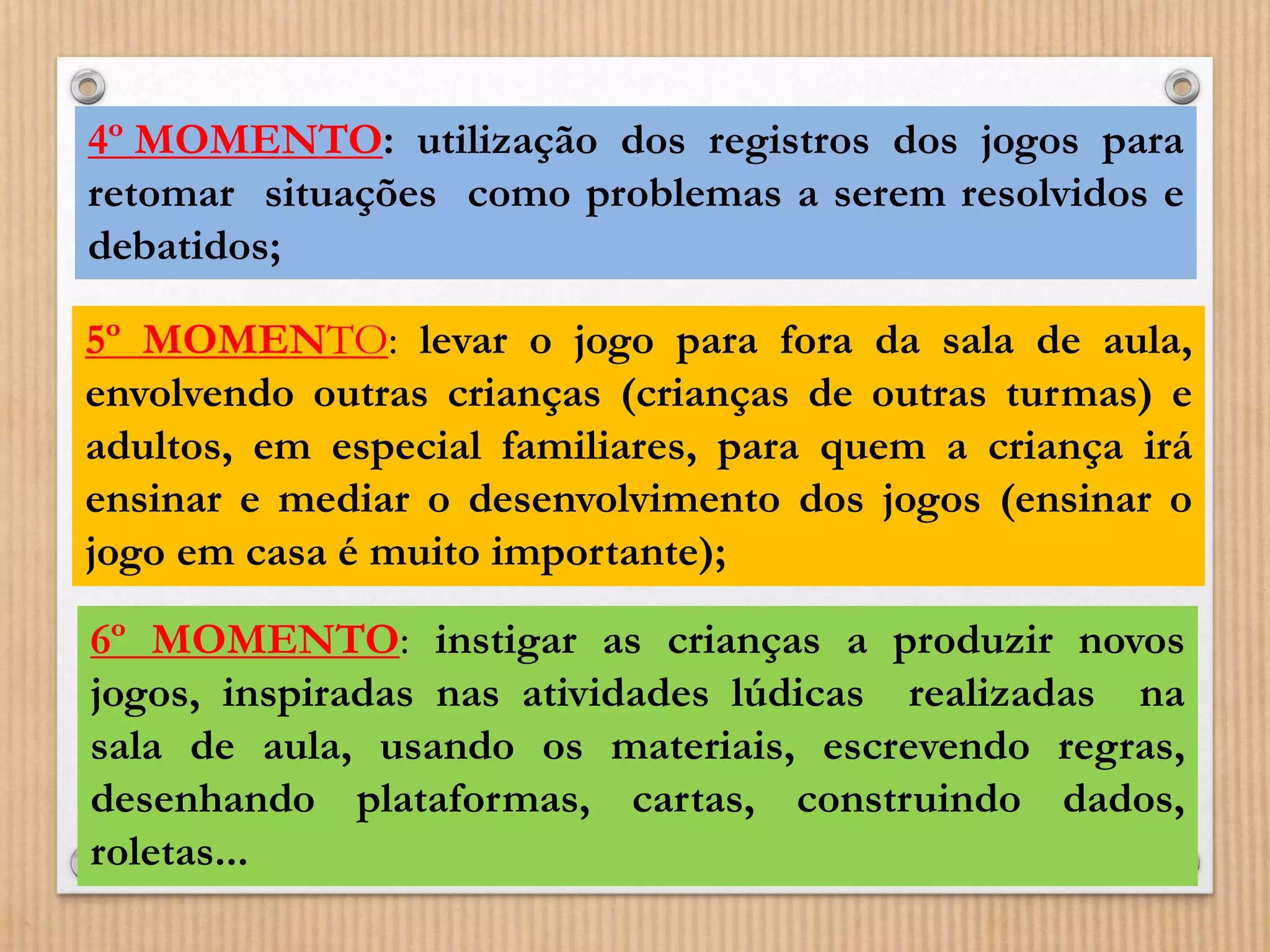 4º MOMENTO: utilização dos registros dos jogos para 
retomar situações como problemas a serem resolvidos e 
debatidos; 
5º MOMENTO: levar o jogo para fora da sala de aula, 
envolvendo outras crianças (crianças de outras turmas) e 
adultos, em especial familiares, para quem a criança irá 
ensinar e mediar o desenvolvimento dos jogos (ensinar o 
jogo em casa é muito importante); 
6º MOMENTO: instigar as crianças a produzir novos 
jogos, inspiradas nas atividades lúdicas realizadas na 
sala de aula, usando os materiais, escrevendo regras, 
desenhando plataformas, cartas, construindo dados, 
roletas... 
 