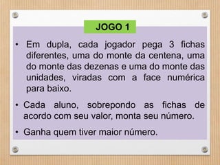 JOGO 1 
• Em dupla, cada jogador pega 3 fichas 
diferentes, uma do monte da centena, uma 
do monte das dezenas e uma do monte das 
unidades, viradas com a face numérica 
para baixo. 
• Cada aluno, sobrepondo as fichas de 
acordo com seu valor, monta seu número. 
• Ganha quem tiver maior número. 
 