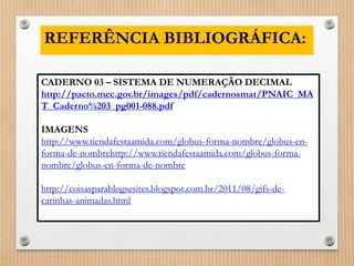 REFERÊNCIA BIBLIOGRÁFICA: 
CADERNO 03 – SISTEMA DE NUMERAÇÃO DECIMAL 
http://pacto.mec.gov.br/images/pdf/cadernosmat/PNAIC_MA 
T_Caderno%203_pg001-088.pdf 
IMAGENS 
http://www.tiendafestaamida.com/globus-forma-nombre/globus-en-forma- 
de-nombrehttp://www.tiendafestaamida.com/globus-forma-nombre/ 
globus-en-forma-de-nombre 
http://coisasparablogsesites.blogspot.com.br/2011/08/gifs-de-carinhas- 
animadas.html 
 