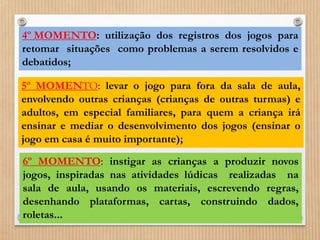 4º MOMENTO: utilização dos registros dos jogos para 
retomar situações como problemas a serem resolvidos e 
debatidos; 
5º MOMENTO: levar o jogo para fora da sala de aula, 
envolvendo outras crianças (crianças de outras turmas) e 
adultos, em especial familiares, para quem a criança irá 
ensinar e mediar o desenvolvimento dos jogos (ensinar o 
jogo em casa é muito importante); 
6º MOMENTO: instigar as crianças a produzir novos 
jogos, inspiradas nas atividades lúdicas realizadas na 
sala de aula, usando os materiais, escrevendo regras, 
desenhando plataformas, cartas, construindo dados, 
roletas... 
 