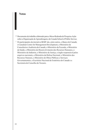 33
Notas
* Documento de trabalho elaborado para a Mesa-Redonda de Pesquisa-Ação
sobre a Organização deAprendizagem, do Canada School of Public Service.
1
Os participantes da iniciativa IKMF são, entre outros, o Banco do Canadá,
o Canadian Centre for Management Development, o Ministério de
Consultoria e Auditoria do Canadá, o Ministério da Fazenda, o Ministério
da Saúde, o Ministério do Desenvolvimento dos Recursos Humanos, o
Ministério da Indústria, o Ministério de Justiça, o órgão responsável pelos
arquivos nacionais, o Ministério da Defesa Nacional, o Ministério dos
Recursos Naturais, o Ministério de Obras Públicas e Serviços
Governamentais, o Escritório Nacional de Estatística do Canadá e a
Secretaria do Conselho do Tesouro.
 