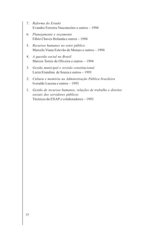 57
7. Reforma do Estado
Evandro Ferreira Vasconcelos e outros – 1994
6. Planejamento e orçamento
Fábio Chaves Holanda e outros – 1994
5. Recursos humanos no setor público
Marcelo Viana Estevão de Moraes e outros – 1994
4. A questão social no Brasil
Marcos Torres de Oliveira e outros – 1994
3. Gestão municipal e revisão constitucional
Luíza Erundina de Souza e outros – 1993
2. Cultura e memória na Administração Pública brasileira
Iveraldo Lucena e outros – 1993
1. Gestão de recursos humanos, relações de trabalho e direitos
sociais dos servidores públicos
Técnicos da ENAP e colaboradores – 1993
 