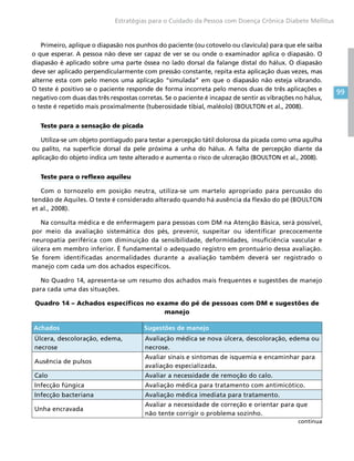 99
Estratégias para o Cuidado da Pessoa com Doença Crônica Diabete Mellitus
Primeiro, aplique o diapasão nos punhos do paciente (ou cotovelo ou clavícula) para que ele saiba
o que esperar. A pessoa não deve ser capaz de ver se ou onde o examinador aplica o diapasão. O
diapasão é aplicado sobre uma parte óssea no lado dorsal da falange distal do hálux. O diapasão
deve ser aplicado perpendicularmente com pressão constante, repita esta aplicação duas vezes, mas
alterne esta com pelo menos uma aplicação “simulada” em que o diapasão não esteja vibrando.
O teste é positivo se o paciente responde de forma incorreta pelo menos duas de três aplicações e
negativo com duas das três respostas corretas. Se o paciente é incapaz de sentir as vibrações no hálux,
o teste é repetido mais proximalmente (tuberosidade tibial, maléolo) (BOULTON et al., 2008).
Teste para a sensação de picada
Utiliza-se um objeto pontiagudo para testar a percepção tátil dolorosa da picada como uma agulha
ou palito, na superfície dorsal da pele próxima a unha do hálux. A falta de percepção diante da
aplicação do objeto indica um teste alterado e aumenta o risco de ulceração (BOULTON et al., 2008).
Teste para o reflexo aquileu
Com o tornozelo em posição neutra, utiliza-se um martelo apropriado para percussão do
tendão de Aquiles. O teste é considerado alterado quando há ausência da flexão do pé (BOULTON
et al., 2008).
Na consulta médica e de enfermagem para pessoas com DM na Atenção Básica, será possível,
por meio da avaliação sistemática dos pés, prevenir, suspeitar ou identificar precocemente
neuropatia periférica com diminuição da sensibilidade, deformidades, insuficiência vascular e
úlcera em membro inferior. É fundamental o adequado registro em prontuário dessa avaliação.
Se forem identificadas anormalidades durante a avaliação também deverá ser registrado o
manejo com cada um dos achados específicos.
No Quadro 14, apresenta-se um resumo dos achados mais frequentes e sugestões de manejo
para cada uma das situações.
Quadro 14 – Achados específicos no exame do pé de pessoas com DM e sugestões de
manejo
Achados Sugestões de manejo
Úlcera, descoloração, edema,
necrose
Avaliação médica se nova úlcera, descoloração, edema ou
necrose.
Ausência de pulsos
Avaliar sinais e sintomas de isquemia e encaminhar para
avaliação especializada.
Calo Avaliar a necessidade de remoção do calo.
Infecção fúngica Avaliação médica para tratamento com antimicótico.
Infecção bacteriana Avaliação médica imediata para tratamento.
Unha encravada
Avaliar a necessidade de correção e orientar para que
não tente corrigir o problema sozinho.
continua
 