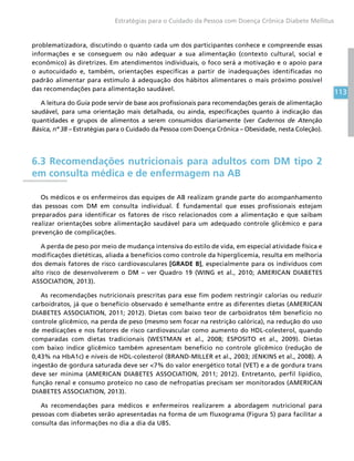 113
Estratégias para o Cuidado da Pessoa com Doença Crônica Diabete Mellitus
problematizadora, discutindo o quanto cada um dos participantes conhece e compreende essas
informações e se conseguem ou não adequar a sua alimentação (contexto cultural, social e
econômico) às diretrizes. Em atendimentos individuais, o foco será a motivação e o apoio para
o autocuidado e, também, orientações específicas a partir de inadequações identificadas no
padrão alimentar para estímulo à adequação dos hábitos alimentares o mais próximo possível
das recomendações para alimentação saudável.
A leitura do Guia pode servir de base aos profissionais para recomendações gerais de alimentação
saudável, para uma orientação mais detalhada, ou ainda, especificações quanto à indicação das
quantidades e grupos de alimentos a serem consumidos diariamente (ver Cadernos de Atenção
Básica, nº 38 – Estratégias para o Cuidado da Pessoa com Doença Crônica – Obesidade, nesta Coleção).
6.3 Recomendações nutricionais para adultos com DM tipo 2
em consulta médica e de enfermagem na AB
Os médicos e os enfermeiros das equipes de AB realizam grande parte do acompanhamento
das pessoas com DM em consulta individual. É fundamental que esses profissionais estejam
preparados para identificar os fatores de risco relacionados com a alimentação e que saibam
realizar orientações sobre alimentação saudável para um adequado controle glicêmico e para
prevenção de complicações.
A perda de peso por meio de mudança intensiva do estilo de vida, em especial atividade física e
modificações dietéticas, aliada a benefícios como controle da hiperglicemia, resulta em melhoria
dos demais fatores de risco cardiovasculares [GRADE B], especialmente para os indivíduos com
alto risco de desenvolverem o DM – ver Quadro 19 (WING et al., 2010; AMERICAN DIABETES
ASSOCIATION, 2013).
As recomendações nutricionais prescritas para esse fim podem restringir calorias ou reduzir
carboidratos, já que o benefício observado é semelhante entre as diferentes dietas (AMERICAN
DIABETES ASSOCIATION, 2011; 2012). Dietas com baixo teor de carboidratos têm benefício no
controle glicêmico, na perda de peso (mesmo sem focar na restrição calórica), na redução do uso
de medicações e nos fatores de risco cardiovascular como aumento do HDL-colesterol, quando
comparadas com dietas tradicionais (WESTMAN et al., 2008; ESPOSITO et al., 2009). Dietas
com baixo índice glicêmico também apresentam benefício no controle glicêmico (redução de
0,43% na HbA1c) e níveis de HDL-colesterol (BRAND-MILLER et al., 2003; JENKINS et al., 2008). A
ingestão de gordura saturada deve ser 7% do valor energético total (VET) e a de gordura trans
deve ser mínima (AMERICAN DIABETES ASSOCIATION, 2011; 2012). Entretanto, perfil lipídico,
função renal e consumo proteico no caso de nefropatias precisam ser monitorados (AMERICAN
DIABETES ASSOCIATION, 2013).
As recomendações para médicos e enfermeiros realizarem a abordagem nutricional para
pessoas com diabetes serão apresentadas na forma de um fluxograma (Figura 5) para facilitar a
consulta das informações no dia a dia da UBS.
 