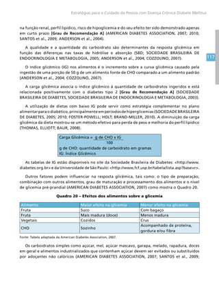 117
Estratégias para o Cuidado da Pessoa com Doença Crônica Diabete Mellitus
na função renal, perfil lipídico, risco de hipoglicemia e do seu efeito ter sido demonstrado apenas
em curto prazo [Grau de Recomendação A] (AMERICAN DIABETES ASSOCIATION, 2007; 2010;
SANTOS et al., 2009; ANDERSON et al., 2004).
A qualidade e a quantidade do carboidrato são determinantes da resposta glicêmica em
função das diferenças nas taxas de hidrólise e absorção (SBD; SOCIEDADE BRASILEIRA DE
ENDOCRINOLOGIA E METABOLOGIA, 2005; ANDERSON et al., 2004; COZZOLINO, 2007).
O índice glicêmico (IG) nos alimentos é o incremento sobre a curva glicêmica causado pela
ingestão de uma porção de 50 g de um alimento fonte de CHO comparado a um alimento padrão
(ANDERSON et al., 2004; COZZOLINO, 2007).
A carga glicêmica associa o índice glicêmico à quantidade de carboidratos ingeridos e está
relacionada positivamente com o diabetes tipo 2 [Grau de Recomendação A] (SOCIEDADE
BRASILEIRA DE DIABETES, SOCIEDADE BRASILEIRA DE ENDOCRINOLOGIA E METABOLOGIA, 2003).
A utilização de dietas com baixo IG pode servir como estratégia complementar no plano
alimentar para o diabético, principalmente em períodos de hiperglicemias (SOCIEDADE BRASILEIRA
DE DIABETES, 2005; 2010; FOSTER-POWELL; HOLT; BRAND-MILLER, 2010). A diminuição da carga
glicêmica da dieta mostrou-se um método efetivo para perda de peso e melhoria do perfil lipídico
(THOMAS, ELLIOTT; BAUR, 2008).
Carga Glicêmica = g de CHO x IG
100
g de CHO: quantidade de carboidrato em gramas
IG: Índice Glicêmico
As tabelas de IG estão disponíveis no site da Sociedade Brasileira de Diabetes: http://www.
diabetes.org.br e da Universidade de São Paulo: http://www.fcf.usp.br/tabela/lista.asp?base=r.
Outros fatores podem influenciar na resposta glicêmica, tais como: o tipo de preparação,
combinação com outros alimentos, grau de maturação e processamento dos alimentos e o nível
de glicemia pré-prandial (AMERICAN DIABETES ASSOCIATION, 2007) como mostra o Quadro 20.
Quadro 20 – Efeitos dos alimentos sobre a glicemia
Alimento Maior efeito na glicemia Menor efeito na glicemia
Fruta Suco Com bagaço
Fruta Mais madura (doce) Menos madura
Vegetais Cozidos Crus
CHO Sozinho
Acompanhado de proteína,
gordura e/ou fibra
Fonte: Tabela adaptada da American Diabetes Association, 2007.
Os carboidratos simples como açúcar, mel, açúcar mascavo, garapa, melado, rapadura, doces
em geral e alimentos industrializados que contenham açúcar devem ser evitados ou substituídos
por adoçantes não calóricos (AMERICAN DIABETES ASSOCIATION, 2007; SANTOS et al., 2009;
 