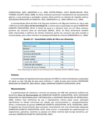 119
Estratégias para o Cuidado da Pessoa com Doença Crônica Diabete Mellitus
CARDIOLOGIA, 2007; ANDERSON et al., 2004; FOSTER-POWELL; HOLT; BRAND-MILLER, 2010;
THOMAS; ELLIOTT; BAUR, 2008). As fibras insolúveis promovem retardamento do esvaziamento
gástrico, o que prolonga a saciedade e produz efeito positivo na redução da ingestão calórica
(SOCIEDADE BRASILEIRA DE DIABETES, 2007; ANDERSON et al., 2004; ANISHA et al., 2000).
A recomendação diária de fibra é de 25g para mulheres e de 38g para homens ou 14g a cada
1.000 Kcal da dieta [Grau de Recomendação B], a mesma para a população em geral (AMERICAN
DIABETES ASSOCIATION, 2013). O farelo de aveia é o alimento mais rico em fibras solúveis,
portanto seu consumo deve ser estimulado (BRASIL, 2012). As fibras alimentares também
estão relacionadas à melhoria do trânsito intestinal; porém seu consumo não deve exceder à
recomendação, pois a fibra interfere na biodisponibilidade de minerais (ANDERSON et al., 2004).
Quadro 21 – Quantidade média de fibra nos alimentos
Porção do alimento Quantidade média de fibra
Maçã com casca 3 g
Banana 2 g
Laranja média 3 g
1/2 xícara de brócolis 2 g
Cenoura média 2 g
Tomate médio 2 g
1 xícara de alface 1 g
1 fatia de pão integral 2 g
1/2 xícara de arroz integral 2 g
Fonte: Reprodução da tabela do Guia Alimentar para a População Brasileira (BRASIL, 2006a).
Proteína
A recomendação da ingestão proteica para pessoas com DM 2 é a mesma utilizada para a população
em geral, ou seja: 0,8 g/kg de peso para mulheres e 1 g/Kg de peso para homens (SOCIEDADE
BRASILEIRA DE DIABETES, 2005; BRASIL, 2006a; AMERICAN DIABETES ASSOCIATION, 2010).
Micronutrientes
A suplementação de vitaminas e minerais em pessoas com DM não apresenta evidência de
benefícios [Grau de Recomendação A] (AMERICAN DIABETES ASSOCIATION, 2010; SOCIEDADE
BRASILEIRA DE ENDOCRINOLOGIA E METABOLOGIA e SOCIEDADE BRASILEIRA DE NEFROLOGIA,
2005), embora haja referências de que a hiperglicemia crônica possa causar alterações
significativas no estado nutricional em relação aos micronutrientes e, consequentemente,
afetar a homeostase da glicose (AMERICAN DIABETES ASSOCIATION, 2010; COZZOLINO, 2007).
A ingestão dos micronutrientes deve acontecer naturalmente com uma alimentação adequada
(AMERICAN DIABETES ASSOCIATION, 2010). Pode ocorrer a necessidade de suplementação em
vegetarianos, gestantes, lactantes ou pessoas em dietas restritas (pós-cirurgia bariátrica, por
exemplo) (AMERICAN DIABETES ASSOCIATION, 2007).
 