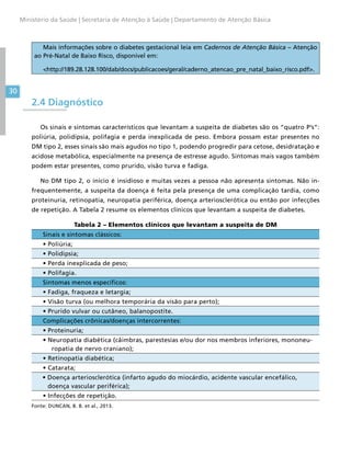 30
Ministério da Saúde | Secretaria de Atenção à Saúde | Departamento de Atenção Básica
Mais informações sobre o diabetes gestacional leia em Cadernos de Atenção Básica – Atenção
ao Pré-Natal de Baixo Risco, disponível em:
http://189.28.128.100/dab/docs/publicacoes/geral/caderno_atencao_pre_natal_baixo_risco.pdf.
2.4 Diagnóstico
Os sinais e sintomas característicos que levantam a suspeita de diabetes são os “quatro P’s”:
poliúria, polidipsia, polifagia e perda inexplicada de peso. Embora possam estar presentes no
DM tipo 2, esses sinais são mais agudos no tipo 1, podendo progredir para cetose, desidratação e
acidose metabólica, especialmente na presença de estresse agudo. Sintomas mais vagos também
podem estar presentes, como prurido, visão turva e fadiga.
No DM tipo 2, o início é insidioso e muitas vezes a pessoa não apresenta sintomas. Não in-
frequentemente, a suspeita da doença é feita pela presença de uma complicação tardia, como
proteinuria, retinopatia, neuropatia periférica, doença arteriosclerótica ou então por infecções
de repetição. A Tabela 2 resume os elementos clínicos que levantam a suspeita de diabetes.
Tabela 2 – Elementos clínicos que levantam a suspeita de DM
Sinais e sintomas clássicos:
• Poliúria;
• Polidipsia;
• Perda inexplicada de peso;
• Polifagia.
Sintomas menos específicos:
• Fadiga, fraqueza e letargia;
• Visão turva (ou melhora temporária da visão para perto);
• Prurido vulvar ou cutâneo, balanopostite.
Complicações crônicas/doenças intercorrentes:
• Proteinuria;
• Neuropatia diabética (câimbras, parestesias e/ou dor nos membros inferiores, mononeu-
ropatia de nervo craniano);
• Retinopatia diabética;
• Catarata;
• Doença arteriosclerótica (infarto agudo do miocárdio, acidente vascular encefálico,
doença vascular periférica);
• Infecções de repetição.
Fonte: DUNCAN, B. B. et al., 2013.
 