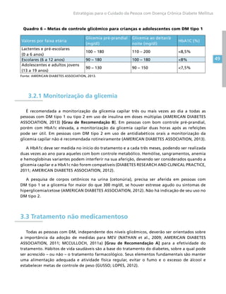 49
Estratégias para o Cuidado da Pessoa com Doença Crônica Diabete Mellitus
Quadro 6 – Metas de controle glicêmico para crianças e adolescentes com DM tipo 1
Valores por faixa etária
Glicemia pré-prandial
(mg/dl)
Glicemia ao deitar/à
noite (mg/dl)
HbA1C (%)
Lactentes e pré-escolares
(0 a 6 anos)
100 – 180 110 – 200 8,5%
Escolares (6 a 12 anos) 90 – 180 100 – 180 8%
Adolescentes e adultos jovens
(13 a 19 anos)
90 – 130 90 – 150 7,5%
Fonte: AMERICAN DIABETES ASSOCIATION, 2013.
3.2.1 Monitorização da glicemia
É recomendada a monitorização da glicemia capilar três ou mais vezes ao dia a todas as
pessoas com DM tipo 1 ou tipo 2 em uso de insulina em doses múltiplas (AMERICAN DIABETES
ASSOCIATION, 2013) [Grau de Recomendação B]. Em pessoas com bom controle pré-prandial,
porém com HbA1c elevada, a monitorização da glicemia capilar duas horas após as refeições
pode ser útil. Em pessoas com DM tipo 2 em uso de antidiabéticos orais a monitorização da
glicemia capilar não é recomendada rotineiramente (AMERICAN DIABETES ASSOCIATION, 2013).
A HbA1c deve ser medida no início do tratamento e a cada três meses, podendo ser realizada
duas vezes ao ano para aqueles com bom controle metabólico. Hemólise, sangramentos, anemia
e hemoglobinas variantes podem interferir na sua aferição, devendo ser considerados quando a
glicemia capilar e a HbA1c não forem compatíveis (DIABETES RESEARCH AND CLINICAL PRACTICE,
2011; AMERICAN DIABETES ASSOCIATION, 2012).
A pesquisa de corpos cetônicos na urina (cetonúria), precisa ser aferida em pessoas com
DM tipo 1 se a glicemia for maior do que 300 mg/dl, se houver estresse agudo ou sintomas de
hiperglicemia/cetose (AMERICAN DIABETES ASSOCIATION, 2012). Não há indicação de seu uso no
DM tipo 2.
3.3 Tratamento não medicamentoso
Todas as pessoas com DM, independente dos níveis glicêmicos, deverão ser orientados sobre
a importância da adoção de medidas para MEV (NATHAN et al., 2009; AMERICAN DIABETES
ASSOCIATION, 2011; MCCULLOCH, 2011a) [Grau de Recomendação A] para a efetividade do
tratamento. Hábitos de vida saudáveis são a base do tratamento do diabetes, sobre a qual pode
ser acrescido – ou não – o tratamento farmacológico. Seus elementos fundamentais são manter
uma alimentação adequada e atividade física regular, evitar o fumo e o excesso de álcool e
estabelecer metas de controle de peso (GUSSO; LOPES, 2012).
 
