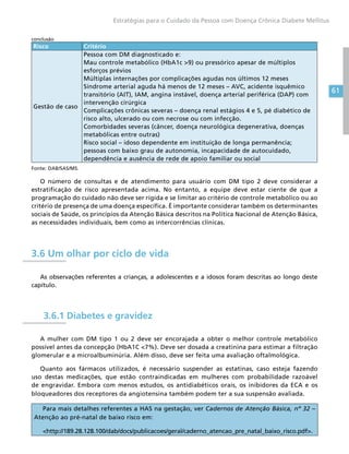 61
Estratégias para o Cuidado da Pessoa com Doença Crônica Diabete Mellitus
Risco Critério
Gestão de caso
Pessoa com DM diagnosticado e:
Mau controle metabólico (HbA1c 9) ou pressórico apesar de múltiplos
esforços prévios
Múltiplas internações por complicações agudas nos últimos 12 meses
Síndrome arterial aguda há menos de 12 meses – AVC, acidente isquêmico
transitório (AIT), IAM, angina instável, doença arterial periférica (DAP) com
intervenção cirúrgica
Complicações crônicas severas – doença renal estágios 4 e 5, pé diabético de
risco alto, ulcerado ou com necrose ou com infecção.
Comorbidades severas (câncer, doença neurológica degenerativa, doenças
metabólicas entre outras)
Risco social – idoso dependente em instituição de longa permanência;
pessoas com baixo grau de autonomia, incapacidade de autocuidado,
dependência e ausência de rede de apoio familiar ou social
Fonte: DAB/SAS/MS.
O número de consultas e de atendimento para usuário com DM tipo 2 deve considerar a
estratificação de risco apresentada acima. No entanto, a equipe deve estar ciente de que a
programação do cuidado não deve ser rígida e se limitar ao critério de controle metabólico ou ao
critério de presença de uma doença específica. É importante considerar também os determinantes
sociais de Saúde, os princípios da Atenção Básica descritos na Política Nacional de Atenção Básica,
as necessidades individuais, bem como as intercorrências clínicas.
3.6 Um olhar por ciclo de vida
As observações referentes a crianças, a adolescentes e a idosos foram descritas ao longo deste
capítulo.
3.6.1 Diabetes e gravidez
A mulher com DM tipo 1 ou 2 deve ser encorajada a obter o melhor controle metabólico
possível antes da concepção (HbA1C 7%). Deve ser dosada a creatinina para estimar a filtração
glomerular e a microalbuminúria. Além disso, deve ser feita uma avaliação oftalmológica.
Quanto aos fármacos utilizados, é necessário suspender as estatinas, caso esteja fazendo
uso destas medicações, que estão contraindicadas em mulheres com probabilidade razoável
de engravidar. Embora com menos estudos, os antidiabéticos orais, os inibidores da ECA e os
bloqueadores dos receptores da angiotensina também podem ter a sua suspensão avaliada.
Para mais detalhes referentes a HAS na gestação, ver Cadernos de Atenção Básica, nº 32 –
Atenção ao pré-natal de baixo risco em:
http://189.28.128.100/dab/docs/publicacoes/geral/caderno_atencao_pre_natal_baixo_risco.pdf.
conclusão
 