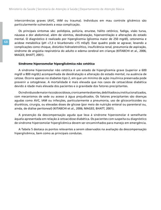 68
Ministério da Saúde | Secretaria de Atenção à Saúde | Departamento de Atenção Básica
intercorrências graves (AVC, IAM ou trauma). Indivíduos em mau controle glicêmico são
particularmente vulneráveis a essa complicação.
Os principais sintomas são: polidipsia, poliúria, enurese, hálito cetônico, fadiga, visão turva,
náuseas e dor abdominal, além de vômitos, desidratação, hiperventilação e alterações do estado
mental. O diagnóstico é realizado por hiperglicemia (glicemia maior de 250 mg/dl), cetonemia e
acidose metabólica (pH 7,3 e bicarbonato 15 mEq/l). Esse quadro pode se agravar, levando a
complicações como choque, distúrbio hidroeletrolítico, insuficiência renal, pneumonia de aspiração,
síndrome de angústia respiratória do adulto e edema cerebral em crianças (KITABCHI et al., 2006;
MAGEE; BHATT, 2001).
Síndrome hiperosmolar hiperglicêmica não cetótica
A síndrome hiperosmolar não cetótica é um estado de hiperglicemia grave (superior a 600
mg/dl a 800 mg/dL) acompanhada de desidratação e alteração do estado mental, na ausência de
cetose. Ocorre apenas no diabetes tipo 2, em que um mínimo de ação insulínica preservada pode
prevenir a cetogênese. A mortalidade é mais elevada que nos casos de cetoacidose diabética
devido à idade mais elevada dos pacientes e à gravidade dos fatores precipitantes.
Osindivíduosdemaiorriscosãoosidosos,cronicamentedoentes,debilitadosouinstitucionalizados,
com mecanismos de sede ou acesso à água prejudicados. Os fatores precipitantes são doenças
agudas como AVC, IAM ou infecções, particularmente a pneumonia, uso de glicocorticoides ou
diuréticos, cirurgia, ou elevadas doses de glicose (por meio de nutrição enteral ou parenteral ou,
ainda, de diálise peritoneal) (KITABCHI et al., 2006; MAGEE; BHATT, 2001).
A prevenção da descompensação aguda que leva à síndrome hiperosmolar é semelhante
àquela apresentada em relação à cetoacidose diabética. Os pacientes com suspeita ou diagnóstico
de síndrome hiperosmolar hiperglicêmica devem ser encaminhados para manejo em emergência.
A Tabela 5 destaca os pontos relevantes a serem observados na avaliação da descompensação
hiperglicêmica, bem como as principais condutas.
 