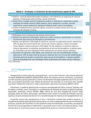 69
Estratégias para o Cuidado da Pessoa com Doença Crônica Diabete Mellitus
Tabela 5 – Avaliação e tratamento da descompensação aguda do DM
Avaliação Diagnóstica
• História: causa da descompensação (mudança e não aderência ao esquema de insulina,
doenças e medicações intercorrentes, abuso alimentar).
• Exame físico: pressão arterial, frequência cardíaca e respiratória, temperatura axilar,
avaliação do estado mental, hálito cetônico, boca, garganta e ouvidos, ausculta
respiratória, exame abdominal, gânglios linfáticos, pele, exame neurológico.
• Exames complementares: glicemia capilar, cetonúria e exame comum de urina, se
sintomas de infecção urinária.
Conduta
• Hidratação oral e tratamento da doença intercorrente.
• Pessoas com glicemia 250 mg/dL, cetonúria e hálito cetônico, desidratação ou vômitos:
encaminhar para serviço de emergência prontamente.
• Pessoas com glicemia 250 mg/dL e cetonúria, mas sem os agravantes acima: administrar
20% da dose de insulina diária sob a forma de insulina regular e revisar em quatro
horas. Repetir a dose se glicemia 250 mg/dL. Se não melhorar no próximo teste ou
mostrar agravantes, encaminhar prontamente ao serviço de emergência. A pessoa deve
ser hidratada com soro fisiológico 0,9% endovenoso em acesso venoso calibroso.
• Pacientes com glicemia 250 mg/dL, sem cetonúria, mas com manifestações clínicas,
administrar 10% da dose total de insulina e observar de 4 em 4 horas até estabilização.
Havendo piora do quadro, encaminhar para serviço de emergência. A pessoa também
deve ser hidratada com soro fisiológico 0,9% endovenoso em acesso venoso calibroso.
Fonte: DAB/SAS/MS.
4.2.2 Hipoglicemia
Hipoglicemia é a diminuição dos níveis glicêmicos – com ou sem sintomas – para valores abaixo de
70 mg/dL (AMERICAN DIABETES ASSOCIATION, 2013). Os sintomas clínicos, entretanto, usualmente
ocorrem quando a glicose plasmática é menor de 60 mg/dl a 50 mg/dl, podendo esse limiar ser mais
alto, para aqueles pacientes cujas médias de glicemias são elevadas, ou mais baixo para aqueles
que fazem tratamento intensivo e estão acostumados a glicemias mais baixas (BRASIL, 2012).
Geralmente, a queda da glicemia leva a sintomas neuroglicopênicos (fome, tontura, fraqueza, dor
de cabeça, confusão, coma, convulsão) e a manifestações de liberação do sistema simpático (sudorese,
taquicardia, apreensão, tremor) (CRYER, 2008). Fatores de risco para hipoglicemia incluem idade
avançada, abuso de álcool, desnutrição, insuficiência renal, atraso ou omissão de refeições, exercício
vigoroso, consumo excessivo de álcool e erro na administração de insulina ou de hipoglicemiante oral.
A grande maioria das hipoglicemias é leve e facilmente tratável pelo próprio paciente. A
hipoglicemia pode ser grave quando a pessoa ignora ou trata inadequadamente suas manifestações
precoces, quando não reconhece ou não apresenta essas manifestações, ou quando a secreção de
hormônios contrarreguladores é deficiente, o que pode ocorrer com a evolução da doença. Todo
esforço deve ser feito para prevenir tais hipoglicemias graves ou tratá-las prontamente.
 