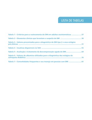 LISTA DE TABELAS
Tabela 1 – Critérios para o rastreamento do DM em adultos assintomáticos .................... 27
Tabela 2 – Elementos clínicos que levantam a suspeita de DM ........................................... 30
Tabela 3 – Valores preconizados para o diagnóstico de DM tipo 2 e seus estágios
pré-clínicos ............................................................................................................................... 31
Tabela 4 – Insulinas disponíveis no SUS ................................................................................. 55
Tabela 5 – Avaliação e tratamento da descompensação aguda do DM................................ 69
Tabela 6 – Valores de albumina utilizados para o diagnóstico dos estágios da
nefropatia diabética ................................................................................................................ 76
Tabela 7 – Comorbidades frequentes e seu manejo em pessoas com DM .......................... 81
 