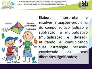 Elaborar, interpretar e 
resolver situações-problema 
do campo aditivo (adição e 
subtração) e multiplicativo 
(multiplicação e divisão), 
utilizando e comunicando 
suas estratégias pessoais, 
envolvendo os seus 
diferentes significados; 
 